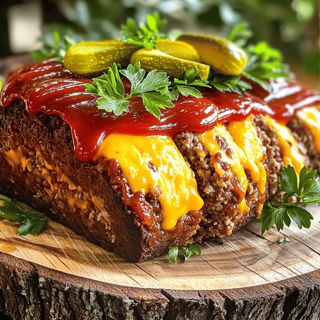 - 1 ½ pounds ground beef - 1 cup shredded sharp cheddar cheese - ½ cup seasoned breadcrumbs - ½ cup finely chopped yellow onion - ½ cup ketchup (plus additional for topping) - 2 large eggs - 1 tablespoon Worcestershire sauce - 1 teaspoon garlic powder - 1 teaspoon onion powder - ½ teaspoon smoked paprika - Salt and freshly ground black pepper - ½ cup dill pickles, chopped - Fresh parsley, chopped I love to create recipes that bring joy to families. Cheeseburger meatloaf is one of those dishes. It has all the flavors of a classic cheeseburger, but in a warm and hearty loaf. The main ingredients are simple. Ground beef gives it a rich base, while cheddar cheese adds a sharp flavor. The seasoned breadcrumbs help bind everything together. Next, we have onion and ketchup. The onion adds sweetness, and the ketchup gives it moisture and a hint of tang. For the extra flavor, I always use Worcestershire sauce. This sauce adds depth and umami, making each bite burst with taste. Now let’s talk about the spices. Garlic powder and onion powder brighten the flavor. Smoked paprika adds a touch of warmth and smokiness that is hard to resist. Remember to season with salt and black pepper to bring everything together. If you want to elevate your dish, consider garnishing with dill pickles and chopped parsley. Dill pickles offer a crunchy contrast, while parsley adds fresh color. For the full recipe, be sure to check out the detailed instructions. This dish is not just easy to make but also a fun family favorite. Everyone loves a good meatloaf! - Preheat oven to 350°F (175°C). - Mix ground beef, cheese, breadcrumbs, onion, and ketchup in a large bowl. To start, I preheat my oven to 350°F (175°C). This makes sure the meatloaf cooks evenly. Next, I grab a large bowl. In this bowl, I combine 1 ½ pounds of ground beef, 1 cup of shredded sharp cheddar cheese, ½ cup of seasoned breadcrumbs, ½ cup of finely chopped yellow onion, and ½ cup of ketchup. I mix these ingredients until they are well blended. - Whisk eggs, Worcestershire sauce, and spices in a separate bowl. - Integrate the egg mixture into the meat mixture thoroughly. In another bowl, I whisk together 2 large eggs, 1 tablespoon of Worcestershire sauce, 1 teaspoon of garlic powder, 1 teaspoon of onion powder, and ½ teaspoon of smoked paprika. I also add some salt and pepper to taste. After it is frothy, I pour this egg mixture into the meat mixture. I stir it all together very well until everything is fully combined and no egg streaks are left. - Shape the mixture into a loaf in a greased pan. - Top with remaining ketchup and bake for about 1 hour. Now, I transfer the meat mixture into a greased loaf pan. I shape it into a nice loaf that fits well in the pan. Next, I take the remaining 2 tablespoons of ketchup and spread it evenly over the top of the meatloaf. This gives it a lovely glaze. I then place the pan in the preheated oven and bake for about 1 hour until it reaches an internal temperature of 160°F (70°C). - Rest after baking and garnish with pickles and parsley before serving. After baking, I carefully take the meatloaf out of the oven. I let it rest for at least 10 minutes. This step helps keep the meatloaf juicy. To finish, I garnish it with chopped pickles and fresh parsley. This adds color and flavor, making it look as good as it tastes. For the full recipe, check out the details provided earlier. - Use high-quality ground beef for better taste. - Allow ingredients to come to room temperature before mixing. Using good ground beef makes a big difference in flavor. I always choose 80/20 ground beef for a juicy result. Letting your other ingredients warm up helps them blend well. Cold items can make the meat tough. - Avoid overmixing the meat mixture to keep it tender. - Let the meatloaf rest to retain moisture after baking. Mix just enough so everything blends. Overmixing can lead to a dry meatloaf. After baking, let it rest for ten minutes. This step keeps the juices inside, making each slice moist and tasty. - Pair with creamy mashed potatoes and steamed vegetables. - Drizzle with additional ketchup for added flavor. For a classic touch, serve with mashed potatoes and veggies. A little ketchup on top adds extra flavor, too. I love garnishing with chopped pickles or parsley for a pop of color. For the full recipe, check out the details above. {{image_4}} You can change the taste of your cheeseburger meatloaf by using different cheeses. Mozzarella gives a nice stretch, while pepper jack adds a kick. For spice lovers, mixing in jalapeños or hot sauce makes it exciting. You can adjust flavors to fit your family's taste. If you want a lighter option, use ground turkey or chicken instead of beef. This swap keeps the meatloaf juicy while cutting fat. For those who need gluten-free meals, use gluten-free breadcrumbs. It keeps the texture without the gluten. You can easily adjust this recipe to serve more or fewer people. Simply scale the ingredients up or down based on your needs. For a fun twist, try using a muffin tin. This method makes small, individual meatloaves that cook quicker and are perfect for kids. Check out the Full Recipe for more details! To keep your cheeseburger meatloaf fresh, refrigerate it in an airtight container. It can last for up to 3-4 days. Always make sure it is cooled completely before storing. This helps maintain its great texture. If you want to store it longer, wrap the meatloaf tightly in foil or plastic wrap. Then, place it in a freezer bag. It will keep well for up to 3 months in the freezer. This way, you can enjoy it later. When you are ready to eat your frozen meatloaf, thaw it overnight in the refrigerator. For the best results, reheat it in the oven. Make sure it is warmed thoroughly to enjoy it fully. - Approximately 1 hour, with a resting period before slicing. Cheeseburger meatloaf needs about one hour in the oven. Cooking times may vary based on your oven. Use a meat thermometer to check for doneness. The internal temperature should reach 160°F (70°C). After baking, let it rest for about 10 minutes. This resting time helps keep it juicy and easy to slice. - Yes, it can be assembled and refrigerated before baking. You can prepare the cheeseburger meatloaf in advance. Mix your ingredients and shape the loaf. Cover it tightly with plastic wrap or foil. Place it in the fridge for up to 24 hours. When you are ready, bake it straight from the fridge. Just remember to adjust the cooking time as needed. - Consider mashed potatoes, green beans, or a fresh garden salad. Cheeseburger meatloaf pairs well with many sides. Creamy mashed potatoes bring comfort and flavor. Steamed green beans add a nice crunch and color. A fresh garden salad offers a crisp, healthy contrast. You can also serve it with fries for a fun twist. - Ensure to mix ingredients well and let the meatloaf rest after baking to set. To keep your meatloaf from crumbling, mix the ingredients well. Don’t overmix, as this can make it tough. After baking, let it rest for at least 10 minutes. This helps it firm up and makes slicing easier. Following these steps will give you a perfect meatloaf slice every time. This blog post covers how to make a tasty cheeseburger meatloaf. We explored essential ingredients, mixing steps, and tips for the best flavor and texture. You can tweak this recipe with different cheeses or make it leaner with ground turkey. Remember to store leftovers properly for later enjoyment. This dish pairs great with mashed potatoes and greens. Try this fun twist on meatloaf at your next meal. Your family will love it!