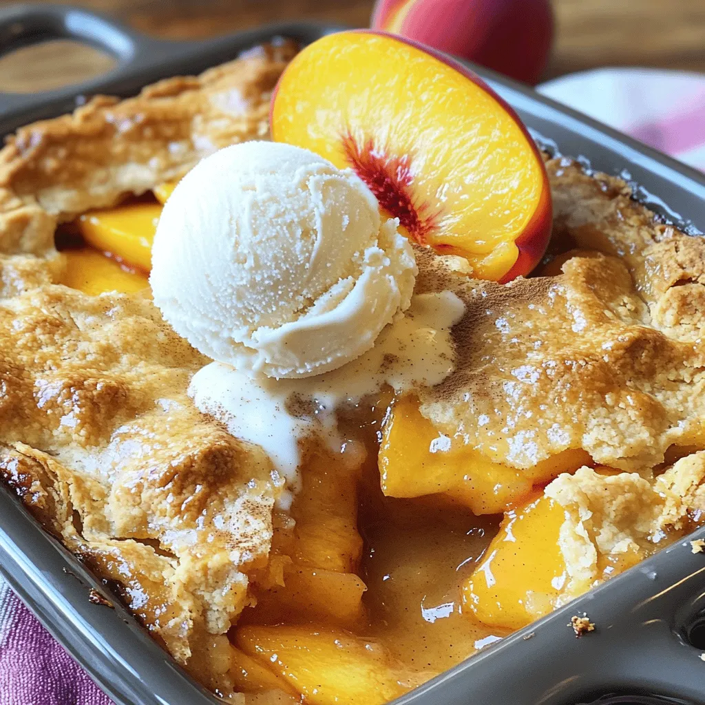 To make this easy Southern peach cobbler, gather these main ingredients: - 4 cups fresh peaches, peeled and sliced - 1 cup granulated sugar, divided - 1 teaspoon pure vanilla extract - 1 teaspoon ground cinnamon - 1 tablespoon freshly squeezed lemon juice - 1 cup all-purpose flour, sifted - 1 tablespoon baking powder - 1/2 teaspoon fine salt - 1 cup whole milk, at room temperature - 1/2 cup unsalted butter, melted and slightly cooled These ingredients combine to create a sweet and comforting dessert that makes everyone smile. You can also add some optional ingredients for extra flavor: - 1 teaspoon ground nutmeg (for a warm spice) - Vanilla ice cream (for serving, highly recommended) Using nutmeg gives a nice aroma to the cobbler. Serving it with ice cream makes it even better! If you don’t have some ingredients, here are some substitutions: - Use frozen peaches instead of fresh ones. Just thaw and drain them well. - Swap granulated sugar for brown sugar for a deeper flavor. - For a dairy-free option, use almond milk or coconut milk instead of whole milk. - You can replace all-purpose flour with gluten-free flour for a gluten-free version. These swaps can help you make the recipe suit your needs. Enjoy this delightful treat with your own twist! For the complete recipe, check out the [Full Recipe]. Start by washing and peeling 4 cups of fresh peaches. Slice them into thin wedges. In a big bowl, mix the peach slices with 1/2 cup of granulated sugar, 1 teaspoon of vanilla extract, 1 teaspoon of ground cinnamon, and 1 tablespoon of lemon juice. Toss gently to coat the peaches well. Let this sit for about 10 minutes. This step lets the peaches soak in the sugar and spices, making them sweeter and tastier. In another bowl, whisk together 1 cup of sifted all-purpose flour, 1 tablespoon of baking powder, 1/2 teaspoon of fine salt, and the remaining 1/2 cup of sugar. This dry mix is the base for your batter. Slowly add 1 cup of whole milk while stirring gently. Mix just until combined; be careful not to overmix. Finally, fold in 1/2 cup of melted and slightly cooled unsalted butter. This will make your batter smooth and rich. Pour the batter into a greased 9x13-inch baking dish. Spread it evenly across the bottom. Next, spoon the marinated peach mixture over the batter. Do not stir; this helps create those lovely layers in the cobbler. If you like, sprinkle some ground nutmeg on top for extra flavor. Place the dish in an oven preheated to 350°F (175°C) and bake for 40-45 minutes. Look for a golden brown top and bubbly surface. Once done, let it cool for a few minutes before serving. This lets the flavors deepen and makes it easier to scoop out. You can find the full recipe [here](#). Pick ripe peaches for the best taste. Look for peaches that are soft but not mushy. They should smell sweet and fragrant. A little give when you press them means they are ready. Avoid peaches with bruises or dark spots. You want to enjoy the fresh, juicy flavor in your cobbler. One mistake is overmixing the batter. This can lead to a tough cobbler. Mix just until combined for a light texture. Another common error is using unripe peaches. This can make your cobbler less sweet and flavorful. Always taste your peaches before adding them. Lastly, don’t stir the peach mixture into the batter. Just layer it on top for that perfect cobbler effect. To get great texture, use cold butter in your batter. This helps create a light, flaky crust. Adding lemon juice brightens the peach flavor. Also, don’t skip the vanilla! It adds warmth and depth to the dish. For extra flavor, sprinkle nutmeg on top before baking. This will enhance the sweet peach taste. Follow these tips for a truly delightful peach cobbler experience. Check the Full Recipe for more details! {{image_4}} You can add other fruits to your peach cobbler for a fun twist. Try using berries, like blueberries or raspberries, alongside the peaches. Apples also work great. Just keep the same amount of fruit. Mix the fruits in with your peaches, and enjoy a burst of flavors. If you need a gluten-free option, swap the all-purpose flour for a gluten-free blend. Many stores sell these blends. Make sure it has a good mix of flours for the best results. Follow the same instructions as the original recipe. You will still get a tasty cobbler! To make this recipe vegan, replace the butter with coconut oil or a vegan butter. You can also use almond milk or soy milk instead of whole milk. For the eggs, you can try using flaxseed meal mixed with water. Just mix one tablespoon of flaxseed meal with three tablespoons of water and let it sit until it thickens. These changes keep the cobbler delicious and plant-based. For the full recipe, check out the earlier section. To keep your leftover peach cobbler fresh, store it in an airtight container. Place it in the fridge. This will help maintain its taste and texture. Try to eat it within three to four days for the best flavor. If you want to save some cobbler for later, freezing is a great option. First, let the cobbler cool completely. Then, cut it into portions. Wrap each piece tightly in plastic wrap, then place them in a freezer-safe bag. You can freeze it for up to three months. To reheat, take a piece out and let it thaw in the fridge overnight. Then, warm it in the oven at 350°F for about 15 minutes. This keeps it soft and tasty. Leftover peach cobbler is delicious on its own, but you can make it even better. Serve it warm with a scoop of vanilla ice cream. The cold ice cream melts into the warm cobbler, creating a tasty mix. You can also top it with whipped cream or a sprinkle of cinnamon for extra flavor. If you're feeling adventurous, add some nuts for crunch. Enjoy the cozy taste of Southern peach cobbler even after the main meal! You can serve peach cobbler with many tasty sides. Here are some ideas: - Vanilla ice cream adds a creamy touch. - Whipped cream gives it a lightness. - Fresh mint leaves add a pop of color and flavor. - A sprinkle of cinnamon enhances the warm spices. These sides make each bite even better. Yes, you can use canned peaches. They save time and are easy to find. Just make sure to drain them well. Here’s how to adapt the recipe: - Use about 3 cups of canned peaches. - Reduce the sugar by a bit since canned peaches are sweet. This way, you still get that delicious cobbler taste. You can tell if the cobbler is done by looking and testing. Here are some signs: - The top should be golden brown. - The edges should be bubbly. - A toothpick inserted into the center should come out clean. If these signs are met, your cobbler is ready to enjoy! This blog post covered all you need to know about making easy Southern peach cobbler. We looked at the key ingredients, from peaches to optional flavors. I shared step-by-step instructions to prep, mix, and bake the cobbler perfectly. You learned tips to pick ripe peaches and avoid common mistakes. We explored fun variations, storage tips, and answered your FAQs. With this knowledge, you can create a delicious peach cobbler, perfect for any occasion. Enjoy your baking!