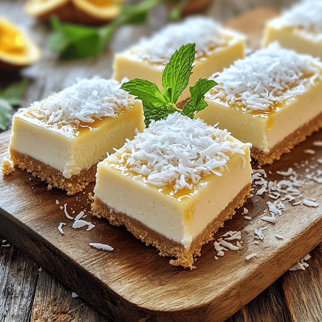 - 1 cup almond flour - 1/4 cup unsweetened shredded coconut - 3 tablespoons coconut oil, melted - 2 tablespoons honey or maple syrup (for crust) - 1 cup low-fat cream cheese, softened - 1/2 cup Greek yogurt - 1/4 cup honey or maple syrup (for filling, additional) - 2 large eggs - 1 teaspoon vanilla extract - 1/2 teaspoon coconut extract - Pinch of salt Using low-fat ingredients helps keep these cheesecake bars lighter. Low-fat cream cheese and Greek yogurt reduce calories. They still give you that creamy taste you love. This means you can enjoy dessert without the guilt. You can satisfy your sweet tooth and feel good about it too. Plus, using natural sweeteners like honey or maple syrup adds flavor without excess sugar. If you want to switch things up, there are easy swaps. You can use oat flour instead of almond flour for a different texture. If you're not a fan of coconut, try crushed nuts for the crust. You can also use a dairy-free cream cheese for a vegan option. Maple syrup can be replaced with agave nectar if desired. These simple substitutions keep the recipe flexible and fun! Start by preheating your oven to 325°F (160°C). This helps the cheesecake bake evenly. Next, grab an 8x8 inch baking pan. Line it with parchment paper. Make sure you leave some overhang on the sides. This will help you lift the bars out later. In a medium mixing bowl, combine these ingredients: - 1 cup almond flour - 1/4 cup unsweetened shredded coconut - 3 tablespoons coconut oil, melted - 2 tablespoons honey or maple syrup Mix everything well until it looks crumbly. Then, press this mixture firmly into the bottom of your lined pan. Make sure it’s even and compact. In a large mixing bowl, beat 1 cup of softened low-fat cream cheese with a hand mixer. Mix until it is smooth and free of lumps. Next, add: - 1/2 cup Greek yogurt - 1/4 cup honey or maple syrup (additional) - 2 large eggs - 1 teaspoon vanilla extract - 1/2 teaspoon coconut extract - A pinch of salt Beat these ingredients together on medium speed until the mixture is creamy and well-combined. Pour the cheesecake filling over your cooled crust. Use a spatula to spread it evenly. Place the pan back in the oven. Bake for 25-30 minutes. The filling should set but still jiggle slightly in the center. Avoid overbaking to keep it creamy. Once baked, let the bars cool at room temperature for about 1 hour. After that, transfer the pan to the fridge. Chill for at least 4 hours or overnight. This helps the flavors blend and the texture firm up. When you’re ready to serve, lift the bars out using the parchment overhang. Place them on a cutting board and slice into squares. For a nice touch, you can dust the tops with extra shredded coconut before serving. Enjoy your Skinny Coconut Cheesecake Bars! To create a great crust, use almond flour. It gives a nice nutty flavor. Mix it with shredded coconut for added texture. Mix the dry ingredients with melted coconut oil and honey until crumbly. Press it into your pan firmly. This helps it hold together. Bake it until light golden. This gives the crust a crisp edge. Let it cool before adding the filling. Cooling helps the crust stay firm. For a creamy filling, use softened low-fat cream cheese. Beat it until smooth with a mixer. This makes sure there are no lumps. Add Greek yogurt for a tangy taste and extra creaminess. Mix in honey or maple syrup for sweetness. Add eggs one at a time while mixing. This helps the filling blend well. Finally, add vanilla and coconut extracts for flavor. Don’t over-mix once you add the eggs; just blend until combined. This keeps the filling light and fluffy. Make your bars look great by dusting them with extra shredded coconut. A sprinkle of coconut adds a nice touch. You can also add a sprig of fresh mint for color. For a sweet finish, drizzle honey or maple syrup on top. Slice the bars into squares for easy serving. Serve them chilled for the best taste. Pair these bars with fresh fruit for a refreshing contrast. Enjoy your beautiful, tasty Skinny Coconut Cheesecake Bars! For the complete recipe, check the Full Recipe. {{image_4}} You can play with flavors in these bars. Try adding chocolate for a rich treat. Just mix in chocolate chips or a swirl of melted chocolate. Citrus flavors also work well. A little lemon or lime zest can brighten the taste. You might also enjoy adding a dash of almond extract for a unique twist. If you have dietary needs, there are many swaps. For a vegan option, replace eggs with flaxseed or chia seeds mixed with water. Use a plant-based cream cheese and yogurt for a creamy texture. If you’re avoiding sugar, use stevia or a sugar alternative in place of honey. These changes keep the bars tasty while fitting your diet. These cheesecake bars are already gluten-free thanks to almond flour. If you want more options, you can use coconut flour or oat flour. Just remember to adjust the amount, as these flours absorb moisture differently. Always check your labels to ensure all ingredients are gluten-free. This way, everyone can enjoy the treat! For the full recipe, check out [Full Recipe]. To keep your Skinny Coconut Cheesecake Bars fresh, store them in the fridge. Use an airtight container to prevent any odors from other foods. You can also cover the bars tightly with plastic wrap. Make sure they are completely cool before storage. This helps maintain their creamy texture and flavor. When stored properly, these cheesecake bars can last about 5 to 7 days in the refrigerator. If you want to keep them longer, freezing is a great option. Always check for any signs of spoilage before eating, even if they are within the time frame. To freeze your cheesecake bars, cut them into squares first. Wrap each square in plastic wrap, then place them in a freezer-safe bag or container. You can freeze them for up to 3 months. When you’re ready to eat, just thaw in the fridge overnight. This keeps them tasty and prevents freezer burn. For the best results, enjoy them within a month of freezing. Yes, you can use regular cream cheese. I prefer low-fat cream cheese for a lighter dessert. It helps keep the calorie count lower and still gives a rich flavor. If you want a creamier texture, regular cream cheese works just fine. You’ll know the cheesecake is done when it’s set but still has a slight jiggle in the center. This means it’s creamy and not overbaked. A good test is to gently shake the pan. If the edges are firm but the middle wobbles, it’s ready to come out. Absolutely! Toppings can make your cheesecake bars even more fun. Some tasty choices include fresh fruit, whipped cream, or extra shredded coconut. You can also drizzle honey or chocolate on top for added sweetness. Be creative with your toppings! Each bar is a treat that balances flavor and health. On average, one bar contains about 120 calories, 8 grams of fat, and 5 grams of protein. This means you can enjoy a sweet dessert without too much guilt. For the full nutritional breakdown, check out the Full Recipe. In this post, we explored making delicious low-fat cheesecake bars. We covered ingredients, step-by-step baking methods, tips for a perfect texture, and storage options. Remember, you can substitute ingredients based on your needs and try new flavors for added fun. These bars are versatile and storage-friendly. Enjoy making a tasty treat that fits your lifestyle. With these tips, you’ll impress everyone with your cheesecake skills!