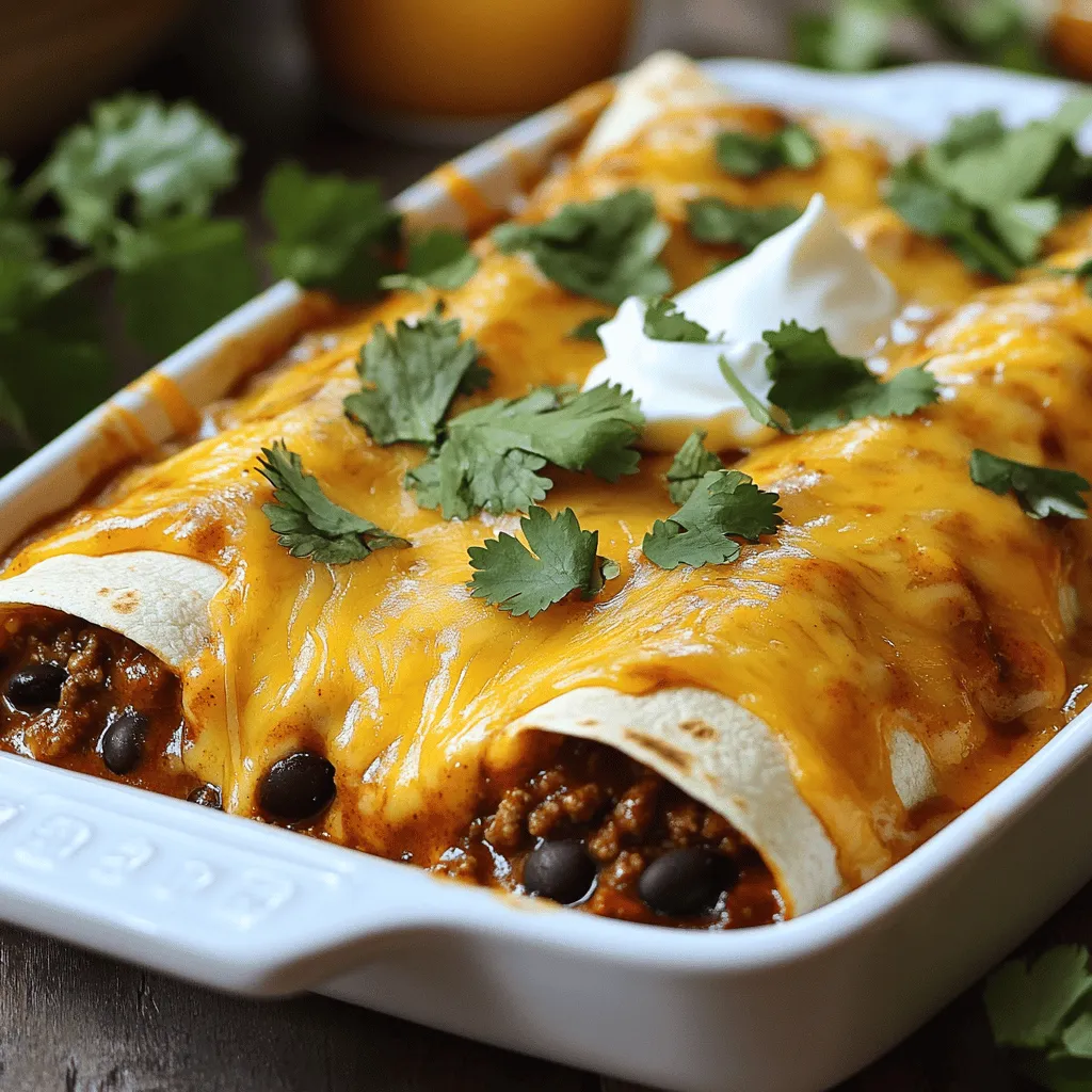 - 1 lb ground beef - 1 small onion, finely chopped - 2 cloves garlic, minced - 1 teaspoon ground cumin - 1 teaspoon chili powder - 1 can (15 oz) black beans, drained and rinsed - 2 cups shredded cheddar cheese - 1 cup enchilada sauce (homemade or store-bought) - 8 small flour tortillas - 2 tablespoons olive oil - Salt and black pepper, to taste - Fresh cilantro and sour cream for garnish (optional) The main ingredients for this recipe center around ground beef, onion, garlic, cumin, and chili powder. These flavors blend well and create a rich base for the enchiladas. Ground beef adds protein, while the onion and garlic provide depth. Cumin and chili powder give that classic Mexican flavor. In the additional ingredients, black beans add fiber and a nice texture. Cheese is vital too. It melts beautifully and gives that gooey, satisfying bite. The enchilada sauce ties everything together. You can pick store-bought for speed or homemade for a personal touch. For the tortillas, small flour ones work best. They roll easily around the filling. Warming them helps prevent cracking. Olive oil adds richness, while salt and pepper season the dish perfectly. Finally, fresh cilantro and sour cream can brighten the meal, adding color and flavor. If you're ready to dive deeper, you can find the full recipe in the article. - Preheat the oven to 350°F (175°C). - Gather all ingredients and tools needed. - In a large skillet, heat 2 tablespoons of olive oil over medium heat. - Add 1 small onion, finely chopped, and 2 cloves of minced garlic. - Sauté for about 3-4 minutes until the onion is soft. - Increase heat to medium-high and add 1 lb of ground beef. - Cook while breaking apart the beef until it’s browned, around 5-7 minutes. - Stir in 1 teaspoon of ground cumin and 1 teaspoon of chili powder. - Season with salt and black pepper to taste. - Fold in 1 can of drained and rinsed black beans, cooking for 2 more minutes. - Warm 8 small flour tortillas in a separate pan for 30 seconds on each side. - This makes them easy to roll without cracking. - On each tortilla, place about 1/3 cup of the beef mixture in the center. - Add a sprinkle of shredded cheese on top. - Roll each tortilla tightly around the filling. - Place the rolled enchiladas seam-side down in a greased 9x13 inch baking dish. - Pour enchilada sauce over the top, covering all the tortillas. - Sprinkle the remaining cheese on top. - Bake in the preheated oven for 20-25 minutes. - Look for bubbling cheese and a golden brown top. - Let cool for a few minutes before serving. - Enjoy with fresh cilantro and a dollop of sour cream, if desired. For the full recipe, check out the Cheesy Ground Beef Enchiladas. How do you prevent tortillas from cracking? To keep tortillas from cracking, warm them first. Heat them in a pan for 30 seconds on each side. This makes them soft and easy to roll. You can also cover them with a damp cloth to keep them warm and moist while you work. What are the best methods for browning ground beef? Use medium-high heat to brown ground beef. Break it apart with a spatula for even cooking. Stir it often to avoid burning. This gives you a nice, rich flavor. Season the meat early with salt and pepper for better taste. How can you experiment with spices and herbs? Try adding spices like paprika or oregano for extra flavor. Fresh herbs like cilantro can brighten the taste. Start with small amounts, then add more as you taste. This helps you find what you like best. Should you use homemade or store-bought enchilada sauce? Homemade sauce often tastes fresher. You can control the spice level and ingredients. Store-bought sauce is quick and easy. Choose one with fewer additives for a healthier option. Both can work well for your enchiladas. What tips are there for choosing the right cheese? For enchiladas, cheddar or Monterey Jack are great choices. They melt well and add a creamy taste. Mix different cheeses for a richer flavor. Just make sure they are shredded for easy melting. How do you achieve the perfect melt and texture? To get a nice melt, sprinkle cheese on top of the enchiladas before baking. Bake them until the cheese is bubbling and slightly golden. This gives you a great texture. A little browning adds flavor and looks nice too. Explore the full recipe for Cheesy Ground Beef Enchiladas to put these tips into action. {{image_4}} You can swap ground beef for other proteins. Ground turkey or chicken works well. Both options keep the meal light and tasty. For a meatless choice, try using black beans or lentils. They add protein and flavor without meat. You can still enjoy a filling meal while being kind to the planet. Add a twist to your enchiladas with different flavors. For a Southwestern style, mix in corn and diced peppers. This gives a sweet and crunchy bite. If you like heat, add sliced jalapeños. They spice up the dish and bring a bold taste. Both styles can change your enchilada experience. Worried about gluten? Use gluten-free tortillas. They taste great and work just like regular ones. If you follow a low-carb or keto diet, try using lettuce wraps instead. This keeps your meal light while still being satisfying. You can enjoy delicious enchiladas without the carbs. To store your leftover enchiladas, allow them to cool first. Place them in an airtight container. This keeps them fresh and tasty. I like using glass containers, but plastic works too. Just make sure they seal well. You can freeze enchiladas before or after baking. If you freeze them unbaked, wrap each one in foil. This helps keep them from getting freezer burn. To freeze baked enchiladas, let them cool completely first. Then, cover them tightly with foil. When you’re ready to eat, thaw them in the fridge overnight. Bake at 350°F until hot. In the fridge, enchiladas last about 3 to 4 days. If you freeze them, they last up to 3 months. Check for signs of spoilage like a bad smell or odd colors. If anything seems off, it’s best to throw it out. Enchiladas are made of tortillas filled with various ingredients. The main filling often includes ground beef, cheese, and beans. You can use different meats, like chicken or turkey. Some people even make vegetarian enchiladas with vegetables or beans. The tortillas are rolled up and covered in a tasty sauce, usually enchilada sauce. The sauce can be red, green, or even homemade. Yes, you can make enchiladas ahead of time. To prepare, cook the beef mixture and fill the tortillas as directed. Instead of baking them, cover the dish with foil and refrigerate it. You can store them for a day or two before baking. Just remember to bake them longer if they are cold from the fridge. This lets the flavors meld and saves time on busy nights. There are many great sides to serve with enchiladas. You can try a simple salad with lettuce, tomatoes, and avocado. Rice and beans also make a nice pairing. For a crunchy touch, tortilla chips with salsa are a hit. When it comes to drinks, try serving them with a cold soda or iced tea. Adding a fresh salsa or guacamole on the side adds extra flavor. If you want to make these delicious dishes, check out the full recipe for Cheesy Ground Beef Enchiladas. Making enchiladas is simple and fun. We covered the main ingredients, cooking steps, tips, and variations. You can easily customize these dishes to suit your taste and dietary needs. Whether you want spicy or vegetarian options, there’s something for everyone. Proper storage keeps leftovers fresh for later enjoyment. I hope you feel inspired to create your own delicious enchiladas at home. Enjoy every bite!