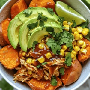 - BBQ Chicken Ingredients - 2 boneless, skinless chicken breasts - 1 cup of your favorite BBQ sauce (store-bought or homemade) - Roasted Sweet Potato Ingredients - 2 medium sweet potatoes, peeled and cut into small cubes - 2 tablespoons extra-virgin olive oil - 1 teaspoon smoked paprika - 1 teaspoon garlic powder - Salt and freshly cracked black pepper to taste - Toppings and Garnishes - 1 cup corn (drained if using canned, or thawed if using frozen) - 1 ripe avocado, sliced - 1 cup fresh cilantro, roughly chopped - Lime wedges, for serving To make the BBQ chicken and roasted sweet potato bowls, gather these ingredients. The chicken provides protein and a smoky flavor. Sweet potatoes add sweetness and texture. Toppings like corn and avocado enhance the meal. Fresh cilantro adds brightness, while lime offers a zesty kick. With these ingredients, you're ready to create a delightful dish. For the full recipe, check the detailed instructions above. - Preheating the Oven: Start by preheating your oven to 425°F (220°C). This heat helps the sweet potatoes roast perfectly. - Coating Sweet Potatoes with Seasonings: In a big bowl, mix the diced sweet potatoes with 2 tablespoons of olive oil, 1 teaspoon of smoked paprika, 1 teaspoon of garlic powder, and salt and pepper to taste. Make sure every piece is coated well. - Roasting Instructions: Spread the sweet potatoes on a baking sheet in one layer. Roast them for about 25-30 minutes. Toss them halfway through for even cooking. They should be golden and soft when ready. - Heating the Grill Pan/Skillet: While the sweet potatoes roast, heat a grill pan or skillet over medium heat. This is where the chicken will get its nice crust. - Seasoning and Cooking Chicken: Take 2 boneless chicken breasts and season them with salt and pepper. Cook them for about 5-7 minutes on each side. Brush BBQ sauce on the chicken in the last few minutes to add flavor and caramelize the outside. - Shredding the Chicken: After cooking, let the chicken rest for 5 minutes. Then, use two forks to shred the chicken into bite-sized pieces. This makes it easier to mix into your bowls. - Layering Ingredients: Grab large bowls. Start with a layer of roasted sweet potatoes. Then, add a generous portion of shredded BBQ chicken on top. - Adding Toppings: Top the chicken with a scoop of corn and slices of fresh avocado. These ingredients add texture and flavor. - Serving Suggestions: Sprinkle fresh cilantro over the bowls. Serve with lime wedges to add a fresh squeeze of lime juice for a zesty kick. This BBQ Chicken & Roasted Sweet Potato Bowl is a delightful meal that combines flavors and textures. Each bite offers a perfect mix of sweet, savory, and creamy. For the complete recipe, check the [Full Recipe]. - Tips for Juicy Chicken: To keep your chicken juicy, marinate it in BBQ sauce for at least 30 minutes. This adds flavor and moisture. Avoid overcooking, as this can dry it out. Aim for an internal temperature of 165°F (74°C). - BBQ Sauce Recommendations: Use your favorite BBQ sauce. I love a sweet and tangy blend. If you like heat, try a spicy version. Homemade sauces can elevate your dish even more. You can mix different sauces for a unique flavor. - Cooking Methods: Grill vs Skillet: Grilling gives a nice char and smoky flavor. If you prefer a skillet, use high heat for a good sear. Both methods work well. Just make sure the chicken cooks evenly. - Choosing the Right Sweet Potatoes: Look for firm, smooth sweet potatoes without blemishes. The color can vary, so choose what you like. Orange-fleshed varieties are sweeter, while purple ones have a more earthy taste. - Achieving Optimal Roasting: Cut sweet potatoes into small cubes for even cooking. Toss them with olive oil and seasonings to coat well. Roast at 425°F (220°C) until fork-tender, usually 25-30 minutes. Stir halfway for even browning. - Variations in Seasoning: While smoked paprika and garlic powder are great, don’t be afraid to experiment. Try cinnamon for sweetness or cayenne for heat. Each spice can change the entire flavor profile. - Making the Dish Instagram-worthy: Layer your bowls neatly. Start with sweet potatoes, then add shredded chicken. The colors should pop! Use a white bowl for contrast to make the colors stand out. - Garnishing Ideas: Fresh cilantro adds color and flavor. Slices of avocado offer creaminess. Lime wedges bring a fresh, zesty kick. Don’t skip these garnish steps; they make the dish look and taste better. - Serving Style Variations: You can serve these bowls family-style or individually. Consider adding a side salad for extra crunch. Each serving can be topped with extra BBQ sauce for those who love more flavor. This BBQ Chicken & Roasted Sweet Potato Bowls recipe is simple yet rewarding. You can find the full recipe above to guide you through every step. {{image_4}} Gluten-Free Options If you need gluten-free meals, this dish is easy to adapt. Use gluten-free BBQ sauce. Double-check labels to ensure no hidden gluten. Sweet potatoes and all other ingredients are naturally gluten-free. Vegan Adaptations For a vegan option, swap chicken for grilled tofu or tempeh. Use a plant-based BBQ sauce. You can also add chickpeas for protein. This way, you keep the flavors and stay true to your diet. Different BBQ Sauces to Try The BBQ sauce can change the whole dish. Try a spicy sauce for heat, or a sweet sauce for a different taste. You can even make your own sauce using honey, mustard, and vinegar. Each option brings a new twist to your bowl. Additional Ingredients for Extra Flavor Add more veggies for crunch. Bell peppers or red onions work well. You can also sprinkle in some cheese or nuts for texture. Each bite can surprise you with a new taste. Substituting Proteins Feel free to switch proteins. Grilled shrimp or pulled pork can fit in just right. You can even use beans for a hearty, meatless meal. The options are endless, so pick what you love. Adding Grains or Greens Consider adding grains like quinoa or rice for a filling bowl. You can also mix in fresh greens like spinach or kale for more nutrients. These additions not only boost flavor but also make the meal more balanced. For the complete experience, refer to the Full Recipe and get started on your BBQ Chicken & Roasted Sweet Potato Bowls today! To keep your BBQ chicken and roasted sweet potato bowls fresh, use these tips: - Best Practices for Refrigeration: Cool the dish to room temperature before storing. This step prevents condensation, which can make the food soggy. Use a tight lid to seal the container well. Store in the fridge for up to three days. - Container Recommendations: Use airtight glass or plastic containers. Glass containers are great for reheating in the oven or microwave. Plastic containers work well, too, as long as they are BPA-free. Reheating your leftovers can be simple! - Microwaving vs Oven Heating: Microwaving is quick, but oven heating keeps the texture better. For the microwave, heat on medium power for 1-2 minutes. For the oven, preheat to 350°F (175°C) and bake for 10-15 minutes. - Tips for Maintaining Texture: If using the microwave, cover the bowl with a damp paper towel to keep moisture in. For the oven, add a splash of water to the bowl to prevent drying. If you want to keep your meal longer, freezing is a great option! - Freezing Guidelines: Allow the dish to cool completely. Place in freezer-safe containers or bags. Remove as much air as possible to prevent freezer burn. It can last up to three months in the freezer. - Thawing and Reheating Tips: Thaw in the fridge overnight for best results. Reheat using the methods above. If reheating from frozen, increase oven time to about 20-25 minutes. With these storage tips, you can enjoy your BBQ chicken and roasted sweet potato bowls even days later! Find the full recipe to make this delightful meal. Can I use different proteins? Yes, you can easily swap out the chicken for other proteins. Try pork, beef, or even tofu for a plant-based option. Each will bring its own flavor and texture to the bowl. Just adjust the cooking time based on the protein you choose. How do I know the chicken is cooked through? To check the chicken, use a meat thermometer. It should reach 165°F (75°C) at the thickest part. If you don’t have a thermometer, cut the chicken. It should be white all the way through, with no pink left. Cook it longer if needed. What can I add to the bowls for extra nutrition? You can add many ingredients to boost nutrition. Consider adding leafy greens like spinach or kale for vitamins. Black beans or chickpeas add protein and fiber. You could also include diced bell peppers or cherry tomatoes for extra color and crunch. For more details, check out the Full Recipe for BBQ Chicken & Roasted Sweet Potato Bowls! In this post, I covered how to create tasty BBQ chicken and roasted sweet potato bowls. I shared the key ingredients, steps for cooking, and tips for perfect texture. You learned about different flavor options and dietary choices, along with storage tips for leftovers. With these methods, you can craft a meal that suits your taste and dietary needs. Enjoy experimenting with flavors and making this dish your own!