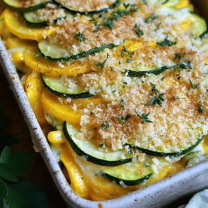 - 2 medium zucchini, sliced into thin rounds - 2 medium yellow squash, sliced into thin rounds - 1 cup fresh corn kernels (or frozen, thawed) - 1 medium onion, diced finely - 2 cloves garlic, minced Fresh vegetables bring lots of flavor and nutrients. Zucchini and squash add a nice texture. Corn gives a sweet burst in each bite. Onions and garlic add depth and aroma. When you slice everything thin, it cooks evenly. - 1 cup shredded cheddar cheese, divided - 1 cup milk - 2 large eggs Cheddar cheese adds a creamy and sharp flavor. Milk makes the casserole rich and fluffy. Eggs bind everything together, creating a nice texture. Using the right amount of cheese makes it extra cheesy and delicious. - 1 teaspoon dried thyme - 1 teaspoon paprika - Salt and pepper to taste - 1 cup breadcrumbs - 2 tablespoons olive oil for cooking and greasing Seasonings like thyme and paprika enhance the flavors. Salt and pepper balance everything out. Breadcrumbs add a nice crunch on top. Olive oil helps in cooking and keeps the dish from sticking. For the full recipe, you can check the detailed instructions. - Preheat your oven to 375°F (190°C). - Lightly grease a 9x13-inch casserole dish with 1 tablespoon of olive oil. - In a large skillet, heat 1 tablespoon of olive oil over medium heat. - Add diced onion and minced garlic, sautéing until translucent (3-4 minutes). - Incorporate sliced zucchini and yellow squash, cooking until softened (5-7 minutes). - Season with salt, pepper, dried thyme, and paprika. - In a large bowl, whisk together eggs and milk, then add half of the shredded cheese. - Fold in sautéed vegetables and corn, mixing gently. - Pour the mixture into the prepared dish and spread evenly. - Top with remaining shredded cheese and breadcrumbs. - Bake for 25-30 minutes until golden brown and set. This savory zucchini, squash, and corn casserole is easy to make. Follow these steps closely for the best results. You can find the full recipe above. Enjoy your cooking! Using fresh vegetables makes a big difference. Fresh zucchini, squash, and corn have better flavor. They also have more nutrients. I recommend using fresh when you can. However, frozen vegetables work well too. They are quick and easy. Frozen corn is sweet and just as good in the casserole. Thaw frozen veggies before mixing them in. This helps reduce extra water in the dish. To get a creamy interior, mix the eggs and milk well. This adds richness to the casserole. Cook the vegetables until barely soft. This helps keep some crunch. For a crispy topping, use breadcrumbs. Adding a little olive oil to the breadcrumbs makes them golden. Feel free to adjust the seasonings. Try adding garlic powder, onion powder, or herbs. A pinch of cayenne pepper adds a nice kick. Make your casserole look great when serving. Use fresh herbs like parsley or cilantro to garnish. This adds color and freshness. Serve it on a nice plate for a special touch. Pair the casserole with a light side salad. A crisp green salad balances the warm flavors. This makes for a beautiful and tasty meal. {{image_4}} You can enhance the dish by adding protein. Diced chicken or turkey works well. Cooked sausage also adds great flavor. These proteins make the casserole more filling. You can mix them in with the vegetables. This way, you create a heartier meal for your family. If you want more veggies, you can add bell peppers or spinach. Both options bring color and nutrition. Bell peppers add a sweet crunch, while spinach offers a soft texture. You can mix these in with the zucchini and squash. Feel free to get creative with seasonal vegetables too! Cheese can change the whole flavor of the casserole. Try using feta for a tangy twist. Mozzarella will give a nice meltiness. You can even mix different cheeses together. This allows you to find the perfect flavor for your taste. Cheese options are endless, so explore what you like best! For the full recipe, check out the Zucchini, Squash & Corn Casserole details. To keep your casserole fresh, let it cool first. Place the leftovers in an airtight container. This step helps prevent moisture loss. Store the container in the fridge. Your casserole will stay fresh for up to three days. When you reheat it, make sure it’s heated all the way through. If you want to save some for later, freezing works well. Cut the casserole into portions. Wrap each piece tightly in plastic wrap. Then, place them in a freezer bag or airtight container. This method helps avoid freezer burn. When you're ready to eat, thaw it overnight in the fridge. Reheat in the oven or microwave until hot. In the fridge, your casserole lasts about three days. In the freezer, it can last for up to three months. Always check for signs of spoilage before eating. If it smells off or looks strange, it’s best to toss it. Enjoy your zucchini, squash, and corn casserole with confidence! You can find the full recipe [here](#). Yes, you can make this casserole ahead of time. Prepare it up to the baking step. Cover it well and store it in the fridge for up to 24 hours. When ready, bake it straight from the fridge. You might need to add a few extra minutes to the baking time. This casserole pairs well with a light side salad or some grilled chicken. You can also serve it with crusty bread or a fresh fruit salad. These sides balance the rich flavors in the casserole. You can tell the casserole is done when it is set in the center. The top should be golden brown and bubbly. Use a knife to check the center. If it comes out clean, your casserole is ready to enjoy. Yes, you can use other squash types. Butternut or acorn squash can add sweetness. Delicata squash adds a nice texture. Each type will change the flavor a bit, so feel free to experiment! In this blog post, we explored the tasty zucchini, squash, and corn casserole. We covered fresh veggies, dairy, and eggs that create a creamy base. You learned how to prepare, assemble, and bake the dish for the best flavor. We also offered storage tips, variations, and answers to common questions. This casserole is versatile and easy. It can be a delicious side or a main meal. Try it out and enjoy the vibrant flavors!
