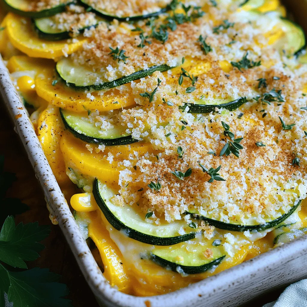 - 2 medium zucchini, sliced into thin rounds - 2 medium yellow squash, sliced into thin rounds - 1 cup fresh corn kernels (or frozen, thawed) - 1 medium onion, diced finely - 2 cloves garlic, minced Fresh vegetables bring lots of flavor and nutrients. Zucchini and squash add a nice texture. Corn gives a sweet burst in each bite. Onions and garlic add depth and aroma. When you slice everything thin, it cooks evenly. - 1 cup shredded cheddar cheese, divided - 1 cup milk - 2 large eggs Cheddar cheese adds a creamy and sharp flavor. Milk makes the casserole rich and fluffy. Eggs bind everything together, creating a nice texture. Using the right amount of cheese makes it extra cheesy and delicious. - 1 teaspoon dried thyme - 1 teaspoon paprika - Salt and pepper to taste - 1 cup breadcrumbs - 2 tablespoons olive oil for cooking and greasing Seasonings like thyme and paprika enhance the flavors. Salt and pepper balance everything out. Breadcrumbs add a nice crunch on top. Olive oil helps in cooking and keeps the dish from sticking. For the full recipe, you can check the detailed instructions. - Preheat your oven to 375°F (190°C). - Lightly grease a 9x13-inch casserole dish with 1 tablespoon of olive oil. - In a large skillet, heat 1 tablespoon of olive oil over medium heat. - Add diced onion and minced garlic, sautéing until translucent (3-4 minutes). - Incorporate sliced zucchini and yellow squash, cooking until softened (5-7 minutes). - Season with salt, pepper, dried thyme, and paprika. - In a large bowl, whisk together eggs and milk, then add half of the shredded cheese. - Fold in sautéed vegetables and corn, mixing gently. - Pour the mixture into the prepared dish and spread evenly. - Top with remaining shredded cheese and breadcrumbs. - Bake for 25-30 minutes until golden brown and set. This savory zucchini, squash, and corn casserole is easy to make. Follow these steps closely for the best results. You can find the full recipe above. Enjoy your cooking! Using fresh vegetables makes a big difference. Fresh zucchini, squash, and corn have better flavor. They also have more nutrients. I recommend using fresh when you can. However, frozen vegetables work well too. They are quick and easy. Frozen corn is sweet and just as good in the casserole. Thaw frozen veggies before mixing them in. This helps reduce extra water in the dish. To get a creamy interior, mix the eggs and milk well. This adds richness to the casserole. Cook the vegetables until barely soft. This helps keep some crunch. For a crispy topping, use breadcrumbs. Adding a little olive oil to the breadcrumbs makes them golden. Feel free to adjust the seasonings. Try adding garlic powder, onion powder, or herbs. A pinch of cayenne pepper adds a nice kick. Make your casserole look great when serving. Use fresh herbs like parsley or cilantro to garnish. This adds color and freshness. Serve it on a nice plate for a special touch. Pair the casserole with a light side salad. A crisp green salad balances the warm flavors. This makes for a beautiful and tasty meal. {{image_4}} You can enhance the dish by adding protein. Diced chicken or turkey works well. Cooked sausage also adds great flavor. These proteins make the casserole more filling. You can mix them in with the vegetables. This way, you create a heartier meal for your family. If you want more veggies, you can add bell peppers or spinach. Both options bring color and nutrition. Bell peppers add a sweet crunch, while spinach offers a soft texture. You can mix these in with the zucchini and squash. Feel free to get creative with seasonal vegetables too! Cheese can change the whole flavor of the casserole. Try using feta for a tangy twist. Mozzarella will give a nice meltiness. You can even mix different cheeses together. This allows you to find the perfect flavor for your taste. Cheese options are endless, so explore what you like best! For the full recipe, check out the Zucchini, Squash & Corn Casserole details. To keep your casserole fresh, let it cool first. Place the leftovers in an airtight container. This step helps prevent moisture loss. Store the container in the fridge. Your casserole will stay fresh for up to three days. When you reheat it, make sure it’s heated all the way through. If you want to save some for later, freezing works well. Cut the casserole into portions. Wrap each piece tightly in plastic wrap. Then, place them in a freezer bag or airtight container. This method helps avoid freezer burn. When you're ready to eat, thaw it overnight in the fridge. Reheat in the oven or microwave until hot. In the fridge, your casserole lasts about three days. In the freezer, it can last for up to three months. Always check for signs of spoilage before eating. If it smells off or looks strange, it’s best to toss it. Enjoy your zucchini, squash, and corn casserole with confidence! You can find the full recipe [here](#). Yes, you can make this casserole ahead of time. Prepare it up to the baking step. Cover it well and store it in the fridge for up to 24 hours. When ready, bake it straight from the fridge. You might need to add a few extra minutes to the baking time. This casserole pairs well with a light side salad or some grilled chicken. You can also serve it with crusty bread or a fresh fruit salad. These sides balance the rich flavors in the casserole. You can tell the casserole is done when it is set in the center. The top should be golden brown and bubbly. Use a knife to check the center. If it comes out clean, your casserole is ready to enjoy. Yes, you can use other squash types. Butternut or acorn squash can add sweetness. Delicata squash adds a nice texture. Each type will change the flavor a bit, so feel free to experiment! In this blog post, we explored the tasty zucchini, squash, and corn casserole. We covered fresh veggies, dairy, and eggs that create a creamy base. You learned how to prepare, assemble, and bake the dish for the best flavor. We also offered storage tips, variations, and answers to common questions. This casserole is versatile and easy. It can be a delicious side or a main meal. Try it out and enjoy the vibrant flavors!