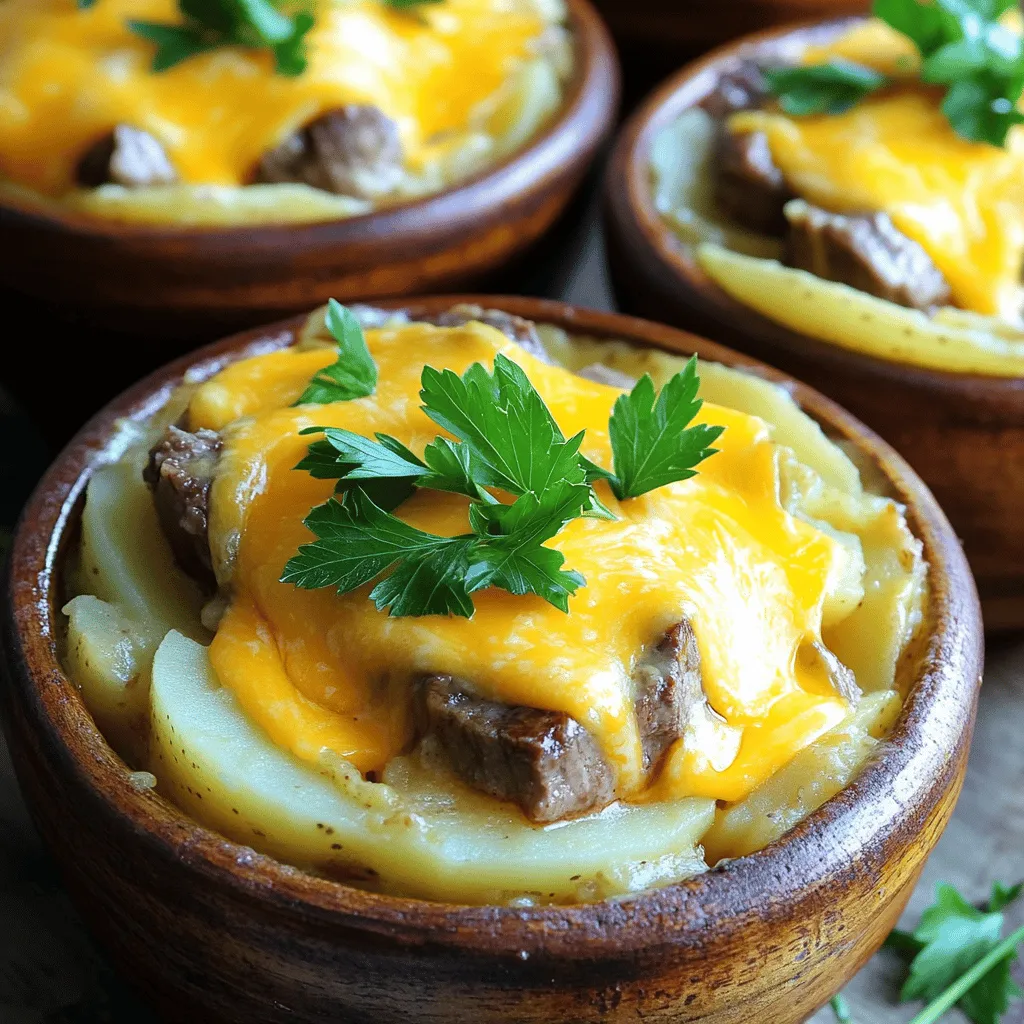 This Slow Cooker Steak and Cheddar Potato Casserole is a warm and filling dish. It brings together rich steak, creamy potatoes, and gooey cheddar cheese. It’s perfect for busy days when you want comfort food with little effort. You can find the Full Recipe at the beginning of this article. To make this dish, you'll need: - 2 lbs steak (chuck roast or sirloin), cut into bite-sized pieces - 4 medium potatoes, thinly sliced - 1 large onion, finely chopped - 3 cloves garlic, minced - 1 cup beef broth - 1 cup heavy cream - 2 cups shredded sharp cheddar cheese - 1 teaspoon Worcestershire sauce - 1 teaspoon dried thyme - 1 teaspoon salt - ½ teaspoon black pepper - Fresh parsley, chopped (for garnish) Each ingredient adds to the flavor and texture. The steak gives it a hearty base. The potatoes soak up all the tasty juices. The cheese adds that rich, melty goodness we love. You can customize your casserole with some fun add-ins: - 1 cup frozen mixed vegetables (like peas and carrots) for color and nutrition - ½ cup mushrooms, sliced, to add earthiness - 1 cup cooked bacon bits for a smoky twist - A dash of hot sauce for some heat These add-ins can bring new flavors to your dish. You can mix and match based on your taste. Enjoy experimenting! To start, grab a large skillet. Heat it on medium-high. Add your bite-sized steak pieces to the hot skillet. Sear them for about 5-7 minutes. You want a nice brown crust on all sides. This step adds great flavor. Once browned, take the steak out and place it in your slow cooker. Next, use the same skillet for the onions and garlic. Add the finely chopped onion and minced garlic. Sauté them for about 3-4 minutes. Stir often until the onion turns clear and the garlic smells great. Transfer this mix over the steak in the slow cooker. Now, take your thinly sliced potatoes. Layer them evenly over the steak and onion. Make sure they cover everything well. This helps with even cooking. In a bowl, whisk together the beef broth, heavy cream, Worcestershire sauce, dried thyme, salt, and black pepper. Once mixed, pour this creamy blend over the potatoes. Make sure every potato slice is covered. Put the lid on your slow cooker. Set it to low heat and cook for 6-8 hours. It’s ready when the potatoes are soft and the steak is tender. About 30 minutes before serving, sprinkle the shredded cheddar cheese on top. Cover again to let the cheese melt into a gooey layer. When it’s time to serve, gently stir the casserole to mix in the melted cheese. Let it cool for a few minutes before serving. This makes it even tastier. Enjoy your Slow Cooker Steak and Cheddar Potato Casserole! For the complete recipe, check the Full Recipe section above. To make your casserole creamy and rich, start with the right potatoes. Russet potatoes are best since they become fluffy when cooked. Slice them thinly to ensure even cooking. I recommend layering the potatoes evenly to help them absorb all the flavors. Searing the steak first adds a nice crust and locks in juices. This step is key for both taste and texture. Let everything cook slowly. This helps the steak become tender and juicy, while the potatoes soften perfectly. Seasonings can make or break your dish. For this casserole, use fresh garlic and onion to build a strong base flavor. Worcestershire sauce adds depth. Don’t skip it! Dried thyme gives a hint of earthiness. Feel free to adjust the salt and pepper to suit your taste. If you want a bit of heat, add red pepper flakes. You can also sprinkle some fresh herbs like rosemary or oregano for extra flavor. Make sure to mix everything well so the flavors meld together. Serving your casserole well enhances the dining experience. Place it in individual bowls for a nice touch. Top each serving with chopped parsley for color and freshness. If your guests love cheese, offer extra cheddar on the side. You can also pair it with a simple green salad or some crusty bread. This adds texture and balances the meal nicely. For a more rustic feel, serve it straight from the slow cooker. Just be sure to let it cool slightly before serving. This allows the flavors to shine and makes it easier to scoop. For the complete recipe, check out the Full Recipe. {{image_4}} You can swap out some ingredients in this casserole. If you don’t have steak, ground beef works well. You could also use chicken for a lighter version. Instead of heavy cream, try sour cream or Greek yogurt. For a lighter broth, vegetable broth is a great choice. If you want a different flavor, use smoked cheddar instead of sharp cheddar. If you follow a specific diet, this recipe can adapt. For gluten-free needs, ensure all ingredients are gluten-free. You can use gluten-free Worcestershire sauce and check the broth label. For a dairy-free option, use coconut cream and dairy-free cheese. If you want a low-carb version, skip the potatoes and add more veggies like zucchini or cauliflower. While this recipe is for a slow cooker, you can make it in the oven. Preheat the oven to 350°F. Layer the ingredients in a baking dish and cover with foil. Bake for about 1.5 to 2 hours, checking until the potatoes are tender. You can also use an Instant Pot. Cook on high pressure for about 25 minutes, then let the steam release naturally. Each method offers a unique flavor and texture, so feel free to experiment! Let the Slow Cooker Steak and Cheddar Potato Casserole cool to room temperature. This step is key to keeping the food safe. Once cool, you can store it in airtight containers. Make sure to divide it into smaller portions for easy reheating. Properly stored, leftovers last in the fridge for up to three days. To reheat, you can use either the microwave or the oven. If using a microwave, place a portion in a safe bowl. Heat for about 2-3 minutes or until hot. Stir halfway through for even heating. If you prefer the oven, preheat it to 350°F (175°C). Put the casserole in a baking dish, cover with foil, and heat for about 20-30 minutes. This method keeps the texture nice. You can freeze the casserole for later enjoyment. First, let it cool completely. Then, transfer it to freezer-safe containers. For best results, wrap the containers tightly with plastic wrap before sealing. When frozen well, the casserole can last for up to 3 months. To use, thaw overnight in the fridge before reheating. This method ensures it tastes fresh and delicious, just like the day you made it. For the full recipe, check out the Slow Cooker Steak and Cheddar Potato Casserole. Yes, you can use other meats. Try chicken, pork, or even ground beef. Each will add a unique taste. Just remember to adjust cooking times. Chicken cooks faster than steak, so check for doneness early. For pork, look for tenderness, just like with beef. To make this casserole gluten-free, swap the beef broth. Look for gluten-free broth options. Also, check the Worcestershire sauce for gluten. Many brands offer gluten-free versions. Always read labels to ensure they meet your needs. These small changes keep the flavor while making it safe. This casserole is hearty, so you want simple sides. A fresh green salad works great. You can serve steamed veggies, like broccoli or green beans. Garlic bread also complements the dish well. These sides balance the richness of the casserole and keep your meal light. This casserole recipe is easy and flexible. You learned about essential and optional ingredients, and how to layer them. I shared step-by-step instructions to prepare the steak and assemble the dish. Tips on texture and flavor will boost your cooking skills. You can also explore variations, store leftovers, and reheat them easily. With this guide, you can create a tasty meal your family will love. Enjoy experimenting with new flavors and methods as you cook. Happy cooking!