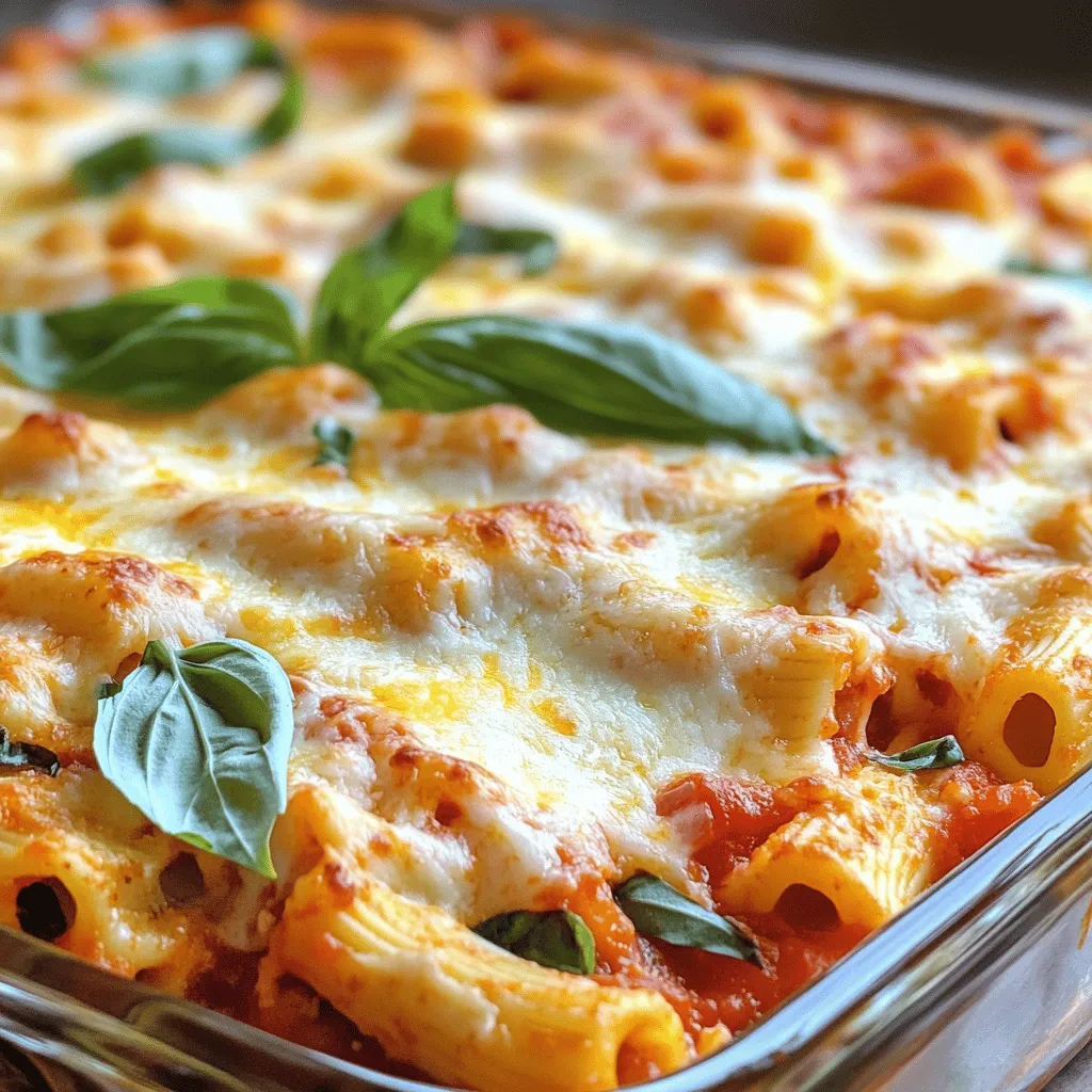 - 12 oz ziti pasta - 2 tablespoons extra virgin olive oil - 1 medium onion, finely diced - 3 cloves garlic, minced - 1 bell pepper (any color), diced - 1 medium zucchini, diced - 1 jar (24 oz) marinara sauce - 1 teaspoon dried oregano - 1 teaspoon dried basil - 1/2 teaspoon red pepper flakes (optional for heat) - 1 cup ricotta cheese - 1 cup shredded mozzarella cheese - 1/2 cup grated Parmesan cheese - Fresh basil leaves for garnish - Salt and pepper to taste Gathering these fresh ingredients is key to making a great baked ziti. The ziti pasta acts as the base and holds all the flavors. I use olive oil to sauté vegetables, which adds depth to the dish. Onions, garlic, and bell peppers form a lovely aromatic base. Zucchini adds a nice texture and flavor. The marinara sauce brings everything together, while the herbs give it a warm, inviting taste. The ricotta cheese adds creaminess, and the mozzarella and Parmesan create a cheesy, golden crust. You can also adjust the spices to fit your taste. More red pepper flakes will add heat, and fresh basil gives a burst of flavor. Keep it simple, and let the quality of your ingredients shine. Check out the full recipe for more tips! Adjust your oven temperature to 375°F (190°C). This step is crucial for even baking. Fill a large pot with salted water. Bring it to a boil. Add the ziti pasta and cook it until it is al dente. This usually takes about 7 to 9 minutes. Once done, drain the pasta and set it aside in a large mixing bowl. In a large skillet, heat 2 tablespoons of olive oil over medium heat. When the oil shimmers, add 1 medium onion, finely diced. Sauté it for 3 to 4 minutes until the onion turns translucent. Next, add 3 minced garlic cloves, 1 diced bell pepper, and 1 diced zucchini. Cook these vegetables for another 5 to 7 minutes. They should be tender and colorful. Pour in a jar of marinara sauce, around 24 ounces. Sprinkle in 1 teaspoon of dried oregano, 1 teaspoon of dried basil, and 1/2 teaspoon of red pepper flakes if you like heat. Season with salt and pepper to taste. Stir well and let it simmer for about 5 minutes. This simmering time helps the flavors blend nicely. In your large mixing bowl, add the cooked ziti to the sauce mixture. Also, add 1 cup of ricotta cheese. Mix everything gently until the pasta is well-coated with the sauce. Grease a 9x13 inch baking dish with a bit of olive oil. Spoon half of the ziti mixture into the dish. Spread it evenly. Top this layer with half of 1 cup of shredded mozzarella cheese. Add the rest of the ziti mixture on top, followed by the remaining mozzarella cheese. Finish by sprinkling 1/2 cup of grated Parmesan cheese on top. Cover the dish tightly with aluminum foil and place it in your preheated oven. Bake for 25 minutes. After that, remove the foil to let the cheese brown. Bake for an additional 15 to 20 minutes. You want the top to be bubbly and golden brown. For a fresh touch, you can garnish it with basil leaves right before serving. Enjoy your cozy baked ziti! For the full recipe, click [here](#). To get the most from your baked ziti, let the sauce simmer longer. This helps mix the flavors well. A simple rule is to simmer it for at least 10 extra minutes. This extra time allows the spices to release their full taste. You will notice a richer, deeper flavor that will impress your guests. For a golden top, use the right technique with mozzarella cheese. After baking, remove the foil for the last 15 minutes. This step lets the cheese bubble and brown nicely. For an extra crispy finish, broil it for 2 minutes at the end. Keep a close eye to avoid burning! Seasoning is key to making your dish shine. Start with salt and pepper, but feel free to add more herbs. A pinch of garlic powder or a dash of Italian seasoning can enhance the taste. Always taste as you go. This way, you can adjust to your liking before it goes into the oven. {{image_4}} You can easily add meat to your baked ziti. Ground beef, sausage, or turkey work well. Just brown the meat in the skillet before adding the vegetables. This adds a rich flavor and texture. You can use any type of ground meat you prefer. Mixing in meat makes this dish more filling and hearty. If you want a meatless option, use more veggies. Spinach, mushrooms, or eggplant add great taste. You can also swap regular cheese for plant-based cheese. This keeps the dish creamy and delicious while being plant-friendly. These changes make baked ziti suitable for everyone. For a gluten-free version, try different pasta types. Look for gluten-free ziti or penne. Many brands offer great options made from rice or quinoa. Be sure to check the cooking time. Gluten-free pasta can cook faster than regular pasta. This way, everyone can enjoy baked ziti without worry. For the full recipe, check out the Cheesy Delight Baked Ziti. It's a great way to enjoy all these variations! To store leftovers, let the baked ziti cool. Place it in an airtight container. Keep it in the fridge for up to three days. This keeps the flavors fresh and tasty. When storing, make sure it is covered well to avoid drying out. You can also use plastic wrap on the dish before placing it in the fridge. To freeze baked ziti, follow these steps. First, let the dish cool completely. Then, wrap it tightly in plastic wrap. Use aluminum foil over the wrap for extra protection. You can freeze it for up to three months. When you’re ready to eat, thaw it in the fridge overnight before reheating. For reheating, use the oven for the best results. Preheat your oven to 350°F (175°C). Place the ziti in an oven-safe dish. Add a splash of water or extra sauce to keep it moist. Cover it with foil to stop it from drying out. Heat for about 20-25 minutes, or until it's warm all the way through. Enjoy your cheesy delight straight from the oven! Baked ziti lasts about 3 to 5 days in the fridge. Store it in an airtight container. This keeps it fresh and tasty. If you want to keep it longer, freezing is a great option. You can make baked ziti ahead of time. Prepare it the day before and store it in the fridge. Just cover it tightly with foil. When ready to bake, let it sit out for a bit. This helps it warm up. Then, bake it as normal. Baked ziti pairs well with many sides. Here are some great options: - Garlic bread for a crunchy bite - Side salad for freshness - Roasted veggies for added color - A light soup for a cozy touch These sides balance the meal and keep it fun. For more ideas, check out my other recipes! Baked ziti is a simple yet delicious dish you can easily make at home. We covered key ingredients, equipment, and step-by-step instructions to guide you. You learned how to enhance flavor and customize the dish to your liking. Remember, you can make baked ziti your own with different meats, veggies, and cheese. Enjoying this meal with friends or family makes it even better. Now, gather your ingredients, and let’s create something tasty together!