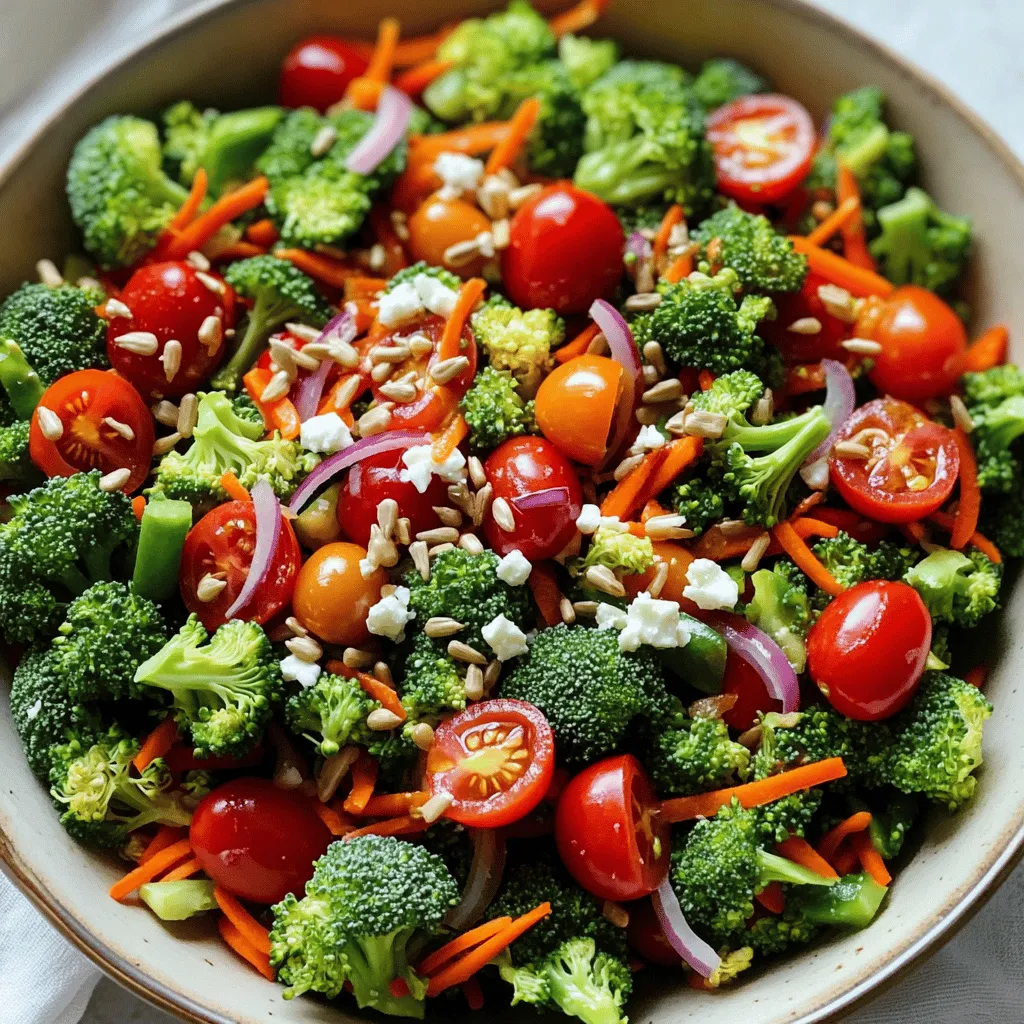 - 3 cups fresh broccoli florets - 1 cup cherry tomatoes, halved - 1/2 cup red bell pepper, diced - 1/4 cup red onion, finely chopped - 1/2 cup shredded carrots These main ingredients create a bright and crunchy base for the Broccoli Bliss Salad. Fresh broccoli florets bring a crisp texture and a vibrant green color. Cherry tomatoes add a juicy burst, while red bell pepper offers sweetness. Shredded carrots give a lovely crunch, and red onion adds a mild bite. Together, they form a delightful mix that makes this salad stand out. - 1/3 cup sunflower seeds - 1/4 cup feta cheese, crumbled (optional) For a little extra flavor and texture, consider adding sunflower seeds. They provide a nutty taste and a satisfying crunch. If you enjoy cheese, feta is a great option. Its creamy texture and salty flavor elevate the salad. You can also experiment with other dressings or add-ins to fit your taste. Think about adding nuts, seeds, or other cheese varieties for a twist. - 3 tablespoons olive oil - 2 tablespoons apple cider vinegar - 1 tablespoon honey - 1 teaspoon Dijon mustard - Salt and pepper to taste The dressing plays a key role in bringing all the flavors together. Olive oil adds richness, while apple cider vinegar gives a tangy kick. Honey balances the acidity with a touch of sweetness. Dijon mustard adds a sharp note that enhances the whole salad. Mixing these ingredients creates a smooth and tasty dressing that coats every bite perfectly. For the full recipe, check out the details provided earlier. Start with fresh broccoli florets. This step is crucial for the best salad. To make them tender yet crisp, I recommend blanching. Bring a pot of water to a boil. Add the broccoli and let it cook for just 1-2 minutes. This short cooking time keeps the bright green color. After that, quickly transfer the broccoli to an ice bath to stop the cooking. Drain the florets well before mixing them in a bowl. Once the broccoli is ready, add the fresh ingredients. Toss in halved cherry tomatoes, diced red bell pepper, finely chopped red onion, and shredded carrots. Use a spatula to mix gently. This helps to keep the veggies intact and fresh. For the dressing, grab a small bowl. Whisk together the olive oil, apple cider vinegar, honey, and Dijon mustard. I always add a pinch of salt and pepper for flavor. Whisk until the mixture is smooth and well combined. A good dressing should be creamy and flavorful. Now, it’s time to combine everything. Drizzle the dressing over the salad mixture. Use your spatula to gently toss the salad. You want every piece coated without smashing the ingredients. This ensures each bite bursts with flavor. Let the salad sit for about 10 minutes. This resting time allows the flavors to meld together. The tastes will develop beautifully, making each bite a delight. For the final touch, sprinkle sunflower seeds and optional feta cheese on top. This step adds crunch and a lovely burst of flavor. To make your Broccoli Bliss Salad pop, think about adding flavor boosters. You can toss in some garlic powder or red pepper flakes for a kick. Fresh herbs like basil or cilantro also add a nice touch. For marinating, let the salad sit for at least 10 minutes after dressing. This time lets the flavors blend perfectly. If you want even more taste, try adding a splash of lemon juice before serving. It brightens the salad and adds a fresh zing. Serving your salad beautifully makes it even more appealing. Use a large, shallow bowl to showcase the bright colors. After mixing, top your salad with extra sunflower seeds and crumbled feta. This adds texture and flair. To elevate it further, garnish with fresh herbs like parsley or dill. Not only do they look great, but they also add a wonderful aroma. You can even use colorful plates to enhance the visual appeal. {{image_4}} You can make Broccoli Bliss Salad even more fun by switching up the ingredients. Try using different vegetables or nuts. For example, add crunchy carrots, sweet bell peppers, or even some green beans. They all mix well with broccoli. You can also replace sunflower seeds with almonds or walnuts for extra crunch. If you follow a vegan or gluten-free diet, you can easily adapt this salad. Skip the feta cheese and use a vegan cheese instead. You can also make sure that any dressing you choose is gluten-free. Many dressings are naturally gluten-free, so check the labels. Adding fruits can give your salad a tasty twist. Try diced apples or fresh berries. They add sweetness and a pop of color. You can also mix in dried fruits like cranberries or raisins for a chewy texture. Experimenting with different cheeses can also change the flavor. If you want a sharp taste, try adding goat cheese or blue cheese. Both add a unique zing to the salad. Just remember to adjust the amount based on your taste. You can find the full recipe for Broccoli Bliss Salad to explore more options. To keep your Broccoli Bliss Salad fresh, store it in an airtight container. This helps prevent wilting and keeps flavors intact. Make sure to remove any extra dressing before storing. The salad will stay fresh for about three days in the fridge. If you notice any sogginess, add more fresh ingredients when you’re ready to eat. Use glass or plastic containers with tight lids. Glass containers are great because they don't stain or hold odors. For best results, eat the salad within three days. If you notice any off smells or changes in color, it’s best to toss it. Enjoy it at its peak freshness! Salads like this one are best enjoyed cold. If you want to warm it up, do so gently. Use a microwave and heat it for just a few seconds. This will help keep the broccoli crisp. I suggest eating the Broccoli Bliss Salad cold for a refreshing taste. The flavors are bright and lively when served chilled. If you enjoy warm salads, add sautéed vegetables or lightly steam the broccoli before mixing. This adds a unique twist to the dish! How long can I store this salad? You can store Broccoli Bliss Salad in the fridge for up to three days. Make sure to keep it in an airtight container. This helps keep the veggies fresh and crisp. Can I prep the salad in advance? Yes, you can prep the salad a day ahead. Just mix the veggies and dressing separately. Combine them right before serving for the best taste. What are the health benefits of broccoli? Broccoli is a superfood. It is low in calories and high in vitamins. It contains vitamins C and K, fiber, and antioxidants. Eating broccoli can help boost your immune system. It may also lower the risk of chronic diseases. Is this salad suitable for meal prep? Absolutely! Broccoli Bliss Salad is great for meal prep. It keeps well and is easy to portion out. Just remember to add the dressing right before eating to keep it fresh. Can I use frozen broccoli instead? Yes, you can use frozen broccoli. Just thaw it and drain any excess water. Fresh broccoli has a better crunch, but frozen works in a pinch. What can I serve with Broccoli Bliss Salad? This salad pairs well with grilled chicken or fish. You can also serve it with whole grains like quinoa or brown rice. For a lighter meal, enjoy it with a piece of crusty bread. For the full recipe, check out the details above. Broccoli Bliss Salad is a simple, healthy dish. This article covered main and optional ingredients, dressing tips, and storage methods. You can mix fresh veggies, create a tasty dressing, and consider fun variations. The salad is colorful and nutritious. Remember to experiment with flavors and presentations. Store leftovers properly to keep them fresh. As you make this salad, enjoy the tasty benefits of broccoli and all its friends!