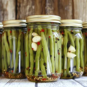 To make spicy pickled green beans, gather these ingredients: - 1 pound fresh green beans, trimmed - 1 cup distilled white vinegar - 1 cup water - 2 tablespoons kosher salt - 2 tablespoons sugar - 2 cloves garlic, peeled and smashed - 1 teaspoon black peppercorns - 1 teaspoon red pepper flakes (adjust according to your spice preference) - 1 teaspoon mustard seeds - 1 bay leaf The essential ingredients in this recipe are green beans, vinegar, water, salt, and sugar. These create the base for your pickling brine. The garlic, black peppercorns, and mustard seeds add great flavor. The red pepper flakes and bay leaf give it that spicy kick. You can adjust the spice level by adding more or less red pepper flakes. Optional ingredients can include other spices like dill or coriander seeds. You could even add a few slices of onion for extra taste. Experimenting with these can make your pickled beans unique. Choose bright green beans that are firm and crisp. Avoid beans that look dull or have brown spots. Freshness is key for great pickled green beans. When buying, look for beans that snap easily when bent. This means they are fresh and crunchy. If you can, buy organic beans. They often have better flavor and are grown without harmful chemicals. Once you have your beans, wash them well and trim the ends. This helps ensure they pickle nicely. For the best results, use beans that are similar in size so they pickle evenly. For the full recipe, follow the detailed instructions provided above. Making spicy pickled green beans is simple but takes a few steps. You will need to prepare the jars, the brine, and the green beans. Follow these steps to create a tasty snack. 1. Sterilize the Jars: - Start by boiling water in a big pot. - Place the mason jars and lids in the boiling water for 10 minutes. - Carefully take them out and let them cool on a clean towel. 2. Prepare the Brine: - In a medium saucepan, mix 1 cup of distilled white vinegar, 1 cup of water, 2 tablespoons of kosher salt, and 2 tablespoons of sugar. - Heat this mix on medium while stirring until the salt and sugar dissolve. - Once dissolved, take the pan off the heat and let it cool a bit. 3. Flavor the Jars: - For each jar, add 1 smashed garlic clove. - Distribute black peppercorns, red pepper flakes, mustard seeds, and 1 bay leaf equally among the jars. 4. Pack in the Green Beans: - Place the trimmed green beans upright in each jar. - Leave about 1/2 inch of space at the top of the jar. 5. Add the Brine: - Carefully pour the hot brine into each jar. - Ensure the liquid covers the green beans and maintains the 1/2 inch headspace. 6. Seal the Jars: - Wipe the rims of the jars with a clean cloth to remove any residue. - Place the lids on top but do not over-tighten. 7. Cool and Refrigerate: - Let the jars cool to room temperature on the counter. - Once cool, move them to the fridge. - It’s best to wait 24 hours before trying them for the best flavor. - Always use clean jars to avoid bacteria. - Make sure to use boiling water for proper sterilization. - Let the jars air dry on a clean towel to keep them safe. Following these steps will help you create flavorful spicy pickled green beans. You can find the Full Recipe for even more details. Enjoy this tangy snack! To adjust spice levels in your spicy pickled green beans, start with the red pepper flakes. If you love heat, add more flakes. For a milder taste, reduce the amount. You can also try different peppers like jalapeños for a fresh kick. Remember, the spice can build over time. Taste your brine before pouring. If it’s too hot, add a bit more sugar or vinegar to balance it out. Infusing flavor is key to great pickles. Use fresh spices, like garlic and bay leaves, for the best taste. Make sure to smash the garlic cloves to release their oils. This lets the flavor seep into the beans. Packing the beans tightly in the jar helps them absorb the brine well. You can even soak the beans in the brine for a few hours before sealing. The longer they sit, the more flavor they gain. When pickling, avoid these common mistakes: - Skipping Sterilization: Always sterilize your jars. This step keeps bacteria out. - Not Using Enough Vinegar: Vinegar is key for safety and flavor. Don’t skimp on it. - Overpacking the Jars: Leave space at the top. This lets the brine cover the beans. - Ignoring Cooling Time: Let the jars cool before refrigerating. This helps flavors meld. With these tips, you can create perfect spicy pickled green beans every time. For the full recipe, check out the complete instructions above. {{image_4}} You can make spicy pickled green beans even more fun by adding different flavors. Try using dill for a fresh twist. You can also add a pinch of coriander seeds for a warm, earthy taste. For a hint of sweetness, consider adding sliced jalapeños or even carrots. Each change brings a new flavor. Feel free to mix and match until you find your favorite combo! Spicy pickled green beans can jazz up any meal or snack. Serve them as a crunchy side with sandwiches. They also make a great addition to a charcuterie board. Try using them in salads for a zesty kick. You can even add them to cocktails like Bloody Marys. They add both flavor and flair to your drinks! If you love pickling, don't stop with green beans. Cucumbers are classic and always a hit. You can also pickle carrots, cauliflower, or radishes. Each vegetable offers a unique taste and texture. Experiment with your favorites and create a colorful jar of pickled goodies. You can find the full recipe to get started on your pickling journey! Store your spicy pickled green beans in clean, sterilized jars. Always use jars with tight-fitting lids. Keep them in the fridge after pickling. This helps keep them fresh and tasty. Make sure the beans stay submerged in the brine. If needed, add more brine to cover them. These pickled green beans last about three months in the fridge. After that, they may lose their crispness. Always check the jar for any signs of spoilage. The flavor can change over time, but they should stay safe to eat if stored properly. Look for changes in color or texture. Any off-smells are a red flag. If you see bubbles or mold, discard them right away. Remember, safety first! Trust your senses. When in doubt, don't eat it. Enjoy your spicy pickled green beans fresh from the fridge. You can find the full recipe earlier in the article. Spicy pickled green beans can last for about 2 to 3 months in the fridge. The vinegar helps preserve them. Over time, the beans may lose some crunch, but they’ll still taste great. I recommend using fresh green beans for the best flavor and texture. Frozen beans can become mushy when pickled. If you only have frozen beans, thaw them first. Then, use them, but expect a softer texture. You can find pre-made spicy pickled green beans at many grocery stores. Check the pickle or condiment aisle. Local farmers' markets may also offer homemade versions that are tasty and unique. In this article, I covered how to make spicy pickled green beans. We discussed key ingredients, steps to prepare them, and tips for flavor. You learned about common mistakes to avoid and variations to try. Now, you can enjoy these tasty snacks any time. Remember to store them properly to keep them fresh. Experiment with different spices and veggies to make it your own. Happy pickling!