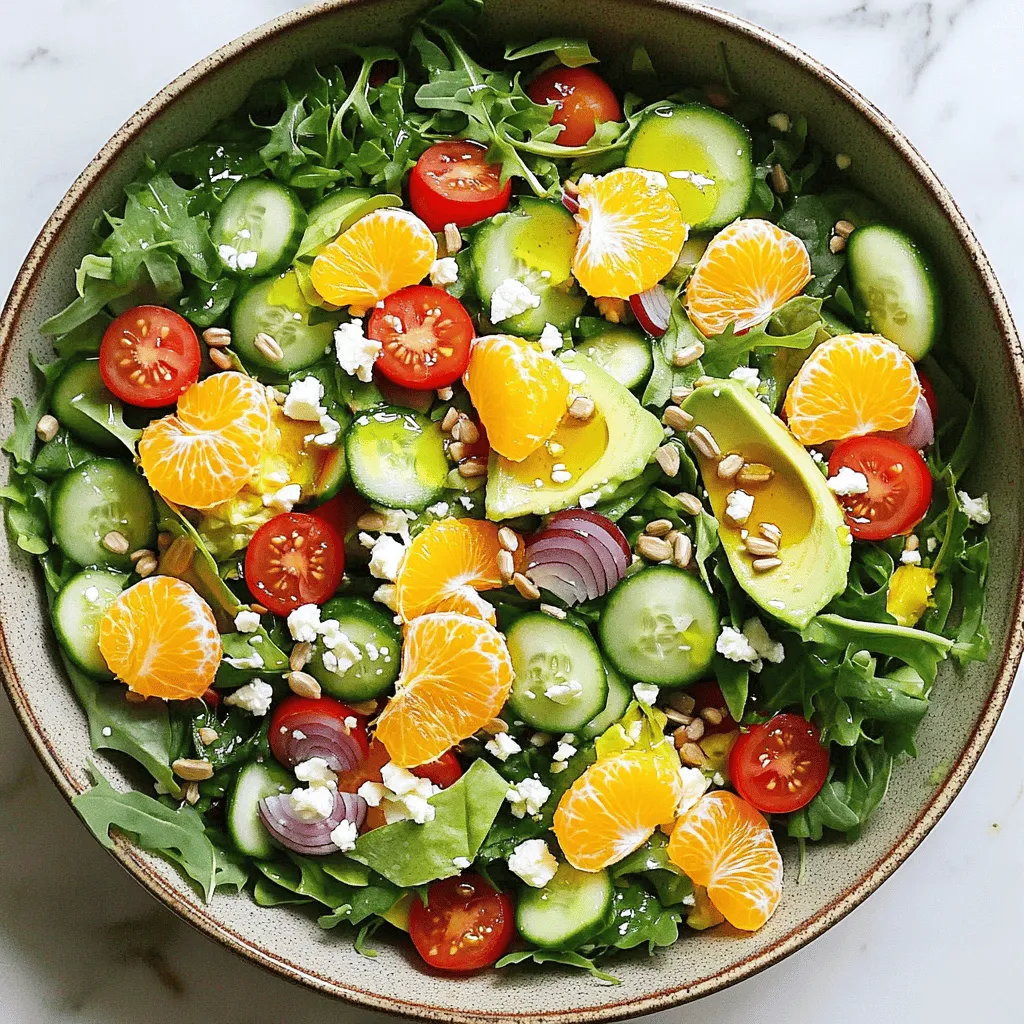 To make a Sunshine Salad, gather these fresh ingredients: - 2 cups mixed greens (a blend of arugula, spinach, and romaine) - 1 cup cherry tomatoes, halved for sweetness - 1 cup cucumber, diced into refreshing bites - 1 ripe avocado, peeled and diced for creaminess - 1 orange, segmented for a zesty twist - 1/4 cup red onion, thinly sliced for a mild kick - 1/4 cup crumbled feta cheese for saltiness - 1/4 cup sunflower seeds for crunch - 3 tablespoons extra virgin olive oil for richness - 2 tablespoons apple cider vinegar for a bright note - 1 teaspoon honey to balance flavors - Salt and pepper to taste Each ingredient in this salad adds both flavor and health benefits: - Mixed greens: These are low in calories and full of vitamins. - Cherry tomatoes: Packed with antioxidants, they support heart health. - Cucumber: High in water content, cucumbers help keep you hydrated. - Avocado: Full of healthy fats, avocados promote good digestion. - Orange: A great source of vitamin C, oranges boost your immune system. - Feta cheese: This adds protein and calcium for strong bones. - Sunflower seeds: They provide essential fats and add a crunchy texture. - Olive oil: A heart-healthy fat that can lower bad cholesterol. - Apple cider vinegar: It may help control blood sugar levels. You can easily customize your Sunshine Salad: - Greens: Try kale or spinach if you want a different base. - Fruits: Swap in berries or peaches for a sweet twist. - Veggies: Add bell peppers or radishes for extra crunch. - Cheese: Use goat cheese or blue cheese for a unique flavor. - Nuts: Substitute walnuts or almonds for a different crunch. - Dressings: Experiment with lemon juice or your favorite vinaigrette. Feel free to mix and match based on your taste! For the full recipe, check out the Sunshine Salad Delight. To start, gather all your ingredients. Freshness matters here. You need mixed greens, cherry tomatoes, cucumber, avocado, orange, red onion, feta cheese, and sunflower seeds. Having everything ready makes the process smooth. 1. Mix the greens: Place the mixed greens in a large bowl. This is your salad base. 2. Add the veggies: Layer in the halved cherry tomatoes and diced cucumber. This adds color and crunch. 3. Include fruits: Gently add the diced avocado and orange segments. This gives creaminess and zest. 4. Top it off: Sprinkle the thinly sliced red onion and crumbled feta cheese. This brings depth and flavor. When building your salad, think about layers. Place colors next to each other for a vibrant look. Avoid mashing the avocado. It should stay intact. Use tongs or salad servers to toss the salad gently. This helps mix flavors without breaking the ingredients. Now for the dressing. In a small bowl, whisk together: - 3 tablespoons extra virgin olive oil - 2 tablespoons apple cider vinegar - 1 teaspoon honey - Salt and pepper to taste Whisk until smooth. This dressing brightens the salad. Drizzle it over the salad right before serving. Toss gently to coat all the ingredients. For a finishing touch, sprinkle the sunflower seeds on top. They add a satisfying crunch. For the full recipe, check the earlier sections. Enjoy your vibrant and fresh Sunshine Salad! To make your Sunshine Salad shine, mix and match flavors. Try adding fresh herbs like basil or mint for a fragrant touch. A squeeze of lemon juice can brighten every bite. For a spicy kick, add sliced jalapeños or red pepper flakes. These flavors can make your salad pop. When slicing, keep your pieces even. This helps with both looks and taste. For tomatoes, cut them in half to release juices. Dice cucumbers into small cubes for crunch. With avocados, use a sharp knife to avoid browning. Cut each segment with care to keep them intact. This keeps your salad fresh and appealing. Store your salad in an airtight container. This keeps it crisp and tasty. Keep the dressing separate until ready to eat. This prevents soggy greens. If you have leftovers, enjoy them within two days. Freshness makes all the difference in taste. For more details, check out the Full Recipe. {{image_4}} You can easily change the taste of your Sunshine Salad with a few swaps. Try using kale instead of mixed greens for a heartier base. Swap cherry tomatoes for diced bell peppers for a crunchier bite. If you want a sweeter flavor, use mango instead of orange. Instead of feta cheese, try goat cheese for a tangy twist. Each swap brings a new taste to your salad. Seasonal changes offer great chances to switch up your salad. In spring, add fresh peas or asparagus for a vibrant touch. Summer is perfect for ripe peaches or nectarines, giving sweetness. In fall, consider adding roasted butternut squash or apples for warmth. During winter, include pomegranate seeds for a burst of color and flavor. Each season brings new ingredients to enjoy. Boost the nutrition of your Sunshine Salad by adding protein. Grilled chicken or shrimp can make it a full meal. For a plant-based option, add chickpeas or black beans. Tofu or tempeh is another great choice if you prefer a meatless salad. You could even sprinkle in some nuts, like almonds or walnuts, for both protein and crunch. Each option enhances the salad while keeping it fresh and exciting. For the full recipe, check the detailed instructions above. After enjoying your Sunshine Salad, store leftovers in an airtight container. This keeps them fresh. If you have leftover dressing, store it separately. It helps prevent soggy greens. Always use the salad within two days for the best taste. To keep salad ingredients fresh, store them in the fridge. Wrap greens in a damp paper towel. This maintains moisture and crunch. Keep tomatoes and cucumbers in a separate bin. Avoid washing them until you are ready to eat. Mixed greens last about three to five days in the fridge. Cherry tomatoes stay fresh for about a week. Cucumbers can last up to a week as well. Avocados should be eaten within one or two days once cut. Feta cheese normally lasts about five days. For sunflower seeds, they can stay fresh for a few weeks if kept dry. For the full recipe, check out the Sunshine Salad Delight 🥗 section! A Sunshine Salad is packed with nutrients. It has a mix of greens, which are high in vitamins A and C. Cherry tomatoes bring antioxidants that fight free radicals. Cucumbers are hydrating and low in calories. Avocado adds healthy fats that support heart health. Oranges provide vitamin C and help boost your immune system. Feta cheese offers calcium, while sunflower seeds add protein and fiber. Overall, this salad can help you feel good and stay healthy. Yes, you can prepare the salad ahead. However, I suggest waiting to add the dressing. Mix the greens, veggies, and toppings in a bowl. Store them in the fridge for up to a day. You want to keep them fresh and crunchy. When ready to eat, add the dressing and toss. This keeps the salad vibrant and tasty without becoming soggy. Many dressings fit well with a Sunshine Salad. A simple lemon vinaigrette adds a nice zest. A creamy ranch can make it richer. A balsamic glaze offers a sweet touch. You can also try a tahini dressing for a nutty flavor. Experiment with different dressings to find your favorite. Each will give the salad a unique twist. For the full recipe, check the recipe section of this article. In this blog post, we explored how to create a vibrant Sunshine Salad. We discussed the best ingredients and their health benefits. You learned about preparation steps and key techniques for perfect assembly. Our tips provided flavor combinations, slicing techniques, and storage advice. We covered fun variations to suit your taste and protein ideas. Remember to store leftovers properly to maintain freshness. With these insights, you can make a delicious salad that's healthy and exciting. Enjoy creating your own Sunshine Salad and feel great about what you eat!
