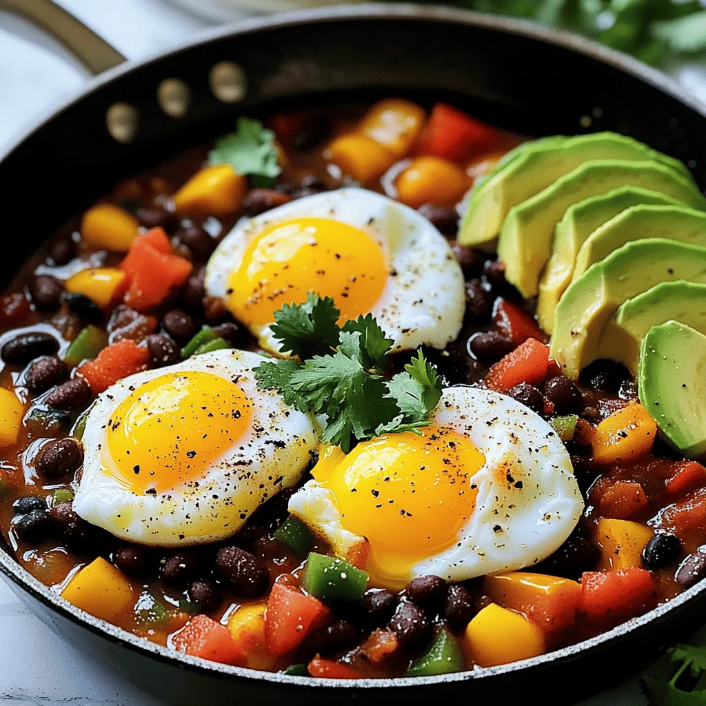 - 1 can (15 oz) black beans - 1 can (15 oz) diced tomatoes - 1 small onion, chopped - 2 cloves garlic, minced - 1 bell pepper, diced - 1 jalapeño, finely chopped (optional) - 1 teaspoon ground cumin - 1 teaspoon chili powder - 4 large eggs - 2 tablespoons extra virgin olive oil - Salt and black pepper to taste - Fresh cilantro leaves for garnish - Ripe avocado slices for serving In this recipe, the ingredients play a key role in building flavor. The black beans add protein and texture. The diced tomatoes bring a juicy base, enhancing the dish. The onion and garlic provide a sweet and savory aroma. Bell peppers add a nice crunch, while jalapeños can give it a spicy kick. Cumin and chili powder deliver warmth and depth. Using high-quality olive oil makes everything richer. The eggs, poached in the chili, bring creaminess. Fresh cilantro brightens the dish, making it vibrant. And don't forget the avocado slices, which add creaminess and balance the heat. To see how to put these ingredients together, check the Full Recipe. - Heat olive oil in a skillet over medium heat. - Sauté onion and garlic until translucent, about 3-4 minutes. - Add bell pepper and jalapeño, cooking until tender, about 2-3 minutes. - Incorporate black beans, diced tomatoes, cumin, and chili powder into the skillet. - Simmer for 10 minutes to meld flavors together. - Create wells in the chili for the eggs. - Cover and cook until eggs are set to your desired doneness. This simple method allows the flavors to shine. I love how the warm spices mix with the beans and fresh vegetables. It makes breakfast exciting! Check out the Full Recipe for complete details. - To cook the eggs evenly, cover the skillet while they poach. - If you prefer a runny yolk, check the eggs at 5 minutes. Cook longer for firm yolks. - This dish shines with fresh avocado slices on top. - For a filling meal, serve with toasted bread or warm tortillas. - Sprinkle cheese on top for added creaminess and flavor. - Try adding fresh herbs, like cilantro or parsley, to garnish your dish. These tips will help you make the most of your breakfast chili and eggs. For the full recipe, check out the Sunny Breakfast Chili Delight! {{image_4}} If you want a vegetarian twist, skip the eggs. You can add more beans or tofu for protein. Consider using black beans, kidney beans, or chickpeas. Adding veggies like zucchini or corn makes it even better. These choices boost flavor and nutrition. Do you like it spicy? Adjust the jalapeño and chili powder to match your taste. For less heat, try milder peppers like bell peppers or banana peppers. You can also leave out the jalapeño entirely. This way, everyone can enjoy it. Want to mix things up? You can add proteins like cooked sausage or crispy bacon. This boosts the dish’s heartiness. Experiment with different beans such as pinto or white beans. Changing the type of peppers can also make a big difference. Try poblano or Anaheim peppers for unique flavors. Store any leftovers in an airtight container. This keeps the chili fresh and tasty. It will stay good for 3-4 days in the fridge. Just make sure to let it cool down before sealing the container. You can freeze the Breakfast Chili and Eggs for up to 2 months. It’s a great way to save extra portions. When you’re ready to eat, thaw it in the fridge overnight. This will help it heat evenly. Reheat the chili gently to avoid overcooking the eggs. You can use a skillet or microwave. If using a skillet, add a splash of water while reheating. This keeps the dish moist and delicious. Enjoy the flavors just like when it was fresh! Yes, you can prepare the chili mixture and add eggs just before serving. This way, the eggs stay fresh and perfectly cooked. You can store the chili in the fridge for a few days. When you are ready, heat it up and add the eggs. You can use kidney beans or pinto beans as alternatives. Both beans add great flavor and texture. This swap keeps your dish delicious and interesting. Omit any cheese and focus on plant-based ingredients. You can still enjoy the rich flavors without dairy. Fresh avocado adds creaminess and taste too. Absolutely! It's perfect for batch cooking and reheating throughout the week. Make a big batch and store it in containers. You can grab it for a quick breakfast any day. Serve it hot with fresh avocado slices, cilantro, and additional toppings as desired. You can also add hot sauce or cheese. This makes each bowl unique to your taste. Yes, consider adding hot sauce or more chili powder for additional heat. You can also try different spices to make it your own. Adjust the spice level to match your preference. This recipe for Breakfast Chili and Eggs is simple and tasty. You learned what ingredients to use and how to prepare them. I shared helpful tips for cooking and serving this dish. You can easily adjust the spice level and make it vegetarian or freezer-friendly. Experiment with flavors and toppings to make it your own. Enjoy a fun and hearty meal that warms you up and fuels your day. Dive in, get creative, and serve up some deliciousness!