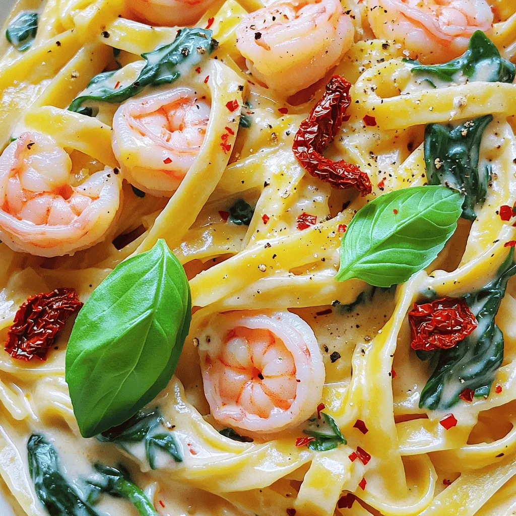 - 8 oz fettuccine pasta - 1 lb large shrimp, peeled and deveined - 2 tablespoons olive oil - 4 cloves garlic, minced - 1 cup heavy cream - 1 cup sun-dried tomatoes, chopped - 1 cup fresh spinach, roughly chopped - ½ cup grated Parmesan cheese - Garnish options: Fresh basil leaves The ingredients for Creamy Marry Me Shrimp Pasta blend together perfectly. Each component plays a key role in making this dish rich and flavorful. First, the fettuccine pasta is the heart of the meal. It holds the sauce well, giving each bite a creamy texture. Next, the shrimp adds a delightful taste. When cooked just right, shrimp becomes tender and juicy. Olive oil helps sauté the garlic, which brings out its strong aroma. Garlic adds depth to the dish, making it irresistible. The heavy cream transforms the sauce into a luscious base. It coats the pasta and shrimp beautifully, creating a dreamy texture. Sun-dried tomatoes offer a sweet and tangy touch. They brighten the dish and add a pop of color. Fresh spinach not only adds nutrition but also a lovely green hue. It wilts down perfectly, blending into the sauce. The grated Parmesan cheese gives a salty, nutty flavor. It melts in the warm sauce, enhancing its creaminess. Finally, garnishing with fresh basil leaves adds a fresh lift. They give a burst of flavor and look beautiful on the plate. For the full recipe, you can visit the provided link. Enjoy creating this dish that is sure to impress! To start, bring a large pot of salted water to a boil. Add the fettuccine pasta when the water is bubbling. Cook the pasta according to the package instructions, usually around 8 to 10 minutes. You want it to be al dente, which means it should still have a slight bite. To check, taste a piece before draining. Once cooked, drain the pasta but save a cup of pasta water for later. In a large skillet, add 2 tablespoons of olive oil. Heat it over medium heat until it shimmers. Then, add 4 cloves of minced garlic. Sauté the garlic for about one minute, just until you smell its aroma. Be careful not to burn it. Next, add the shrimp in a single layer. Cook them for 2 to 3 minutes on each side. You'll know they are done when they turn pink and opaque. Once cooked, remove the shrimp from the skillet and set them aside. In the same skillet, pour in 1 cup of heavy cream. Bring it to a gentle simmer over medium heat. As it heats, stir occasionally to prevent sticking. After a minute, add 1 cup of chopped sun-dried tomatoes and 1 teaspoon of red pepper flakes. Let the sauce simmer for about 5 minutes until it thickens slightly. Next, add 1 cup of roughly chopped fresh spinach to the sauce. Stir until the spinach wilts and blends into the creamy mix. Gradually mix in ½ cup of grated Parmesan cheese. Keep stirring until the cheese melts. If the sauce seems too thick, add a bit of the reserved pasta water until you reach your desired consistency. Now, return the cooked shrimp to the skillet, tossing them gently in the sauce. Add the drained fettuccine and mix everything together until well combined. Taste the dish and sprinkle in salt and pepper according to your preference. For plating, use deep bowls to serve the pasta. Garnish each serving with fresh basil leaves. This adds a lovely aroma and a pop of color. Enjoy your creamy marry me shrimp pasta! For the full recipe, check it out [here](#). How to avoid overcooking shrimp: To keep shrimp tender, cook them for just 2-3 minutes on each side. Look for a pink color and opaque texture. If they curl tightly, they may be overcooked. Best practices for creamy sauces: Start with low heat when making your sauce. This helps to prevent burning the cream. Stir frequently to keep the sauce smooth and creamy. If it gets too thick, add a bit of reserved pasta water. Suggestions for additional herbs and spices: Basil, parsley, and thyme add fresh flavor. You can also try a dash of oregano or Italian seasoning. For a kick, add more red pepper flakes or some cayenne. When to add extra salt and pepper: Taste your sauce after adding the shrimp and before serving. This is the best time to adjust salt and pepper. Start with a pinch and add more as needed. Plating tips for a romantic dinner: Use deep bowls for serving. Twirl the fettuccine into a nest shape for height. This makes your dish more inviting and elegant. Using garnishes to enhance visual appeal: Add fresh basil leaves on top for a pop of color. A sprinkle of grated Parmesan adds a nice touch too. You can also drizzle a bit of olive oil for shine. For a touch of romance, place a few sun-dried tomatoes around the edge. For a detailed recipe, check the Full Recipe for all the steps and ingredients! {{image_4}} For those with dietary needs, you can easily adjust this dish. - Gluten-free pasta alternatives: Look for gluten-free fettuccine made from rice or quinoa. These options cook similar to traditional pasta, keeping the texture you desire. - Dairy-free substitutions for cream and cheese: Use coconut cream or cashew cream instead of heavy cream. Nutritional yeast works well as a cheese substitute for that savory flavor. Feel free to switch up the seafood or add more veggies. - Using different types of seafood: You can use scallops, crab, or even lobster. Each option brings a unique taste to the dish. - Vegetable variations for added texture: Consider adding bell peppers, zucchini, or asparagus. These will not only enhance the flavor but also add color and crunch. Get creative with your sauce for a different twist. - Adding flavored oils or butters: Use garlic-infused olive oil or herb butter for extra depth. This small change can elevate the entire dish. - Experimenting with different cheese types: Try goat cheese, feta, or even a sharp cheddar. Each cheese will give a unique flavor profile and creaminess to your sauce. For the full recipe, you can refer to the Creamy Marry Me Shrimp Pasta recipe provided above. When you have leftovers of this creamy marry me shrimp pasta, it is key to store them right. Use airtight containers so the dish stays fresh. Glass or plastic containers work well. Make sure to cool the pasta before sealing. This helps prevent moisture buildup. To cool the pasta, let it sit at room temperature for about 30 minutes. Once cooled, place it in your container and put it in the fridge. The pasta will last for about three days. To reheat the pasta, use the stove for the best results. Place the leftovers in a skillet over low heat. Add a splash of water or extra cream to keep it creamy. Stir often to warm it evenly. You can also use a microwave, but be careful. Heat it in short bursts. Stir in between to avoid hot spots. Adding liquid helps keep the dish moist. If you want to save your creamy marry me shrimp pasta for later, freezing is an option. However, it is best to freeze the pasta and sauce separately. This helps maintain the texture. Place the cooked pasta in one bag and the sauce in another. Squeeze out the air before sealing. You can freeze them for up to three months. When you are ready to eat, thaw the sauce in the fridge overnight. Reheat it on the stove while cooking the pasta. This keeps everything fresh and tasty. Marry Me Shrimp Pasta is a modern dish known for its rich flavors. It combines shrimp, cream, and pasta, making it a comforting meal. Many believe it got its name from its ability to impress dates. The dish has roots in Italian cuisine, where seafood and pasta shine together. Its creamy sauce enhances the shrimp's sweetness, creating a delightful balance. Chefs worldwide have embraced this dish, adding their personal touches. To add heat to your shrimp pasta, use red pepper flakes. Start with a teaspoon and increase it to your taste. You can also add diced jalapeños or spicy sausage. If you love heat, try a splash of hot sauce in the cream sauce. Remember, balance is key, so adjust slowly to avoid overpowering the dish. Yes! You can make Marry Me Shrimp Pasta ahead of time. Cook the pasta and shrimp separately, then store them in the fridge. Prepare the cream sauce, then keep it in an airtight container. When ready to eat, just reheat the sauce and combine everything. This method keeps the pasta from getting soggy and maintains flavor. Wine enhances Marry Me Shrimp Pasta beautifully. A crisp white wine, like Pinot Grigio, pairs well. It balances the creaminess and brings out the shrimp's taste. For side dishes, consider a fresh salad or garlic bread. These options add texture and flavor, creating a perfect meal. Absolutely! Marry Me Shrimp Pasta is perfect for romantic dinners or celebrations. Its rich flavors and creamy texture feel luxurious. You can elevate your dining experience with elegant plating. Use deep bowls and add a sprinkle of extra cheese and fresh herbs for a beautiful finish. Presentation matters when serving Marry Me Shrimp Pasta. Start by using deep bowls for a cozy feel. Garnish with fresh basil leaves to add color and aroma. A light sprinkle of Parmesan cheese and red pepper flakes enhances the look. Arrange the shrimp artfully around the pasta for a professional touch. This blog post covered a quick and tasty recipe for Marry Me Shrimp Pasta. We started with key ingredients like fettuccine, shrimp, garlic, and heavy cream. I shared step-by-step cooking advice to get the perfect texture and flavor. We explored tips to enhance taste and ideas for personalizing the dish. In the end, this dish is great for any occasion. With a few simple changes, you can make it your own. Enjoy making it and impressing your guests!