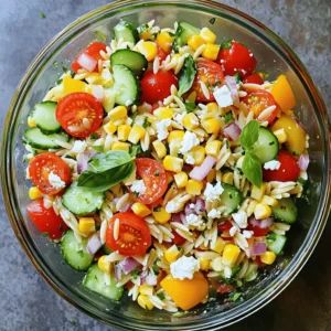 To create a vibrant and tasty Rainbow Orzo Salad, gather these fresh ingredients: - 1 cup orzo pasta - 1 cup cherry tomatoes, halved - 1 cup cucumber, diced - 1 bell pepper (any color), diced - 1 cup cooked corn (fresh or canned) - 1/2 red onion, finely chopped - 1/2 cup feta cheese, crumbled - 2 tablespoons olive oil - 1 tablespoon freshly squeezed lemon juice - 1 teaspoon dried oregano - Salt and black pepper to taste - Fresh basil leaves, for garnish Each ingredient adds a splash of color and flavor. The orzo pasta forms the base, while the vegetables bring crunch and sweetness. Cherry tomatoes and cucumbers keep it fresh, and bell peppers add a pop of color. The corn sweetens the mix, and red onion gives it a nice bite. Feta cheese adds creaminess and saltiness, while olive oil and lemon juice create a bright dressing. Dried oregano enhances the flavor, and salt and pepper balance the dish. Fresh basil leaves top it all off, giving a fragrant finish. For the full recipe, follow the instructions carefully. Enjoy making this dish, and let its colors and tastes brighten your table! To start, boil a large pot of salted water. Use about 4 quarts of water for 1 cup of orzo. When the water reaches a rolling boil, add the orzo pasta. Cook it for about 8 to 10 minutes. You want it to be al dente, which means it should still have a little bite. Once cooked, drain the orzo in a fine mesh sieve. Rinse it under cool running water. This stops the cooking and cools the pasta down. While the orzo cooks, focus on your veggies. Cut the cucumber and bell pepper into small, even pieces. Halve the cherry tomatoes so they mix well. If you're using fresh corn, cook it in boiling water for about 2-3 minutes. After cooking, drain the corn and let it cool down. Uniform pieces help the salad look nice and taste great. In a large mixing bowl, combine the chilled orzo with the halved cherry tomatoes, diced cucumber, diced bell pepper, and cooked corn. Add the finely chopped red onion as well. Stir gently to mix everything evenly. You want each bite to be colorful and tasty. Next, make the dressing. In a small bowl, whisk together 2 tablespoons of olive oil, 1 tablespoon of freshly squeezed lemon juice, 1 teaspoon of dried oregano, salt, and black pepper. When it’s well mixed, drizzle the dressing over the salad. Toss the salad gently to coat all the ingredients well. Now, fold in the crumbled feta cheese. Do this carefully to keep the cheese in nice pieces. Taste the salad and adjust the seasoning if needed. You may want a bit more salt or pepper. Transfer your vibrant salad to a serving platter or into bowls. For a finishing touch, garnish with fresh basil leaves. This adds color and a lovely aroma to your dish. Enjoy your Rainbow Orzo Salad, a bright and tasty meal! For the full recipe, be sure to check out the details above. To achieve perfect orzo, cook it for about 8 to 10 minutes. This time helps keep it al dente, which means it has a slight bite. To prevent clumping, rinse the orzo in cold water right after cooking. This step washes away the starch that causes sticking. You can make your dressing more exciting! Try adding a splash of lemon juice or vinegar for zest. Taste your dressing as you mix. Adjust the salt and pepper to match your flavor likes. You can even add herbs like basil or parsley for more freshness. When serving, think about color and style. Use a clear bowl to show off the vibrant salad. Garnish with fresh basil leaves on top for a pop of green. You can also serve it in small cups for a fun twist. A drizzle of olive oil right before serving makes it shine! {{image_4}} You can easily change this dish to fit your taste. Here are a few ideas: - Protein Options: If you want more protein, try adding grilled chicken or chickpeas. They make the salad hearty and filling. - Other Vegetables: Add more veggies for color and crunch. Try shredded carrots, radishes, or snap peas. Mix and match these options to create a salad that you love! You can adjust the Rainbow Orzo Salad to fit different diets. Here’s how: - Making It Gluten-Free: Use gluten-free orzo made from rice or corn. This way, you can enjoy the same great taste without gluten. - Vegan Adaptations: To make it vegan, skip the feta cheese or replace it with a vegan cheese option. You can also add avocado for creaminess. These changes let everyone enjoy this colorful dish! You can find the full recipe for more details. To keep your Rainbow Orzo Salad fresh, store it in an airtight container. This helps prevent air and moisture from spoiling it. Place the salad in the fridge right after serving. The salad stays fresh for 3 to 5 days. If you notice any changes in color or smell, it’s best to discard it. This salad tastes best cold, but if you want to warm it up, do it gently. Use a microwave-safe dish and heat it for short bursts. Stir in between to avoid hot spots. For best quality, enjoy leftovers within 2 days. After that, the flavors may fade, and the veggies might lose their crunch. To save time, you can chop your veggies while the orzo cooks. Use a food processor for quick dicing. You can also buy pre-cooked corn or frozen corn. Just thaw it before adding. This way, you speed up the process without losing taste. Yes, you can! If you don’t have orzo, try ditalini or small shells. They will work well too. Adjust the cooking time based on the pasta you choose. Always check the package for guidance on cooking times. Absolutely! Store the salad in an airtight container. It stays fresh for up to three days. Keep the dressing separate until ready to eat. This keeps the salad crunchy and tasty. You can mix it just before serving for the best flavor. For the full recipe, check out the Rainbow Orzo Salad Delight! In this blog post, I covered how to make a delicious rainbow orzo salad. We explored the key ingredients, from pasta to fresh veggies. I also shared step-by-step cooking instructions, tips for perfect texture, and ideas for customizing flavors. You learned how to store leftovers and adapt the recipe for various diets. The key takeaway is that orzo salad is both simple and versatile. Enjoy making your own tasty variations, and share them with friends!