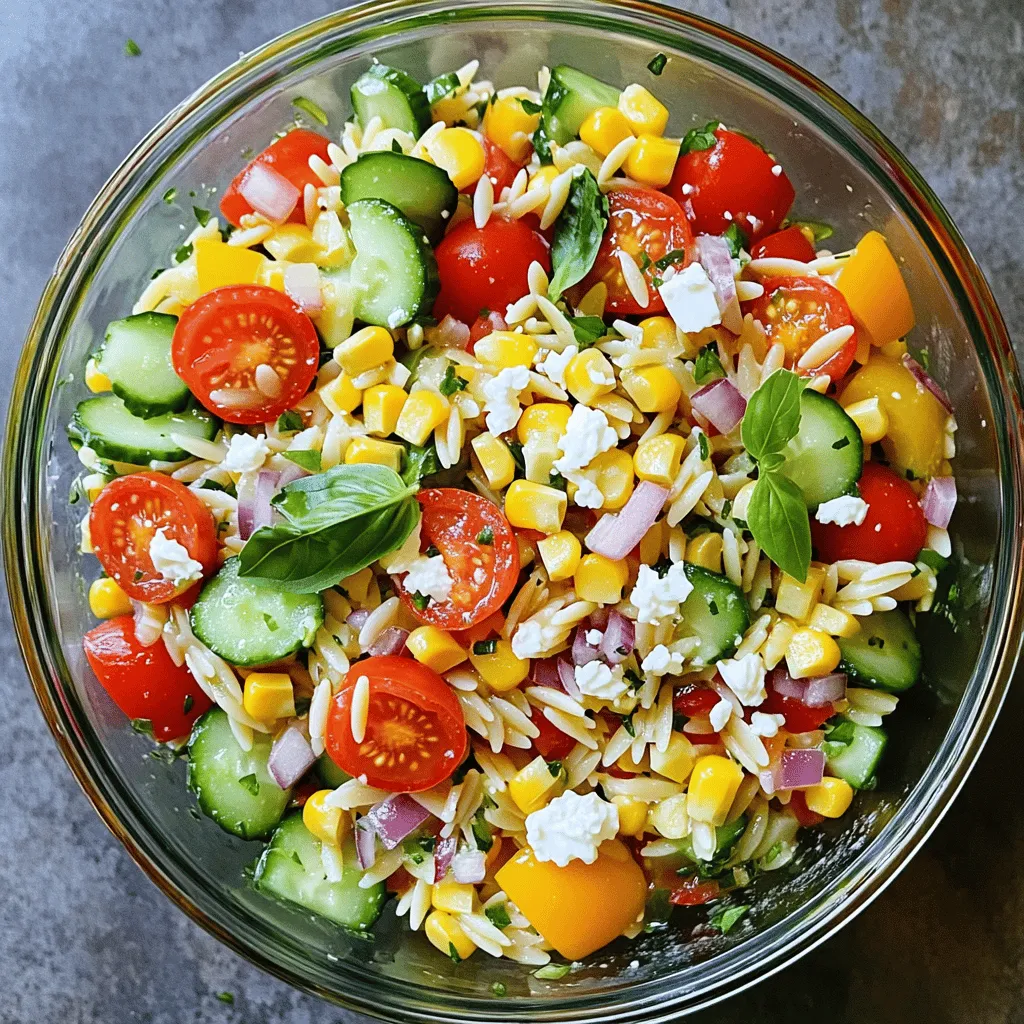 To create a vibrant and tasty Rainbow Orzo Salad, gather these fresh ingredients: - 1 cup orzo pasta - 1 cup cherry tomatoes, halved - 1 cup cucumber, diced - 1 bell pepper (any color), diced - 1 cup cooked corn (fresh or canned) - 1/2 red onion, finely chopped - 1/2 cup feta cheese, crumbled - 2 tablespoons olive oil - 1 tablespoon freshly squeezed lemon juice - 1 teaspoon dried oregano - Salt and black pepper to taste - Fresh basil leaves, for garnish Each ingredient adds a splash of color and flavor. The orzo pasta forms the base, while the vegetables bring crunch and sweetness. Cherry tomatoes and cucumbers keep it fresh, and bell peppers add a pop of color. The corn sweetens the mix, and red onion gives it a nice bite. Feta cheese adds creaminess and saltiness, while olive oil and lemon juice create a bright dressing. Dried oregano enhances the flavor, and salt and pepper balance the dish. Fresh basil leaves top it all off, giving a fragrant finish. For the full recipe, follow the instructions carefully. Enjoy making this dish, and let its colors and tastes brighten your table! To start, boil a large pot of salted water. Use about 4 quarts of water for 1 cup of orzo. When the water reaches a rolling boil, add the orzo pasta. Cook it for about 8 to 10 minutes. You want it to be al dente, which means it should still have a little bite. Once cooked, drain the orzo in a fine mesh sieve. Rinse it under cool running water. This stops the cooking and cools the pasta down. While the orzo cooks, focus on your veggies. Cut the cucumber and bell pepper into small, even pieces. Halve the cherry tomatoes so they mix well. If you're using fresh corn, cook it in boiling water for about 2-3 minutes. After cooking, drain the corn and let it cool down. Uniform pieces help the salad look nice and taste great. In a large mixing bowl, combine the chilled orzo with the halved cherry tomatoes, diced cucumber, diced bell pepper, and cooked corn. Add the finely chopped red onion as well. Stir gently to mix everything evenly. You want each bite to be colorful and tasty. Next, make the dressing. In a small bowl, whisk together 2 tablespoons of olive oil, 1 tablespoon of freshly squeezed lemon juice, 1 teaspoon of dried oregano, salt, and black pepper. When it’s well mixed, drizzle the dressing over the salad. Toss the salad gently to coat all the ingredients well. Now, fold in the crumbled feta cheese. Do this carefully to keep the cheese in nice pieces. Taste the salad and adjust the seasoning if needed. You may want a bit more salt or pepper. Transfer your vibrant salad to a serving platter or into bowls. For a finishing touch, garnish with fresh basil leaves. This adds color and a lovely aroma to your dish. Enjoy your Rainbow Orzo Salad, a bright and tasty meal! For the full recipe, be sure to check out the details above. To achieve perfect orzo, cook it for about 8 to 10 minutes. This time helps keep it al dente, which means it has a slight bite. To prevent clumping, rinse the orzo in cold water right after cooking. This step washes away the starch that causes sticking. You can make your dressing more exciting! Try adding a splash of lemon juice or vinegar for zest. Taste your dressing as you mix. Adjust the salt and pepper to match your flavor likes. You can even add herbs like basil or parsley for more freshness. When serving, think about color and style. Use a clear bowl to show off the vibrant salad. Garnish with fresh basil leaves on top for a pop of green. You can also serve it in small cups for a fun twist. A drizzle of olive oil right before serving makes it shine! {{image_4}} You can easily change this dish to fit your taste. Here are a few ideas: - Protein Options: If you want more protein, try adding grilled chicken or chickpeas. They make the salad hearty and filling. - Other Vegetables: Add more veggies for color and crunch. Try shredded carrots, radishes, or snap peas. Mix and match these options to create a salad that you love! You can adjust the Rainbow Orzo Salad to fit different diets. Here’s how: - Making It Gluten-Free: Use gluten-free orzo made from rice or corn. This way, you can enjoy the same great taste without gluten. - Vegan Adaptations: To make it vegan, skip the feta cheese or replace it with a vegan cheese option. You can also add avocado for creaminess. These changes let everyone enjoy this colorful dish! You can find the full recipe for more details. To keep your Rainbow Orzo Salad fresh, store it in an airtight container. This helps prevent air and moisture from spoiling it. Place the salad in the fridge right after serving. The salad stays fresh for 3 to 5 days. If you notice any changes in color or smell, it’s best to discard it. This salad tastes best cold, but if you want to warm it up, do it gently. Use a microwave-safe dish and heat it for short bursts. Stir in between to avoid hot spots. For best quality, enjoy leftovers within 2 days. After that, the flavors may fade, and the veggies might lose their crunch. To save time, you can chop your veggies while the orzo cooks. Use a food processor for quick dicing. You can also buy pre-cooked corn or frozen corn. Just thaw it before adding. This way, you speed up the process without losing taste. Yes, you can! If you don’t have orzo, try ditalini or small shells. They will work well too. Adjust the cooking time based on the pasta you choose. Always check the package for guidance on cooking times. Absolutely! Store the salad in an airtight container. It stays fresh for up to three days. Keep the dressing separate until ready to eat. This keeps the salad crunchy and tasty. You can mix it just before serving for the best flavor. For the full recipe, check out the Rainbow Orzo Salad Delight! In this blog post, I covered how to make a delicious rainbow orzo salad. We explored the key ingredients, from pasta to fresh veggies. I also shared step-by-step cooking instructions, tips for perfect texture, and ideas for customizing flavors. You learned how to store leftovers and adapt the recipe for various diets. The key takeaway is that orzo salad is both simple and versatile. Enjoy making your own tasty variations, and share them with friends!