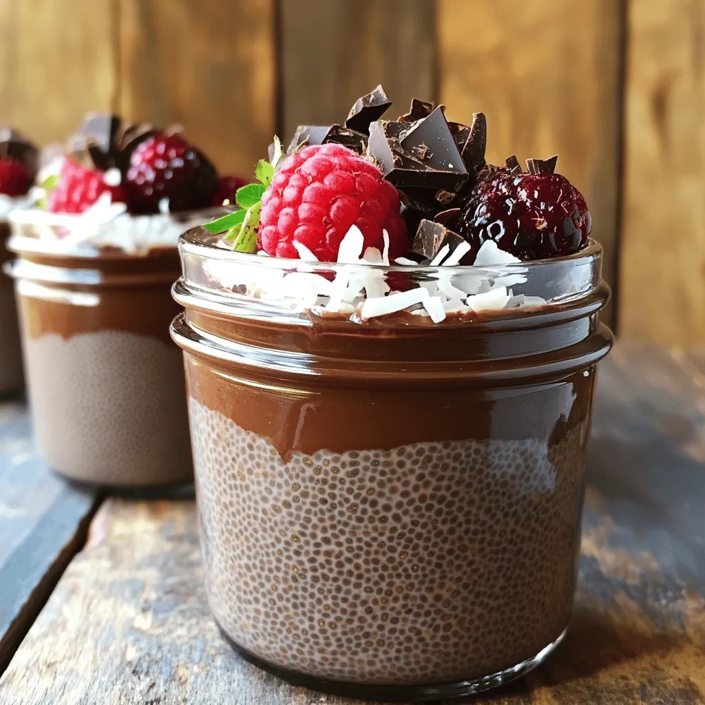 To make a delicious chocolate chia pudding, you need the following ingredients: - 1/2 cup chia seeds - 2 cups almond milk (or your preferred milk) - 1/4 cup unsweetened cocoa powder - 1/4 cup maple syrup (or honey for sweetness) - 1 teaspoon vanilla extract - A pinch of salt These ingredients work together to create a rich and creamy texture. Chia seeds are the star here. They absorb liquid and expand, forming a pudding-like consistency. Almond milk or any milk you prefer adds creaminess and flavor. Cocoa powder brings the chocolatey goodness. Sweetness comes from maple syrup or honey, while vanilla and salt enhance the overall taste. For a fun twist, try adding some toppings. Here are some great options: - Fresh berries (strawberries, blueberries, raspberries) - Shredded coconut - Dark chocolate shavings Toppings not only add flavor but also make your pudding look great. Fresh berries add a burst of color and freshness. Shredded coconut gives a tropical touch. Dark chocolate shavings add an extra layer of richness. Feel free to mix and match! This recipe is all about personalizing your experience. For the full recipe, refer to the section above. 1. In a medium mixing bowl, combine the ingredients: - 1/2 cup chia seeds - 2 cups almond milk - 1/4 cup unsweetened cocoa powder - 1/4 cup maple syrup - 1 teaspoon vanilla extract - A pinch of salt 2. Using a whisk, blend the mixture vigorously for about 1-2 minutes. This step is key to prevent lumps from forming. You want everything to mix well, especially the cocoa powder. 3. Allow the mixture to sit for about 5 minutes. This helps the chia seeds absorb the liquid and start thickening. 4. After five minutes, whisk the mixture again. This ensures that the chia seeds stay evenly distributed and do not settle at the bottom. 5. Cover the bowl tightly with plastic wrap. You can also divide the mixture into individual jars for easy serving later. Place the bowl or jars in the refrigerator. Chill the pudding for at least 2 hours. 6. For the best results, let it chill overnight. This extra time helps create a creamy texture that makes each bite delightful. When you are ready to serve, stir the pudding again to break up any lumps. Spoon it into bowls or cups and top with your favorite garnishes for a beautiful finish. For the full recipe, refer back to the earlier section. Whisking is key for smooth chocolate chia pudding. It helps mix the chia seeds and cocoa powder well. This step stops clumps from forming. After the first whisk, let the mixture sit for five minutes. Then, whisk again to keep the seeds from sinking. For the best results, chill your pudding for at least two hours. If you can wait overnight, it becomes even creamier. You can easily boost the flavor of your chocolate chia pudding. Try adding spices like cinnamon or nutmeg. These spices add warmth and depth. You can also play with the sweetness. If you want a sweeter pudding, add more maple syrup or honey. Taste it as you go to find your perfect balance. Presentation can make your dish shine. Use clear cups to show off the beautiful layers in your pudding. A sprinkle of fresh berries adds color and flavor. Consider adding mint leaves for a fresh touch. You can also pair this pudding with snacks. It goes well with granola or a light cake. Enjoy your delicious chocolate chia pudding! {{image_4}} You can use different kinds of milk for your pudding. Coconut milk adds a rich, creamy taste. Oat milk makes it smooth and slightly sweet. Soy milk gives a protein boost and a nice texture. Each choice changes the flavor and mouthfeel of the pudding. Experimenting with milk can lead to fun surprises! Want to take your pudding up a notch? Add nut butters like almond or peanut for creaminess. A drop of almond or peppermint extract can change the whole taste. You can also spice it up. Try a sprinkle of cinnamon or nutmeg for warmth. These small changes can make your dessert exciting! If you want to be healthier, there are easy swaps. Lower the sugar by using less maple syrup or honey. You can add protein powder or superfoods like chia or hemp seeds. These tweaks keep your pudding tasty while giving you more nutrition. Enjoy your sweet treat without the guilt! To keep your chocolate chia pudding fresh, store it in the refrigerator. Use an airtight container or individual jars. These options help lock in moisture and flavor. Make sure the container is clean and dry. If you use jars, leave a little space at the top. This allows the pudding to expand if needed. You can store chocolate chia pudding in the fridge for about 5 days. After that, the taste and texture may change. Look for signs of spoilage. If you see any mold or if it smells sour, throw it away. If the pudding has a strange texture, it’s best not to eat it. Always check before you enjoy your creamy treat! To make chocolate chia pudding thicker, you can adjust the chia seed ratio. Use more chia seeds, about 2/3 cup, for a firmer texture. Also, let it sit longer. Chilling overnight helps the seeds absorb more liquid. Whisking well also helps blend the ingredients and breaks up clumps. Yes, you can use other sweeteners. Try honey, agave syrup, or stevia. Each will change the taste a bit. Honey adds a floral note, while stevia is lower in calories. Maple syrup gives that classic taste, but feel free to experiment! Yes, chocolate chia pudding is very healthy. Chia seeds are high in fiber, protein, and omega-3s. Almond milk is low in calories and dairy-free. Cocoa powder has antioxidants. It’s great for many diets, including vegan and gluten-free. Just watch the sweetener if you're cutting sugar. Absolutely! You can make chocolate chia pudding in advance. It lasts up to five days in the fridge. Just store it in airtight containers. This is perfect for meal prepping. Make a batch on Sunday for tasty breakfasts all week! Enjoy the Full Recipe to get started. This blog post covered how to make chocolate chia pudding. You learned about the key ingredients needed, like chia seeds and almond milk. I explained the steps for mixing, setting, and chilling the pudding. We also discussed tips for perfect consistency and flavor enhancements. Lastly, I shared storage info and answered common questions. Try making this pudding at home. It’s simple, tasty, and healthy. Enjoy experimenting with toppings and flavors! You’ll love how easy and fun it is.