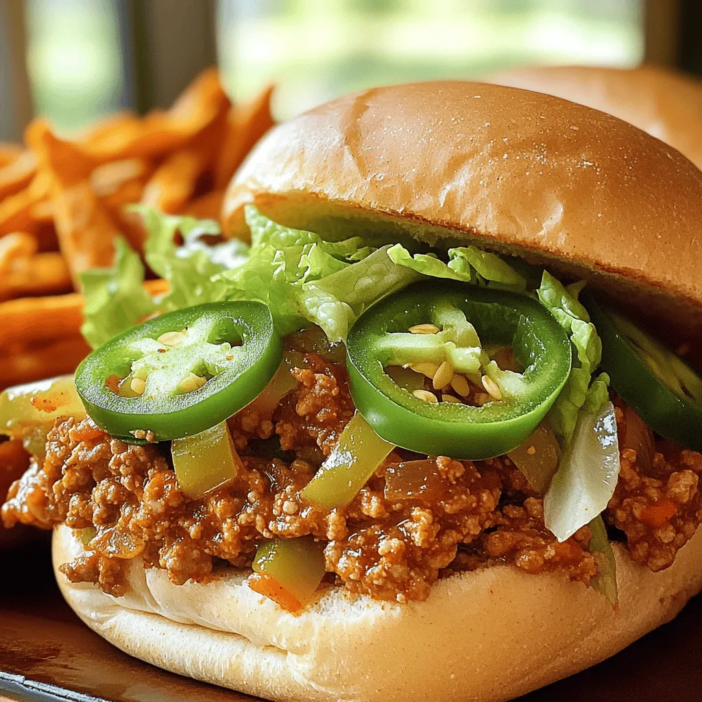 - 1 lb ground chicken - 1 small onion, finely chopped - 2 cloves garlic, minced - 1 green bell pepper, diced - 1 tablespoon Cajun seasoning - 1 cup diced tomatoes (canned or fresh) - 1 tablespoon tomato paste - 1 tablespoon Worcestershire sauce - 1 tablespoon olive oil - Salt and black pepper to taste - 4 soft hamburger buns - Optional toppings: sliced jalapeños, shredded lettuce, sliced pickles, and diced tomatoes The ground chicken serves as a lean base. It absorbs the flavor well and cooks quickly. The onion and green bell pepper add sweetness and crunch. Garlic boosts the taste with its rich aroma. Cajun seasoning gives this dish its signature kick. Diced tomatoes and tomato paste create a juicy, tangy sauce. Worcestershire sauce adds depth and enhances the overall flavor. Each ingredient plays an important role in making these sloppy joes taste amazing. Toppings can take your Cajun Chicken Sloppy Joes to the next level. Sliced jalapeños add heat and excitement. Shredded lettuce brings a fresh crunch. Sliced pickles offer a tangy contrast that brightens each bite. Diced tomatoes add color and freshness. Feel free to mix and match these toppings to suit your taste. Experimenting with toppings can make each meal unique and fun! For the full recipe, check out the complete guide. Before you start cooking, gather all your ingredients. Chop the onion and green bell pepper. Mince the garlic. Measure out your Cajun seasoning, diced tomatoes, and other items. This will make your cooking smoother. 1. Heat 1 tablespoon of olive oil in a large skillet over medium heat. 2. Add the chopped onion and diced green bell pepper. Sauté them for about 5 minutes. They should turn soft and clear. 3. Mix in the minced garlic for 1 minute. Stir until the garlic smells nice. 4. Add the ground chicken. Break it apart with a spatula. Cook for 6-8 minutes until it is brown and no longer pink. 5. Sprinkle Cajun seasoning over the chicken. Stir it well to mix the flavor. 6. Pour in the diced tomatoes, tomato paste, and Worcestershire sauce. Add salt and black pepper to taste. Mix everything together. 7. Lower the heat and let it simmer for 10-15 minutes. This helps the flavors blend well. 8. While it simmers, toast the hamburger buns until golden brown. You can use a toaster or a skillet. 9. Once the chicken mix is hot and thick, it’s time to assemble your sloppy joes. Spoon the chicken mixture onto the bottom half of each toasted bun. For extra flavor, add your favorite toppings like sliced jalapeños, shredded lettuce, or pickles. Finally, place the top bun on each sandwich to finish your dish. Enjoy your zesty Cajun chicken sloppy joes! Check the Full Recipe for more details. To make perfect Cajun chicken sloppy joes, start with fresh ingredients. Use ground chicken for a leaner option that still packs flavor. Always chop your vegetables finely. This helps them cook evenly and blend well with the chicken. Don’t rush the browning process; let the chicken get a nice color. This adds depth to your dish. Remember to taste as you cook. Adjust the seasoning until it feels just right. You can boost the flavor of your sloppy joes by using homemade Cajun seasoning. This adds a personal touch and freshness. Consider adding a splash of hot sauce for extra heat. A hint of smoked paprika can deepen the flavor as well. If you love sweetness, try adding a teaspoon of brown sugar. This balances the spices perfectly. For a creamy finish, a dollop of sour cream on top can enhance every bite. Serve your Cajun chicken sloppy joes on toasted buns for crunch. Pair them with crispy sweet potato fries for a fun side. You can add a fresh salad to balance the meal. For a casual gathering, set up a toppings bar. Offer sliced jalapeños, shredded lettuce, and pickles. Let guests build their own perfect sandwich. This adds fun and customization to your meal. For drinks, sweet tea or lemonade works great. {{image_4}} You can switch ground chicken for other meats. Ground turkey works well too. For a richer flavor, use ground beef. If you want a leaner option, try ground pork. Each type of meat brings a unique taste to your sloppy joes. To make this dish plant-based, use lentils or black beans. Both options add protein and texture. You can also use a meat substitute like soy crumbles. These options work great with the same spices to keep that Cajun flair. You can tweak the spice level to your liking. Add more Cajun seasoning for a bolder flavor. If you prefer mild, reduce the seasoning. For a smoky taste, mix in some smoked paprika. You can also add a splash of hot sauce for extra kick. To keep your Cajun chicken sloppy joes fresh, first let them cool. Place the chicken mix in an airtight container. Store it in the fridge for up to three days. Keep the buns separate to avoid sogginess. When you want to enjoy your leftovers, reheat the chicken mix on the stove. Use low heat and stir often to warm it evenly. You can also microwave it for about 1-2 minutes. Just cover it with a damp paper towel to keep it moist. If you want to save some for later, freeze the chicken mixture. Use a freezer-safe container or bag. Make sure to remove as much air as possible. Store it for up to three months. When ready to eat, thaw it in the fridge overnight before reheating. This method helps keep the flavors intact. For the best experience, always toast the buns fresh! You can use ground turkey or ground beef as a substitute. Both options work well and provide a similar texture. If you want a lighter dish, try using shredded rotisserie chicken. It saves time and adds great flavor. Yes, you can make this recipe ahead of time. Prepare the chicken mixture and store it in the fridge for up to three days. Just reheat it on the stove when you are ready to serve. This makes weeknight dinners easy and quick. To make it milder, reduce the Cajun seasoning. You can also add more diced tomatoes to dilute the spice. If you like heat, add more Cajun seasoning or sliced jalapeños. Taste as you go to find the perfect balance for your palate. In this blog post, we covered how to make Cajun Chicken Sloppy Joes. We explored key ingredients, preparation steps, and essential cooking tips. Understanding spice levels and optional toppings can elevate your dish. Variations allow for creativity, whether using different proteins or making it vegan. Don't forget how to store leftovers for future enjoyment. Cajun Chicken Sloppy Joes are fun to make and taste great. Dive in and enjoy!