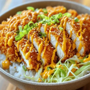 - Boneless chicken breasts: The star of this dish. Chicken breasts are lean and cook quickly. - Panko breadcrumbs: These Japanese breadcrumbs create a light, crispy coating. They are key for that crunch! - All-purpose flour: This helps the chicken stick to the breadcrumbs. It adds a nice texture. - Large eggs: Eggs bind the flour and breadcrumbs, ensuring an even coat. - Salt and pepper: These enhance the chicken's flavor. Always season your food! - Garlic powder and onion powder: They add depth to the flavor. Simple but effective! - Vegetable oil: You need this for frying. It gives the katsu its golden color. - Jasmine rice: The perfect base for your katsu bowl. It’s fragrant and fluffy. - Shredded cabbage or lettuce: This adds crunch and freshness. A great contrast to the fried chicken. - Green onions: These add a nice pop of color and a mild onion flavor. - Tonkatsu sauce: A sweet and savory sauce that brings everything together. It’s a must-have! - Optional: Sesame seeds for garnish. They add a nice touch and extra flavor. Each ingredient plays its role. Freshness matters. Quality ingredients make a difference in taste and nutrition. - Protein Variations: You can swap chicken for pork or tofu. Each option offers a unique flavor profile. - Suggested Toppings: Try pickles for a tangy bite or extra sauces for more flavor. Experiment to find what you love! To make chicken katsu, first, pound the chicken. Place each chicken breast between two sheets of plastic wrap. Use a meat mallet or rolling pin to make them even and thin. Aim for about 1/2 inch thick. This keeps the chicken juicy when you cook it. Next, prepare your coating stations. You need three shallow dishes. In the first dish, mix flour with salt, black pepper, garlic powder, and onion powder. The second dish holds the beaten eggs. The third dish contains panko breadcrumbs, which give katsu its crunch. Now, let’s coat the chicken. Take one breast and dip it in the seasoned flour. Make sure to cover it well. Shake off the extra flour, then dip it in the eggs. Let any extra egg drip off. Finally, press it into the panko breadcrumbs. Ensure you cover it evenly for a good crunch. Heat your oil for frying in a large skillet. Pour in about 1/2 inch of vegetable oil and warm it over medium-high heat. To check if the oil is ready, drop in a small piece of breadcrumb. If it sizzles, it’s hot enough. Carefully add the coated chicken breasts into the hot oil. Fry each side for 4-5 minutes. You want them golden brown and cooked through. Once done, place the chicken on a plate lined with paper towels. This removes any extra oil. Now it’s time to build your katsu bowl. Start with a base of cooked jasmine rice in each bowl. Neatly lay the sliced chicken katsu on top of the rice. Next, add a handful of shredded cabbage or lettuce for some crunch and freshness. Finish your bowl by drizzling tonkatsu sauce over the chicken. Sprinkle sliced green onions and optional sesame seeds for a nice touch. Serving these katsu bowls hot makes them even better. Enjoy this delightful dish right away! To make your katsu crispy, focus on oil temperature. Heat your oil to about 350°F (175°C). This heat helps the breading turn golden brown. If the oil is too cool, your katsu will soak up oil and become soggy. Fry each piece for 4-5 minutes per side. Look for a nice golden color on the outside. If you don’t want to deep fry, try an air fryer. Coat the chicken as you would for frying. Then, set your air fryer to 380°F (193°C) and cook for about 10-12 minutes. This method gives you a crispy finish with less oil. One big mistake is overcooking the chicken. Always check the internal temperature. It should be 165°F (74°C) for safe eating. If you cook it too long, the chicken can dry out. Another mistake is soggy or uneven breading. Make sure to shake off excess flour and egg before adding the panko. Press down gently to help the crumbs stick. This step ensures the breading is even and holds up during frying. {{image_4}} You can choose different proteins for your katsu bowls. Chicken and pork are the most popular. - Chicken Katsu: This version is light and juicy. It has a mild flavor that pairs well with tonkatsu sauce. The chicken cooks quickly and stays tender. - Pork Katsu: Pork has a richer taste. It can be a bit fatty, which adds flavor. Cook it a little longer to ensure it’s done. If you're looking for plant-based options, try these: - Tofu Katsu: Use firm tofu. Slice it and coat it just like chicken. It absorbs flavors well. - Seitan Katsu: This wheat-based protein has a meaty texture. It’s great for those who want a more hearty meal. Katsu bowls vary by region in Japan. Each area has its own twist. - Hokkaido Katsu: This region often features a creamy curry sauce on top. The warmth of the curry adds a new layer of flavor. - Osaka Katsu: Here, they may use a thicker tonkatsu sauce. It's sweeter and richer, making each bite exciting. Each region also has unique toppings: - Pickled vegetables: These add a crunchy, tangy bite that contrasts the crispy katsu. - Egg: Some places serve a soft boiled egg on top. The yolk makes the dish richer and creamier. Exploring these variations can make your katsu bowls even more fun! For a complete recipe, check out the Full Recipe! To keep your katsu bowls fresh, store them in an airtight container. Place the chicken and rice in separate sections. This way, the chicken stays crispy, and the rice stays soft. You can store them in the fridge for up to three days. After that, the quality may drop. When it's time to enjoy leftovers, reheating can be tricky. To keep the chicken crispy, use the oven. Preheat the oven to 350°F (175°C). Place the chicken on a baking sheet and heat for about 10-15 minutes. This method helps to keep the crunch. If you're in a hurry, the microwave is an option. However, it may make the chicken soggy. To minimize this, place a paper towel under the chicken. This helps absorb extra moisture. Enjoy your katsu bowls warm, just like fresh! A katsu bowl is a Japanese dish featuring crispy fried meat, usually chicken or pork. The dish includes a base of rice, topped with sliced katsu and vegetables. Katsu bowls are popular in Japan and around the world. They show the blend of flavors and textures that make Japanese cuisine special. The crispy texture of the katsu contrasts nicely with the fluffy rice and fresh veggies. Making katsu sauce is simple. You need a few key ingredients: - 1/4 cup ketchup - 2 tablespoons soy sauce - 1 tablespoon Worcestershire sauce - 1 tablespoon sugar - 1 teaspoon mustard - 1 teaspoon garlic powder Mix these items in a bowl. Adjust the sweetness or tanginess to your taste. This sauce adds a rich flavor to your katsu bowl. You can also find premade tonkatsu sauce in stores for convenience. Yes, you can use frozen chicken for katsu. However, you must thaw it first. The best way to thaw chicken is in the fridge overnight. If you're in a hurry, you can soak it in cold water for a few hours. Make sure to cook the chicken right after thawing. This ensures it stays fresh and safe to eat. Katsu bowls pair well with various side dishes and drinks. Here are some great options: - Miso soup - Pickled vegetables - Edamame - Green salad with sesame dressing - Chilled sake or green tea These sides complement the rich flavors of the katsu and add variety to your meal. Enjoying different textures and tastes makes your katsu bowl experience even better. Katsu bowls combine fresh ingredients with tasty cooking methods. We covered key elements like the main ingredients, the importance of quality, and ways to customize your dish. I shared tips for cooking perfect katsu and avoiding common mistakes. Explore variations with different proteins to match your taste. Store leftovers properly and enjoy them later. Whether you're a beginner or an expert, making katsu bowls at home brings joy and flavor to every meal. Embrace this delicious journey and savor every bite!