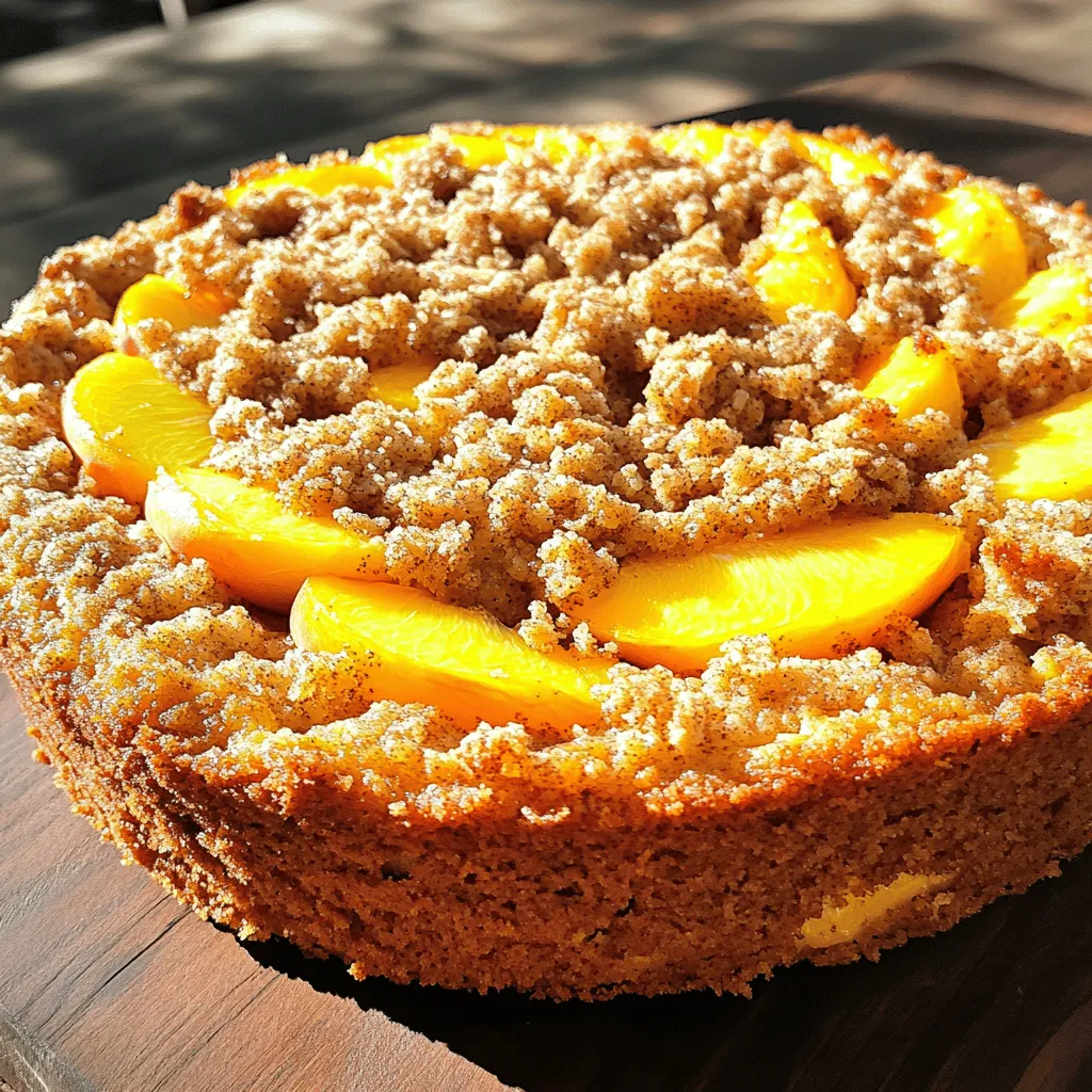 Fresh ingredients bring the best flavor to this cake. Here’s what you need: - 2 ripe peaches, peeled and thinly sliced - 2 large eggs, at room temperature - 1 teaspoon pure vanilla extract Next, let’s look at the dry ingredients. These will create a lovely texture: - 1 cup all-purpose flour - 1/2 cup granulated sugar - 1/2 cup packed brown sugar - 1/2 teaspoon baking powder - 1/4 teaspoon baking soda - 1/4 teaspoon fine sea salt - 1/2 teaspoon ground cinnamon - 1/4 teaspoon ground nutmeg - 1/2 cup rolled oats Lastly, don’t forget the other important ingredient: - 1/2 cup unsalted butter, softened to room temperature By gathering these simple items, you’re one step closer to making a delicious Easy Italian Peach Crumb Cake. Check the [Full Recipe] for more details on how to bring this tasty treat to life! - Preheat your oven to 350°F (175°C). - Grease an 8-inch square baking pan with butter or cooking spray. - In a medium bowl, whisk together: - 1 cup all-purpose flour - 1/2 cup granulated sugar - 1/2 teaspoon baking powder - 1/4 teaspoon baking soda - 1/4 teaspoon fine sea salt This step gets the dry mix ready for the cake. Make sure everything is well-combined. - In a large bowl, cream together: - 1/2 cup unsalted butter, softened - Use an electric mixer until it is light and fluffy. - Add in 2 large eggs, one at a time. Beat well after each. - Stir in 1 teaspoon pure vanilla extract until smooth. Now, gradually mix the dry ingredients into the wet mixture. Stir just until no dry flour shows. Be careful not to overmix. - Gently fold in the 2 ripe peaches, peeled and sliced. Make sure they spread through the batter. - Pour the batter into the prepared pan. Use a spatula to spread it evenly. Next, prepare the crumb topping. In a small bowl, mix together: - 1/2 cup packed brown sugar - 1/2 teaspoon ground cinnamon - 1/4 teaspoon ground nutmeg - 1/2 cup rolled oats - A pinch of fine sea salt Stir until it's well combined. Evenly sprinkle this topping over the peach batter. - Place your cake in the preheated oven. - Bake for 35-40 minutes. - Check for doneness by inserting a toothpick in the center. It should come out clean or with a few moist crumbs. This baking time gives you a nice, warm cake. Let it cool in the pan for at least 15 minutes before slicing. Enjoy your Easy Italian Peach Crumb Cake! For more details, check the Full Recipe. Using ripe peaches is key. They add sweetness and moisture to your cake. Look for peaches that yield slightly to gentle pressure. This means they are juicy and ready to eat. If your peaches are hard, let them sit at room temperature for a few days to ripen. Achieving the perfect butter texture is also important. You want your butter to be soft but not melted. Leave it out for about an hour before you start. When you cream it with sugar, it should look light and fluffy. This step helps your cake rise well. Avoid overmixing the batter. After adding the flour, stir just until you see no dry spots. Overmixing can make your cake tough. It’s better to have a few lumps than a rubbery texture. For even baking, place your cake in the center of the oven. This allows air to flow around it. If your oven has hot spots, consider rotating the cake halfway through baking. This ensures a golden crust and even cooking. Garnishing makes your cake shine. You can dust it with powdered sugar. This adds a nice touch and looks fancy. Fresh mint leaves or a scoop of whipped cream can also elevate the dish. When serving, slice the cake into squares. Each piece should show off the juicy peaches. The crumb topping will add a lovely texture to each bite. {{image_4}} You can swap peaches for other fruits. Blueberries, plums, or even cherries work well. Mixing different fruits adds a fun twist. Try a mix of stone fruits to bring variety to your cake. If you need gluten-free cake, use a gluten-free flour blend. This change keeps the cake tasty and light. For a vegan option, replace eggs with flax eggs. Use coconut or almond butter instead of regular butter. These swaps do not change the cake's great flavor. Adding nuts can boost the cake's flavor and texture. Almonds and walnuts complement the peach taste nicely. You can also play with spices. Ginger and cardamom add warmth and depth to your cake. These small changes make a big difference in taste. For the full recipe, check out the details above. To keep your Easy Italian Peach Crumb Cake fresh, start by storing it at room temperature. Cover the cake with plastic wrap or foil. This will help keep it moist and prevent it from drying out. If you want to store it in the refrigerator, place it in an airtight container. This will keep the cake fresh for a few days. Just remember to let it come to room temperature before serving for the best taste. For long-term storage, you can freeze the cake. First, let it cool completely. Then, wrap it tightly in plastic wrap. After that, place it in a freezer-safe bag. This method helps prevent freezer burn. When you're ready to enjoy it again, remove the cake from the freezer. Let it thaw in the fridge overnight. You can reheat it in the oven at 350°F for about 10-15 minutes. This makes the cake warm and soft again. The cake lasts about 3-4 days at room temperature. If stored in the fridge, it can last up to a week. Watch for signs of spoilage, such as a dry texture or off smell. If you notice these, it’s best to toss the cake. Enjoy every slice while it’s fresh! For the full recipe, check out the delicious Italian Peach Crumb Cake. Yes, you can use canned peaches. However, they will change the texture and flavor. Fresh peaches give a firmer bite and richer taste. Canned peaches are softer and sweeter. Drain them well to avoid too much liquid. This will help keep your cake from becoming soggy. To make the crumb topping crunchier, adjust the ingredient ratios a bit. Increase the rolled oats and use equal parts brown sugar and granulated sugar. This will help create a firmer crust. Bake it a little longer, but watch closely so it doesn’t burn. This cake pairs well with many treats. Serve it with whipped cream for a sweet touch. You could also enjoy it with vanilla ice cream. For drinks, a cup of coffee or sweet tea works great. Yes, you can make this cake ahead of time. Bake it, then let it cool completely. Store it in an airtight container for up to three days. If you want to keep it longer, wrap it well and freeze it. Thaw it overnight before serving. Check out the Full Recipe for more details! You learned how to make an Easy Italian Peach Crumb Cake with fresh ingredients and simple steps. We covered tips for perfecting your cake, including ingredient choices and presentation ideas. I also shared fun variations to try and how to store your cake both short- and long-term. With these insights, you can enjoy delicious moments with your cake. Now, get baking and share your creation!