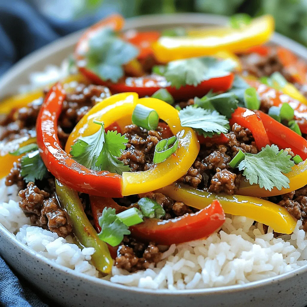 - 1 lb ground beef - 1 red bell pepper, thinly sliced - 1 yellow bell pepper, thinly sliced - 1 green bell pepper, thinly sliced - 1 medium onion, thinly sliced - 3 cloves garlic, finely minced I love using ground beef for this dish. It cooks quickly and tastes great with spices. The bell peppers add color and sweetness. I choose red, yellow, and green for a vibrant mix. Onion and garlic bring a strong base flavor that makes every bite delicious. - 1 teaspoon ground cumin - 1 teaspoon smoked paprika - 1/2 teaspoon cayenne pepper (adjust to your preferred spice level) - 2 tablespoons soy sauce - Salt and black pepper to taste Seasoning makes this dish shine. Ground cumin adds warmth, while smoked paprika gives a smoky touch. Cayenne pepper adds spice, so adjust it to fit your taste. Soy sauce adds umami flavor, making each bite savory. A pinch of salt and black pepper balances all the flavors. - 3 cups jasmine rice, cooked For the rice, I use jasmine rice. It has a lovely aroma and a fluffy texture. Follow the cooking instructions on the package for perfect results. You can also use other rice types, like brown rice or basmati, if you prefer. Just adjust cooking times as needed. For the full recipe, check out the complete cooking instructions! - To start, cook the jasmine rice. Follow the package instructions closely for the best results. - Once fluffy, take it off the heat and keep it warm in the pot. This will help it stay soft and yummy. - Next, heat olive oil in a large skillet over medium-high heat. - Add the sliced onion and minced garlic to the hot oil. Sauté them for about 2 minutes. The onions should turn translucent, and the garlic will smell great. - Now, it’s time to add the bell peppers. Toss in the thinly sliced red, yellow, and green peppers. - Sauté these for 5-7 minutes. Stir them occasionally. You want them tender but still a bit crunchy. - In the same skillet, add the ground beef. Break it apart with a spatula as it cooks. - Season the beef well with salt, pepper, ground cumin, smoked paprika, and cayenne pepper. Cook for about 8-10 minutes until it’s browned and cooked through. - Lower the heat to a gentle simmer. Return the sautéed vegetables to the skillet with the beef. - Pour in the soy sauce and stir everything well. Let it heat through for about 2 minutes to blend the flavors. - To plate, take a serving bowl and add a scoop of warm jasmine rice. - Pile the spicy beef and pepper mix on top of the rice. - For a fresh touch, garnish with chopped cilantro or sliced green onions. This will make your bowl look great and taste even better. For more details, check out the full recipe. To make beef and pepper rice bowls truly shine, focus on the spices. Adjust the cayenne pepper to match your taste. If you love heat, add more. If you prefer mild, use less. You can also balance flavors with soy sauce. Start with one tablespoon, and taste as you go. This way, you make sure it suits your palate. Sautéing is key for great flavor. Heat your olive oil over medium-high heat. This helps release the sweet flavors of onions and garlic. Stir often to avoid burning. When you add bell peppers, keep them tender. Cook them just until they soften but still have crunch. This keeps your dish vibrant and fresh. Pair your rice bowls with side dishes for a full meal. A simple salad with greens adds a nice touch. You can also serve it with a tangy sauce on the side. Try a drizzle of teriyaki or a splash of lime juice. These will enhance the flavors and make each bite exciting. For a finishing touch, add fresh cilantro or sliced green onions. They bring brightness and color to your dish. Don’t forget to check the Full Recipe for more details! {{image_4}} You can easily swap ground beef for turkey or tofu. Each alternative brings its own taste and texture. Turkey adds lean protein, while tofu is a great meat-free option. Both will still absorb all the yummy flavors of the dish. You can also change the vegetables if you like. Try adding broccoli, snap peas, or even carrots. Each veggie will bring new colors and crunch to your bowl. Feel free to mix and match based on what you have at home. If you need gluten-free options, switch soy sauce for tamari. Tamari gives you a similar taste without the gluten. You can also use coconut aminos for a sweeter twist. For a vegetarian option, use tempeh or seitan instead of beef. Both are packed with protein and flavor. Add more veggies for a hearty and filling meal. To spice things up, consider adding cumin or chili powder for extra heat. You can also experiment with fresh herbs like basil or mint. Adding these can brighten the dish. Incorporating different sauces can change the flavor profile. Try teriyaki for a sweet and savory taste or BBQ sauce for a smoky twist. Each sauce can turn your beef and pepper rice bowl into a new experience. Check out the Full Recipe for more ideas! To keep your beef and pepper rice bowls fresh, start by cooling them down. Allow the dish to sit at room temperature for no more than two hours. Once cooled, use airtight containers for storage. Glass or plastic containers with tight lids work well. This helps keep the flavors locked in. When reheating, the microwave is quick and easy. Place your bowl in a microwave-safe dish. Cover it with a damp paper towel to keep moisture in. Heat for 1-2 minutes, stirring halfway. If you want to use the stove, heat it in a skillet. Add a splash of water or broth to keep it moist. This method helps maintain the dish's texture and flavor. You can freeze beef and pepper rice bowls for later use. First, let them cool completely. Then, divide them into portions and place them in freezer bags. Squeeze out as much air as you can. This prevents freezer burn. When you're ready to eat, move the bowl to the fridge to defrost overnight. For quicker defrosting, you can use the microwave. Just be sure to check that it heats evenly. To make spicy beef and pepper rice bowls, start with cooked jasmine rice. Sauté onions and garlic in olive oil until soft. Add thinly sliced bell peppers and cook until tender. Brown ground beef in the same pan, seasoning it with salt, pepper, cumin, smoked paprika, and cayenne. Mix the peppers back in, pour in soy sauce, and heat through. Serve over rice and garnish with fresh cilantro or green onions. For more details, check the Full Recipe. Yes, you can use other meats. Chicken or pork makes great swaps. Ground turkey also works well. Each meat brings its own flavor and texture to the dish. Just adjust cooking times as needed to ensure everything is cooked through. These rice bowls pair nicely with simple side dishes. A fresh salad adds crunch and color. Steamed broccoli or green beans work well, too. For drinks, iced tea or a light beer complements the dish's flavors. Leftovers from beef and pepper rice bowls last about three to four days in the fridge. Store them in an airtight container. If you freeze them, they can last up to three months. Just make sure to cool them down first before freezing. Yes, you can prepare this dish ahead. Cook the rice and beef mixture in advance. Store them separately in the fridge. When ready to eat, just reheat and assemble your bowls. This saves time and makes meal prep easy! This blog post covers everything you need for tasty beef and pepper rice bowls. We discussed key ingredients, step-by-step cooking steps, and helpful tips. You learned how to adjust flavors and explore variations for your dish. Keep these tips in mind as you create your meal. With simple swaps, you can make this dish your own. Enjoy cooking and sharing your delicious creation!