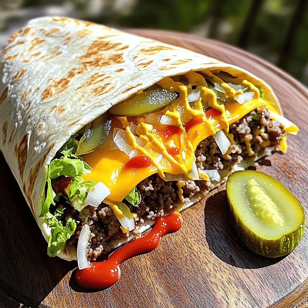 - 1 large tortilla wrap - 1/2 pound ground beef - 1/4 cup chopped onions - 1/4 cup diced pickles - 1/2 cup shredded cheddar cheese - 1 tablespoon ketchup - 1 tablespoon mustard - 1 tablespoon mayonnaise - Fresh lettuce leaves (for added crunch) - Salt and pepper to taste - Optional: Sliced tomatoes and other favorite toppings (such as jalapeños or creamy avocado) When making a cheeseburger wrap, use fresh ingredients for the best taste. Ground beef is the star here. Pickles and onions add flavor and crunch. Cheese melts into gooey goodness, making each bite delightful. Ketchup, mustard, and mayo give that classic burger taste. Fresh lettuce keeps it crispy. Each wrap is around 500 calories. It has about 28 grams of protein, making it filling. The cheese and mayo add fat, so adjust as needed for your diet. If you add extra toppings, it may change these numbers. Always check if you want to know your intake. - Large skillet for cooking - Spatula for stirring - Measuring cups and spoons - Cutting board for chopping - Knife for slicing ingredients - Clean flat surface for wrapping These tools make the process simple. A good skillet helps cook the beef evenly. A spatula makes it easy to mix. Measuring cups ensure you get the right amounts. A cutting board keeps your space clean while slicing. Start by heating a skillet over medium heat. Add 1/2 pound of ground beef. Use a spatula to break the meat into small pieces. Season with salt and pepper. Cook until the beef is browned, about 5-7 minutes. Then, add 1/4 cup of chopped onions. Sauté for another 3-4 minutes until the onions are soft and clear. This mix gives a great base for your wrap. On a flat surface, lay out your large tortilla wrap. Place a few fresh lettuce leaves in the center. This adds a nice crunch. Spoon the beef and onion mix evenly over the lettuce. Don’t overstuff; it’s easier to roll if you keep it simple. Next, sprinkle 1/2 cup of shredded cheddar cheese on top. If you like, add diced pickles and sliced tomatoes for more flavor. Now it's time to give your wrap a crispy finish. Fold the sides of the tortilla over the filling. Roll it tightly from the bottom up. Heat the skillet again and place the wrap seam-side down. Toast for 1-2 minutes on each side. Look for a golden brown color. This gives you that perfect crunch. Remove the wrap from the heat and slice it in half diagonally. Serve right away with a pickle on the side for extra flavor. For the full recipe, check out the detailed steps and ingredients! To keep your wraps crispy, use fresh ingredients. Start with a dry tortilla. Lay down lettuce first to create a barrier. This helps absorb moisture. Avoid adding too much sauce; a little goes a long way. If you do use sauce, spread it on the filling, not the tortilla. You can also toast the wrap in the skillet to add extra crunch. Cook ground beef for about 5-7 minutes over medium heat. Make sure it turns brown and is no longer pink. Use a spatula to break it apart while cooking. For best flavor, season it with salt and pepper during cooking. Using a meat thermometer, aim for a temperature of 160°F to ensure it's safe to eat. Mix and match your toppings for fun flavors. Try adding jalapeños for heat or creamy avocado for richness. Fresh tomatoes add a juicy bite. You can also swap the cheese for pepper jack or Swiss for a twist. Don't forget to experiment with different sauces, like BBQ or ranch, to find your favorite blend. Every bite should be a delicious surprise! For a complete guide, check out the Full Recipe. {{image_4}} You can change the protein in your cheeseburger wrap. For a lighter option, use ground turkey. It cooks just like beef but has less fat. You can also try a veggie version. Use black beans or lentils for a tasty meat substitute. Both options keep the flavor while adding nutrition. Toppings can bring new life to your wrap. Try adding fresh tomatoes, jalapeños, or creamy avocado. Each adds a unique taste and texture. For sauces, mix it up! Barbecue sauce or ranch dressing can give your wrap a fun twist. Experiment to find your favorite combination. For those on a gluten-free diet, use a gluten-free tortilla. They come in many flavors and textures. If you're looking for low-carb options, try lettuce wraps. They are crisp and fresh, perfect for holding all your ingredients. Both choices help you enjoy this meal without worry. To keep your cheeseburger wraps fresh, place them in an airtight container. You can also wrap them tightly in plastic wrap. Store them in the fridge for up to three days. Make sure they cool completely before sealing. This helps prevent sogginess. When you're ready to eat your leftovers, reheat them in a skillet. Heat the skillet over medium heat. Place the wrap in the skillet and cover it with a lid. Cook for about three to four minutes on each side. This keeps the wrap crispy and warm. If you're in a hurry, you can also use the microwave. Heat it for 30 seconds, then check. Heat more if needed. If you want to freeze your wraps, first wrap each one in plastic wrap. Then place them in a freezer bag. Make sure to remove as much air as possible. You can freeze them for up to three months. When you're ready to eat, thaw them in the fridge overnight. Reheat them in the skillet for the best taste. You can find the full recipe for this delicious meal in earlier sections. Yes, you can use different cheeses! I love using pepper jack for a spicy kick. Gouda adds a nice smokiness, while Swiss brings a creamy texture. Feel free to mix and match to find your favorite flavor. To make a cheeseburger wrap without meat, try using black beans or lentils. These plant-based proteins are hearty and tasty. You can also add sautéed mushrooms for an umami flavor. Use the same toppings and sauces for a great taste. I recommend crispy sweet potato fries or a fresh salad. Coleslaw also pairs well, adding a crunchy contrast. For a fun twist, serve with homemade potato chips. You can also make a dipping sauce to elevate your meal. Explore these options for a full plate! In this post, we explored the key ingredients for cheeseburger wraps and their nutrition. I shared step-by-step instructions for cooking and assembling them. We also covered tips to keep wraps crispy and suggested variations to suit different diets. Remember, proper storage helps keep these tasty wraps fresh. Whether you prefer turkey or veggie options, there’s something for everyone. Enjoy experimenting with flavors, and have fun making your wraps perfect every time!