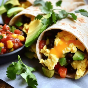 - 4 large eggs - 1/4 cup milk - 1 cup black beans - 1 small red bell pepper, diced - 1 small green bell pepper, diced - 1/2 cup corn kernels - 1/2 teaspoon ground cumin - 1/4 teaspoon smoked paprika - 1 cup shredded sharp cheddar cheese - 1 ripe avocado, sliced - Salsa and fresh cilantro To create a flavorful breakfast burrito, start with the essential ingredients. The eggs bring richness, while milk makes them fluffy. Black beans add protein and heartiness. The red and green bell peppers provide a sweet crunch. You can also add some optional ingredients for extra flavor. Corn gives sweetness, while cumin and smoked paprika add warmth. Feel free to play with these options. For toppings and sides, shredded cheddar cheese is a must. It melts beautifully and enhances flavor. Add slices of ripe avocado for creaminess. Salsa brings zest, and fresh cilantro adds a pop of freshness. This combination makes for a delicious meal that is simple to prepare. For the full recipe, check out the Sunrise Breakfast Burritos. Start by cracking 4 large eggs into a bowl. Add 1/4 cup of milk. Whisk them together well until they are smooth. You want the mixture to look frothy. Next, add a pinch of salt and freshly cracked black pepper. Stir it all together to mix in the seasoning. Heat a non-stick skillet on medium heat. Once hot, add the diced red and green bell peppers. Sauté them for about 3-4 minutes. You want them to soften and smell great. Then, add 1 cup of rinsed black beans and 1/2 cup of corn kernels to the skillet. Sprinkle in 1/2 teaspoon of ground cumin and 1/4 teaspoon of smoked paprika. Stir well and cook for another 2 minutes. This will warm everything up and blend the flavors. Now, pour the egg mixture into the skillet with the veggies. Cook gently while stirring. You want the eggs to become fluffy but not dry. This should take around 3-5 minutes. While the eggs cook, warm your tortillas in another skillet or microwave for a few seconds. Once the eggs are done, take a warm tortilla and place some of the egg and veggie mix in the center. Top it with shredded cheddar cheese and a few slices of avocado. To wrap the burrito, fold the sides in first. Then, roll it from the bottom up tightly. This will keep all the yummy fillings inside. Serve your burritos warm with salsa on the side. Enjoy your Sunrise Breakfast Burritos with a sprinkle of fresh cilantro if you like! You can find the full recipe [here]. To make fluffy scrambled eggs, whisk the eggs and milk well. Use a non-stick skillet for even cooking. Cook over medium heat and stir gently. This helps keep the eggs soft. Avoid overcooking eggs by removing them from heat when they look slightly moist. They will finish cooking off the heat. Keep an eye on them, and don’t rush the process. Warm tortillas by placing them in a dry skillet over low heat. You can also microwave them for a few seconds. This makes them soft and easy to wrap. For cutting and plating, slice burritos in half diagonally. This not only looks nice but makes them easy to eat. Arrange them on a plate for a tidy display. Use garnishes like avocado slices or fresh cilantro. These add color and freshness to your dish. A small bowl of salsa on the side makes it even more appealing. For dairy-free options, use almond or soy milk in the egg mixture. You can also replace cheddar cheese with a dairy-free version. This keeps the dish tasty for everyone. Consider different vegetables and proteins. Swap bell peppers for zucchini or spinach. You can add proteins like bacon, sausage, or even tofu for variety. This adds new flavors and textures to your breakfast burritos. {{image_4}} You can change your breakfast burrito in many ways. Adding different proteins is a great start. You might love crispy bacon or savory sausage. If you prefer a meatless option, try tofu. Each choice adds unique flavors and textures. You can also adjust the spice levels. If you like heat, add jalapeños or a dash of hot sauce. They give your burrito a nice kick. Just remember to start with a little and taste as you go. You can always add more spice! If you want a fun twist, try a breakfast burrito bowl. Here, you keep all the good stuff but skip the wrap. Start with a base of rice or quinoa. Then, add the egg and vegetable mix on top. It’s a hearty meal that still feels fresh. You can layer in toppings like avocado and cheese. You might also add salsa on top for extra flavor. This bowl version is great for meal prep too. Just pack the ingredients in separate containers for easy meals. For those who want plant-based meals, you have options. Substitute eggs with scrambled tofu or chickpea flour. Both options give you protein and a nice texture. You can also use nutritional yeast instead of cheese. It adds a cheesy flavor without dairy. You can mix in your favorite vegetables too. Spinach, mushrooms, or zucchini work well. This way, you can enjoy a tasty breakfast without animal products. Plus, it’s a great way to sneak in more veggies! To keep your leftover burritos fresh, wrap them in plastic wrap or foil. Place them in an airtight container. This helps prevent drying and keeps flavors intact. Leftover burritos last about 3 to 4 days in the fridge. Always check for any signs of spoilage before eating. To freeze burritos, first, let them cool completely. Wrap each burrito tightly in plastic wrap. Then, place them in a freezer-safe bag or container. Make sure to label the bag with the date. Frozen burritos can last for up to 3 months. When ready to eat, you can reheat them straight from the freezer. For the best taste, use an oven or microwave. Heat them in the oven at 350°F for about 20 minutes or microwave for 2-3 minutes. Enjoy your burritos warm and tasty! Meal prep can save you time on busy mornings. Chop your vegetables the night before and store them in the fridge. You can also cook the egg mixture ahead of time. Just cool it and store it in a container. For a simple breakfast, warm some tortillas, fill them, and roll them up. Burritos freeze well, so make a batch for later. They are perfect for quick meals during the week. Making breakfast burritos is simple. First, whisk eggs with milk in a bowl. Next, cook diced bell peppers in a skillet until soft. Then, add black beans and corn, cooking until warm. Pour the egg mix into the skillet and scramble until fluffy. Warm tortillas in another pan or microwave. Place the egg mixture in each tortilla, add cheese and avocado, and roll them up. You can find the full recipe in the article. Yes, you can prepare breakfast burritos ahead of time. Cook the egg and vegetable mix, then cool it down. You can store this filling in the fridge for up to three days. When ready to eat, warm the filling, and wrap it in a heated tortilla. You can also freeze burritos. Wrap them tightly in foil and keep them in the freezer for up to a month. Just reheat in the oven or microwave when you want to enjoy them. The best tortillas are large and sturdy. Flour tortillas are soft and chewy, making them popular for burritos. Whole wheat tortillas add fiber and a nutty flavor. Corn tortillas work too but may break more easily. Choose the one that suits your taste. You can also try spinach or tomato tortillas for fun colors and flavors. To make breakfast burritos healthier, focus on fresh ingredients. Use egg whites instead of whole eggs for fewer calories. Swap regular cheese for a low-fat version or skip it altogether. Add more veggies like spinach or zucchini for extra nutrients. You can also use whole grain tortillas for added fiber. These simple swaps make a big difference without losing flavor. Breakfast burritos pair well with many sides. Fresh fruit like berries or melon adds sweetness. A simple green salad offers a fresh contrast. You can also serve crunchy tortilla chips with salsa or guacamole for extra flavor. For a drink, try a smoothie or fresh juice. These sides help create a balanced meal that’s full of color and taste. You can create delicious breakfast burritos with simple ingredients and easy steps. We covered essential items like eggs and peppers, along with tasty toppings. I offered tips for cooking, presentation, and storage. You can even customize your burrito with different flavors or make bowls. Remember, meal prep can save time. Enjoy making your perfect burrito that fits your taste. With these tips, you can impress family or friends at any meal!