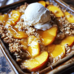 For the perfect peach crumble, start with ripe peaches. Choose four peaches that are soft but not mushy. Peel the peaches and slice them into wedges. This gives a nice texture and flavor. The fresher the peaches, the better your crumble will taste. To make the crumble, gather these ingredients: - 1 cup rolled oats - 1/2 cup all-purpose flour - 1/4 cup granulated sugar - 1/4 cup packed brown sugar - 1/3 cup unsalted butter, melted and slightly cooled - A pinch of salt These ingredients mix well to create a crunchy topping. The oats add heartiness, while the sugars give sweetness. To enhance the flavor, use: - 1 tablespoon fresh lemon juice - 1 teaspoon pure vanilla extract - 1/2 teaspoon ground cinnamon The lemon juice brightens the peaches. The vanilla and cinnamon add warmth and depth. These flavors work together to create a delicious, comforting dessert. For the full recipe, check the details provided. First, gather your peaches. You need four ripe peaches. Peel them and slice them into wedges. This step makes the fruit soft and sweet. Next, place the peach slices in a bowl. Add one tablespoon of fresh lemon juice. This juice brightens the flavor. Then, sprinkle in a quarter cup of packed brown sugar. This will add sweetness. Pour in one teaspoon of pure vanilla extract. Lastly, add half a teaspoon of ground cinnamon. Toss the peaches gently. Let them sit for about ten minutes. This helps the flavors blend. While the peaches marinate, it’s time for the crumble. In a separate bowl, combine one cup of rolled oats and half a cup of all-purpose flour. Then, add a quarter cup of granulated sugar for sweetness. Pour in one-third cup of melted unsalted butter. This butter gives the topping a rich taste. Lastly, add a pinch of salt. Mix everything together until it looks like damp sand. This texture is perfect for a crunchy topping. Now you’re ready to bake! First, preheat your oven to 350°F (175°C). Grease an 8x8 inch baking dish with a bit of butter. Pour the marinated peach mixture into the dish. Spread it out evenly across the bottom. Now, sprinkle the crumble topping on top of the peaches. Make sure it covers all the fruit. Place the baking dish in your preheated oven. Bake for 30 to 35 minutes. Look for a golden brown top and bubbling edges. Once baked, take it out of the oven. Let it cool for a few minutes before serving. You can find the full recipe for more details. To make your peach crumble shine, focus on the texture. Use cold butter for the topping. This helps create a crispy layer. Mix the dry ingredients well before adding the butter. You want the butter to blend evenly. Avoid overmixing; it can lead to a tough crumble. Bake until golden brown. This means it’s ready and delicious! You can change up your peach crumble to suit your taste. Try adding berries for extra flavor. Blackberries or raspberries work great! You can also switch the oats with nuts. Chopped almonds or walnuts add crunch. For a spice twist, add nutmeg or ginger. Feel free to adjust the sugar based on your peach sweetness. Serve your peach crumble warm for the best experience. A scoop of vanilla ice cream on top is a must! It melts into the warm crumble, creating a creamy delight. You can also drizzle honey or caramel sauce over the ice cream. For a fresh touch, add mint leaves as a garnish. This gives your dessert a lovely color and flavor. For the full recipe, check out the Summer Bliss Peach Crumble section! {{image_4}} You can easily make a gluten-free peach crumble. Just swap out regular flour for gluten-free flour. You can use almond flour or oat flour. Make sure the oats are gluten-free too. This way, you can enjoy the same great taste without gluten. To make it vegan, replace the butter with coconut oil or vegan butter. You can also use maple syrup instead of brown sugar. This keeps the sweetness while sticking to vegan rules. You won't miss the dairy in this tasty treat! Want to add more flavor? Try mixing in some fresh berries with the peaches. Raspberries or blueberries work great. You can also add a splash of almond extract for a nutty touch. For a spicy kick, sprinkle some nutmeg or ginger into the crumble. This adds depth to your peach crumble delight! For the full recipe, check out the Summer Bliss Peach Crumble . Store leftover peach crumble in an airtight container. Make sure it cools down before sealing. This keeps the flavors fresh and prevents sogginess. You can store it in the fridge for up to three days. If you want to enjoy it longer, freezing is a great option. To reheat, place the peach crumble in the oven. Preheat your oven to 350°F (175°C). Bake for about 15 to 20 minutes. This warms the crumble and keeps it crispy. You can also microwave individual portions for about 30 seconds. Just keep an eye on it to avoid overheating. You can freeze peach crumble if you have extra. Let it cool completely, then wrap it tightly in plastic wrap. After that, place it in a freezer-safe bag or container. It will stay good for up to three months. When you're ready to eat it, thaw it in the fridge overnight. Then, reheat it in the oven for the best taste. This keeps the texture lovely and the flavors intact. Yes, you can use frozen peaches! Just make sure to thaw them first. Drain any extra juice before mixing with the other ingredients. This will help keep your peach crumble from being too watery. Frozen peaches may also need a bit more time to bake. The crumble is done when the top is golden brown. You’ll also see the peaches bubbling at the edges. A good rule is to bake for 30-35 minutes at 350°F (175°C). Trust your eyes and nose; the smell will be heavenly when it’s ready! If you don’t have brown sugar, use granulated sugar. You can also mix granulated sugar with a bit of molasses for a similar taste. Another option is to use coconut sugar for a different flavor profile. Just remember, the sweetness level may change slightly. For this full recipe, it’s best to stick to what you love! This article covered how to make a tasty peach crumble. We discussed fresh peach needs, crumble topping ingredients, and flavor enhancers. I shared step-by-step instructions, tips for perfecting your crumble, and fun variations. Storage tips helped you keep leftovers fresh. In the end, making this dessert is easy and fun. Enjoy your delicious peach crumble with family or friends! Experiment with flavors to find your perfect mix. You can enjoy this treat any time of year.