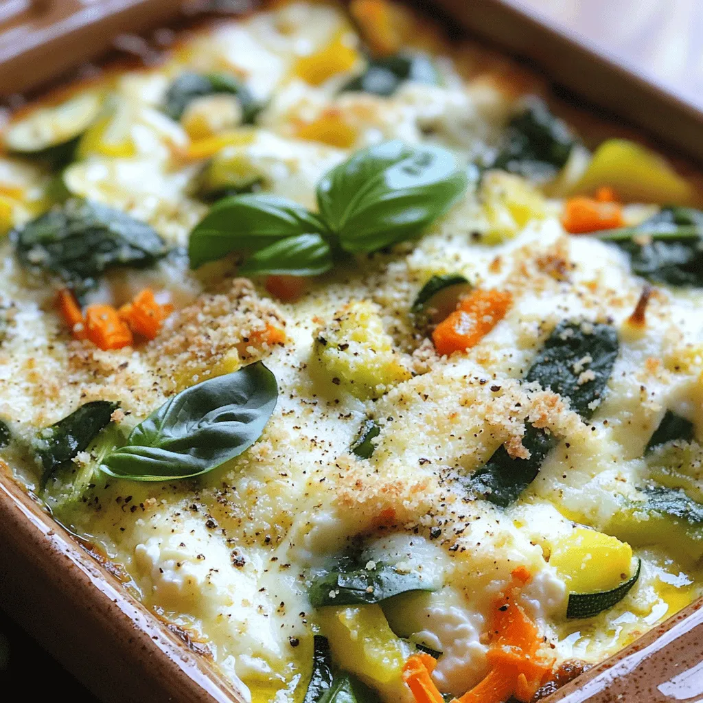 To make the Cottage Cheese and Veggie Bake, you need these key ingredients: - 2 cups cottage cheese - 1 cup fresh spinach, finely chopped - 1 zucchini, diced into small cubes - 1 bell pepper, diced (any color) - 1 medium carrot, grated - 1 medium onion, finely chopped - 2 cloves of garlic, minced - 1 teaspoon dried oregano - 1 teaspoon dried basil - 1/2 teaspoon salt - 1/4 teaspoon ground black pepper - 1 cup shredded mozzarella cheese - 1/2 cup breadcrumbs - 2 tablespoons extra virgin olive oil This dish shines with fresh produce and creamy dairy. The cottage cheese adds a rich base. Spinach gives color and nutrients. Zucchini and bell pepper bring crunch and sweetness. Grated carrot adds color, while onion and garlic boost the flavor. Choose fresh veggies for the best taste. Seasoning is key to a tasty bake. Dried oregano and basil add depth. Salt and black pepper enhance all the flavors. Breadcrumbs give a nice crunch on top. The olive oil helps everything blend and adds a touch of richness. Check out the Full Recipe for all the details. First, set your oven to 375°F (190°C). This helps it warm up while you get everything ready. Gather all your ingredients. You will need cottage cheese, spinach, zucchini, bell pepper, carrot, onion, garlic, and some spices. Make sure to chop and dice the veggies before you start cooking. This saves time later. In a large skillet, pour in the olive oil. Heat it over medium. Once hot, add the chopped onion and minced garlic. Cook these for about 3-4 minutes. You want the onion to turn soft and clear. Then, add the diced zucchini, bell pepper, and grated carrot. Stir it all together and cook for an extra 5-6 minutes. The veggies should start to soften, but not mushy. In a large bowl, mix the cottage cheese with the chopped spinach and the sautéed vegetables. Sprinkle in the dried oregano, dried basil, salt, and black pepper. Stir everything until it is blended well. Next, pour the mixture into a greased 9x9 inch baking dish. Spread it out evenly. Top it with shredded mozzarella cheese, making a nice layer. For added crunch, mix breadcrumbs with a little olive oil and sprinkle them on top. Bake in the oven for 25-30 minutes. The top should turn golden brown, and you will see bubbles. Once it's done, take it out and let it cool for a few minutes. Then, slice into squares. Serve warm, and maybe add a sprinkle of fresh basil or black pepper on top. Enjoy this tasty Cottage Cheese and Veggie Bake! For the full recipe, check the previous section. To get the best texture, choose fresh veggies. Fresh spinach adds a nice bite. Cook the vegetables until they are soft but not mushy. This keeps the bake light and fluffy. The mozzarella cheese on top melts beautifully. It gives a nice creamy layer that ties the dish together. If you are out of an ingredient, don’t worry! You can swap veggies based on what you have. Try using broccoli or mushrooms instead of zucchini. You can also use ricotta cheese instead of cottage cheese for a richer taste. If you want a lower-fat option, use low-fat mozzarella. Oven temperatures can vary. If your oven runs hot, check the bake a bit early. Look for a golden brown top and bubbly filling. For a cooler oven, you may need to bake a bit longer. It’s all about finding the sweet spot for your oven. Remember, every minute counts in making a perfect bake. For the full recipe, check out the complete instructions above! {{image_4}} You can boost the protein in your Cottage Cheese and Veggie Bake by adding cooked chicken or turkey. Dice or shred the meat into small pieces. Mix it in when you combine the cottage cheese and veggies. This makes the dish heartier and more filling. You can even use leftover rotisserie chicken for a quick option. If you want a vegetarian twist, keep the dish as is. It’s full of veggies and cottage cheese, which is great. For a vegan option, swap the cottage cheese with a plant-based alternative. Look for cashew or tofu-based cheeses. You can also use nutritional yeast for a cheesy flavor without dairy. While mozzarella is classic, you can try other cheeses too. Cheddar adds a sharp taste. Feta brings a nice tang to the dish. You can even mix different cheeses for a fun blend of flavors. Just remember to adjust the amount based on how cheesy you want it. Feel free to explore these variations to make this dish your own! You can find the Full Recipe in the previous sections for reference. After you make the Cottage Cheese and Veggie Bake, let it cool. Once cooled, cover it tightly with plastic wrap or foil. This helps keep the dish fresh and moist. Store it in the fridge for up to three days. Make sure to place it on a shelf, not in the door, to keep it at a steady temperature. If you want to save some for later, freezing is a great option. Cut the bake into individual portions. Wrap each piece tightly in plastic wrap, then place them in a freezer bag. Remove as much air as possible to prevent freezer burn. It can last up to two months in the freezer. When you’re ready to enjoy it again, thaw it overnight in the fridge. To reheat, place the portion in an oven-safe dish. Preheat your oven to 350°F (175°C). Cover the dish with foil to keep it moist. Bake for about 20 minutes or until heated through. For a crispy top, remove the foil for the last 5 minutes. You can also use a microwave. Heat on medium power for 2-3 minutes, checking halfway to stir. Enjoy your meal as if it were fresh! The Cottage Cheese and Veggie Bake lasts up to four days in the fridge. Just store it in an airtight container. This keeps it fresh and safe to eat. When you're ready to enjoy it again, check for any signs of spoilage before reheating. Yes, you can make this recipe ahead of time. Prepare the bake and store it in the fridge for up to two days before baking. Cover it tightly with plastic wrap or aluminum foil. This saves time on busy nights. If you want to freeze it, do so before baking. It can stay frozen for up to three months. You can serve many sides with Cottage Cheese and Veggie Bake. A fresh green salad pairs well. You can also enjoy it with whole-grain bread or a light soup. For a heartier meal, consider serving it with quinoa or brown rice. Each option adds flavor and texture to your dinner. For the complete recipe, check out the Full Recipe section. This blog post covered all you need for the Cottage Cheese and Veggie Bake. You learned about the right ingredients, step-by-step instructions, and helpful tips. We explored fun variations for any diet. Plus, I shared storage details to keep your dish tasty. In conclusion, enjoy making this bake at home. It’s simple and flexible. With these steps, you can create a dish your family will love.