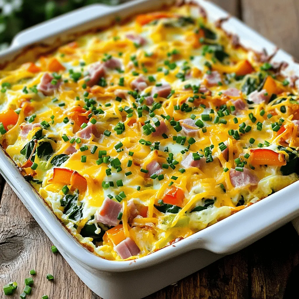 To make a delicious Egg Breakfast Casserole, gather the following ingredients: - 12 large eggs - 1 cup whole milk - 2 cups finely shredded cheddar cheese - 1 cup assorted bell peppers, diced - 1 cup cooked ham or turkey, diced - 1 cup fresh spinach, chopped - 1 teaspoon garlic powder - 1 teaspoon onion powder - Salt and freshly cracked black pepper, to taste - 1 tablespoon extra virgin olive oil - Fresh chives for garnish (optional) Each ingredient plays a key role in the flavor and texture of the dish. The eggs and milk create a creamy base, while the cheese adds richness. Bell peppers bring sweetness and color, and spinach offers a fresh note. Ham or turkey gives a savory touch, making this casserole hearty. I love using fresh veggies. They brighten up the dish and add nutrition. You can mix and match the peppers. Red, yellow, or green all work well. You can even use mushrooms or zucchini for a fun twist. The spices? They enhance the overall flavor. Garlic powder and onion powder add depth without overpowering. Adjust the salt and pepper to your taste. This recipe is flexible. You can swap out the meat for more veggies if you like. You can also try different cheeses, like feta or mozzarella. The [Full Recipe] gives you all the steps to create this tasty breakfast that everyone will enjoy. First, preheat your oven to 350°F (175°C). This temperature helps cook the casserole evenly. While the oven heats, grease a 9x13 inch baking dish with cooking spray or olive oil. This step ensures that the casserole does not stick. Next, take a large mixing bowl. Crack 12 large eggs into the bowl and pour in 1 cup of whole milk. Whisk these together until the mix is smooth. Season this mix with 1 teaspoon of garlic powder, 1 teaspoon of onion powder, salt, and freshly cracked black pepper. This egg and milk base adds rich flavor to your casserole. For the next step, heat 1 tablespoon of extra virgin olive oil in a skillet over medium heat. Once the oil is warm, add 1 cup of diced assorted bell peppers. Sauté them for 3-4 minutes. You want them tender but still crisp. Now, add 1 cup of chopped fresh spinach to the skillet. Cook for another 2 minutes. The spinach will wilt quickly. Once cooked, remove the skillet from the heat and let it cool for a few minutes. Spread the sautéed bell peppers and spinach evenly in the bottom of your greased baking dish. This layer adds color and nutrition. Next, layer 1 cup of diced cooked ham or turkey on top of the veggies. Finally, sprinkle 2 cups of finely shredded cheddar cheese over everything. Carefully pour the egg and milk mixture over the layered ingredients. Make sure to cover everything evenly. Then, take a spatula and gently stir the mixture to combine the layers slightly. This creates a nice texture in your casserole. Place the baking dish in the preheated oven and bake for 30-35 minutes. Keep an eye on it, as the eggs need to set and the top should turn light golden brown. To check for doneness, insert a toothpick into the center. If it comes out clean, your casserole is ready. After baking, remove the dish from the oven and let it cool for about 5 minutes. This cooling period makes it easier to slice into squares for serving. Enjoy your delicious egg breakfast casserole! To get a soft and fluffy texture in your casserole, whisk the eggs well. This helps to add air and makes them light. Mix in the milk until it is smooth. After you sauté the veggies, let them cool before layering. If they are too hot, they can cook the eggs too soon. Add your own twist with spices like paprika or cumin for heat. You can also mix in fresh herbs, like parsley or basil, for extra flavor. For garnishes, I love using fresh chives. They add both color and a mild onion taste. A dollop of salsa or sliced avocado on the side can boost flavor and freshness. This casserole pairs well with fresh fruit or a light salad for balance. When you cut it, aim for even squares to serve. This helps everyone get a good portion. If you have leftovers, store them in the fridge. They are perfect for breakfast on busy days. Check out the Full Recipe for more details! {{image_4}} You can easily modify this dish to fit different diets. For a vegetarian option, skip the meat. You can replace it with extra veggies like mushrooms or zucchini. This keeps the dish hearty and tasty. For gluten-free needs, just check your cheese and other ingredients. Most are safe, but always read labels to be sure. Want to mix things up? Try different cheeses! Feta or mozzarella can add a unique twist. You can also use cottage cheese for a lighter touch. When it comes to veggies, the sky's the limit. Swap bell peppers for broccoli, asparagus, or even sweet potatoes. Each change can create a new flavor profile, keeping breakfast exciting. Busy mornings don't have to mean skipping breakfast. You can prepare the casserole a day before. Just mix all your ingredients, pour them into the dish, and cover it. Store it in the fridge overnight. When morning comes, pop it in the oven. You can also freeze leftovers. Cut them into squares, then wrap each piece tightly. When you're ready, just reheat in the oven or microwave. This makes life so much easier! To keep your casserole fresh, let it cool first. Place it in an airtight container. This helps avoid any bad smells. Store it in the fridge for up to four days. If you want to keep it longer, freezing is a great option. When you want to enjoy your leftovers, reheating is key. The best way to reheat is in the oven. Set it to 350°F (175°C) and warm the casserole for about 15-20 minutes. This keeps it moist and tasty. You can also use the microwave. Heat for one to two minutes, checking often to avoid drying it out. If you need to freeze the casserole, wrap it tightly in plastic wrap. Then, put it in a freezer-safe bag. This way, it will stay fresh for up to three months. When you are ready to eat, take it out and thaw it in the fridge overnight. Bake it at 350°F (175°C) until it is hot all the way through. Enjoy your meal! Bake the Egg Breakfast Casserole for 30-35 minutes at 350°F (175°C). You know it’s done when the eggs are set and the top is a light golden brown. To check, insert a toothpick in the center. If it comes out clean, your casserole is ready. This baking time gives it a fluffy texture and a nice color. Yes, you can customize the ingredients easily! Swap out the ham for turkey or even leave out the meat for a vegetarian version. You can also change the cheese. Try mozzarella or feta for a different taste. Don’t like bell peppers? Use zucchini or mushrooms instead. The options are endless! Absolutely! This breakfast casserole is great for meal prep. You can make it ahead and store it in the fridge. Simply slice it into squares and reheat portions as needed. It holds up well, so you can enjoy it throughout the week. You can even freeze it for longer storage. Just thaw and reheat when you're ready to eat. This blog post covered a tasty egg breakfast casserole. You learned about the ingredients, preparation steps, and tips for the best flavor and texture. I shared ways to adapt the recipe for different diets and preferences. Proper storage and reheating methods help you enjoy leftovers. Overall, this dish is easy, flexible, and great for meal prep. You can impress friends and family with a quick breakfast that satisfies all tastes. Cooking doesn’t have to be hard; it can be fun and rewarding!