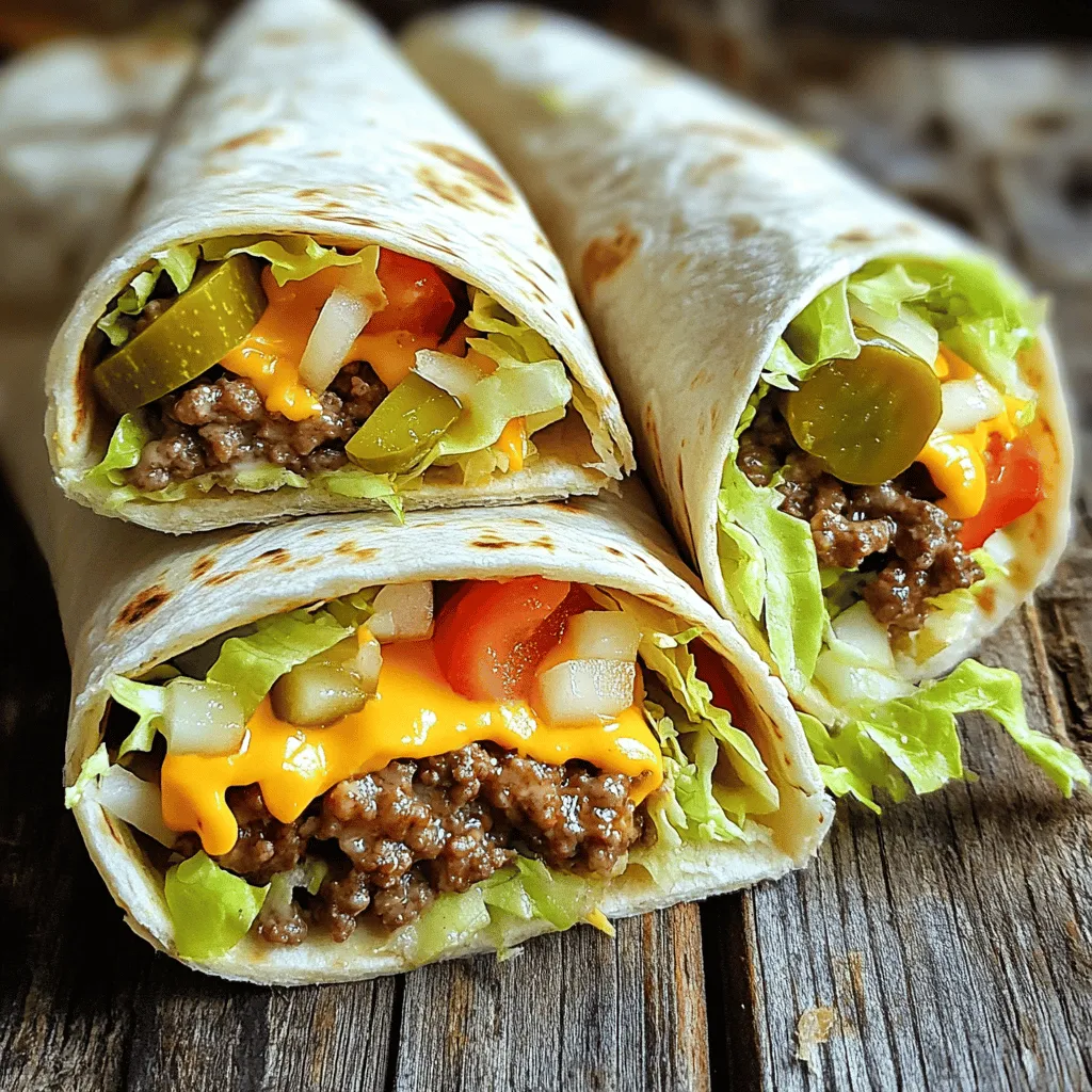 To make these wraps, gather the following items: - 1 lb ground beef - 1 tablespoon onion powder - 1 tablespoon garlic powder - 1 tablespoon Worcestershire sauce - Salt and pepper, to taste - 4 large flour tortillas - 1 cup shredded lettuce - 1 cup diced tomatoes - 1 cup shredded cheddar cheese - ½ cup pickles, sliced - ½ cup Big Mac sauce (store-bought or homemade) These ingredients create the classic Big Mac flavor you love. You can add extra ingredients for more taste. Consider these: - Sliced jalapeños for heat - Avocado slices for creaminess - Sriracha or hot sauce for a kick These ingredients can make your wraps even more exciting. Adding fresh items can enhance the wraps. Try these options: - Fresh cilantro for a pop of flavor - Red onion slices for crunch - Spinach leaves for added nutrition These fresh additions keep your wraps vibrant and tasty. Don't forget to check the Full Recipe for more details! To start, heat a large skillet over medium heat. Add 1 pound of ground beef to the skillet. Cook it until it is browned and cooked through. This should take about 5 to 7 minutes. Use a spatula to break the beef apart as it cooks. Once browned, stir in 1 tablespoon each of onion powder and garlic powder. Add 1 tablespoon of Worcestershire sauce, along with salt and pepper to taste. Mix well and let it cook for another 2 to 3 minutes. This will blend the flavors nicely. After that, remove the skillet from heat and let the mixture cool slightly. Now, grab a large flour tortilla. Lay it flat on a clean surface. Spoon about ¼ cup of the beef mixture into the center of the tortilla. Spread it out evenly so you get flavor in every bite. Next, add a handful of shredded lettuce, a sprinkle of diced tomatoes, and a good amount of shredded cheddar cheese. Don’t forget the pickles! Place a few slices on top for that classic crunch. Finally, drizzle about 1 tablespoon of Big Mac sauce over the toppings. This adds that special Big Mac taste. To make the wraps crispy, place them seam-side down in a preheated skillet over medium heat. Cook for about 1 to 2 minutes on each side. You want them to be golden brown and slightly toasted. Once done, take them out and slice each wrap in half diagonally. Serve them right away with a small bowl of extra Big Mac sauce for dipping. This extra touch makes the meal even more enjoyable! To make the best wraps, start with a large tortilla. Place it flat on your surface. Use about ¼ cup of beef in the center. Spread it out evenly. This helps the flavors mix well in every bite. Add a handful of lettuce, some diced tomatoes, and cheese on top. Lay pickles on for extra crunch. When you fold, tuck the sides in first. Then, roll it from the bottom up. Press gently to keep the filling in. This step makes a big difference in keeping everything together. You can change up the ingredients to fit your taste. Want more spice? Add jalapeños or hot sauce. If you prefer a milder flavor, skip the pickles. You can even switch the cheese to pepper jack for a kick. Try using turkey or chicken if you want a lighter option. The options are endless! Just remember to keep the main flavors of the Big Mac in mind. Big Mac sauce is the heart of this dish. You can use store-bought sauce for ease. If you want to make it yourself, mix mayo, ketchup, and mustard. Add a splash of vinegar and a few pickles. Don’t forget a pinch of onion powder and garlic powder. This combo gives it that classic taste. Adjust the amounts based on your taste. A good sauce can elevate your wrap. It ties all the flavors together beautifully. For the full recipe, check the complete instructions. {{image_4}} For a tasty vegetarian option, swap the ground beef for black beans or lentils. Cook them with onion powder and garlic powder to add flavor. You can also use a plant-based meat substitute. This change keeps the wrap hearty without meat. Add your favorite veggies for crunch, like bell peppers or cucumbers. While Big Mac sauce is a classic, feel free to get creative. Try ranch dressing, spicy mayo, or barbecue sauce. Each option gives a new twist to the wrap. You can mix sauces too. A blend of ranch and hot sauce adds a nice kick. If you want a low-carb version, use lettuce leaves instead of tortillas. Butter lettuce or romaine works best. Just fill the leaves with your beef mixture and toppings. Skip the Big Mac sauce or use a low-carb version to keep it keto-friendly. This way, you enjoy all the flavors without the extra carbs. For the complete Homemade Big Mac Wraps recipe, check out the [Full Recipe]. To keep your leftover wraps fresh, place them in an airtight container. You can also wrap each one in plastic wrap or aluminum foil. This method helps prevent them from drying out. Store them in the fridge for up to three days. When you want to eat them, just pull out as many as you need. If you want to save some wraps for later, freezing works great. Wrap each Big Mac wrap tightly in plastic wrap or foil. Then, place them in a freezer-safe bag. You can freeze them for up to three months. Just remember to label the bag with the date. This way, you know how long they’ve been in the freezer. When it’s time to reheat, you want your wraps to stay crispy. Heat a skillet over medium heat and place the wrap seam-side down. Cook for about 2-3 minutes on each side until they are warm and golden. Avoid using the microwave, as it can make your wraps soggy. For best results, enjoy them fresh or reheated in a skillet. The main ingredients are simple and tasty. You need: - 1 lb ground beef - 1 tablespoon onion powder - 1 tablespoon garlic powder - 1 tablespoon Worcestershire sauce - Salt and pepper, to taste - 4 large flour tortillas - 1 cup shredded lettuce - 1 cup diced tomatoes - 1 cup shredded cheddar cheese - ½ cup pickles, sliced - ½ cup Big Mac sauce (store-bought or homemade) These ingredients create that classic Big Mac flavor wrapped up in a fun tortilla. The ground beef forms the base, while the spices add depth. Fresh veggies give it crunch, and the sauce ties it all together. To make a healthier Big Mac Wrap, swap the ground beef for lean turkey or chicken. You can also use whole wheat tortillas for added fiber. Load up on fresh veggies like spinach and cucumbers. Use Greek yogurt instead of Big Mac sauce for a creamy, lower-fat option. This way, you keep the taste but cut down on calories. Yes, you can make Big Mac sauce at home! Combine: - ½ cup mayo - 2 tablespoons ketchup - 1 tablespoon yellow mustard - 1 tablespoon sweet pickle relish - 1 teaspoon onion powder - 1 teaspoon garlic powder - Salt and pepper to taste Mix everything in a bowl. This homemade sauce will taste just like the original and can enhance your wrap’s flavor. This guide lays out how to make homemade Big Mac Wraps. You learned the key ingredients and optional flavors to enhance taste. I shared step-by-step instructions for easy preparation and cooking. With useful tips and fun variations, you can customize your wraps to fit your diet. Remember, whether it’s freezing leftovers or making a healthier sauce, you have many options. Now, get in the kitchen and enjoy your delicious Big Mac Wraps!