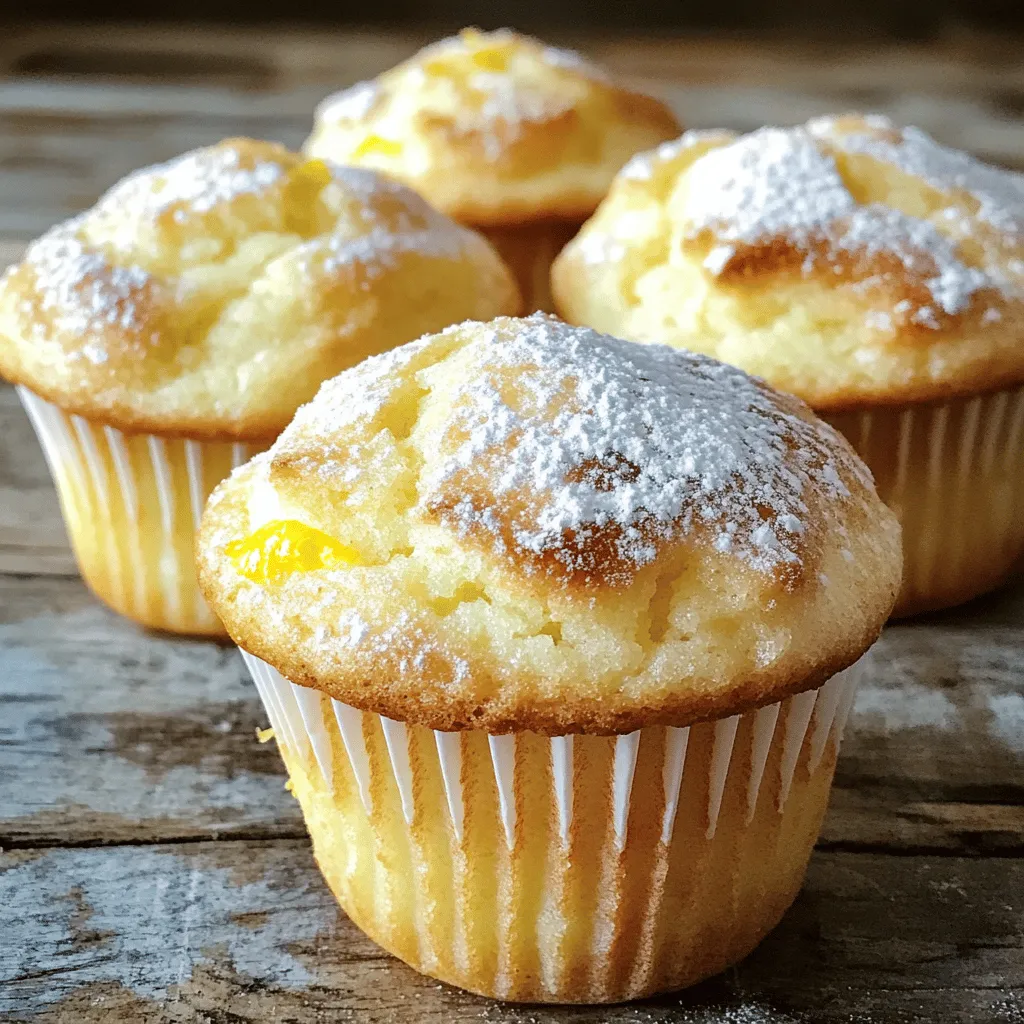 - 1 cup all-purpose flour - 1/2 cup granulated sugar - 1/2 teaspoon baking powder - 1/4 teaspoon baking soda - 1/4 teaspoon salt - 1/2 cup cream cheese, softened - 1/4 cup unsalted butter, softened - 1 large egg - 1/4 cup whole milk - Zest of 1 lemon - 2 tablespoons freshly squeezed lemon juice - 1 teaspoon pure vanilla extract - Optional: powdered sugar for dusting Every ingredient plays a key role in the flavor and texture of Lemon Cream Cheese Muffins. The all-purpose flour gives the muffins structure. Sugar sweetens the batter and helps with browning. Baking powder and baking soda are vital for a light and fluffy muffin. Salt enhances all the flavors. Cream cheese adds rich creaminess, while butter contributes moisture. The egg binds everything together. Whole milk keeps the muffins tender. Lemon zest and juice deliver that bright, zesty flavor we love. Finally, vanilla extract adds a warm note to the mix. If you want a little extra sweetness, powdered sugar makes a lovely dusting on top. You can find the full recipe in the section above. - Preheat to 350°F (175°C). - Line or grease the muffin tin. Start by preheating your oven. This helps the muffins bake evenly. Next, prepare your muffin tin. Use paper liners or grease it lightly to prevent sticking. - Whisk together flour, sugar, baking powder, baking soda, and salt. In a large bowl, whisk the dry ingredients. This includes all-purpose flour, sugar, baking powder, baking soda, and salt. Make sure they are well mixed for the best rise. - Beat cream cheese and butter. - Add egg, milk, lemon zest, lemon juice, and vanilla. In another bowl, beat the softened cream cheese and butter together. Use an electric mixer for about 2-3 minutes. The mixture should be smooth and creamy. Next, add the egg, milk, lemon zest, lemon juice, and vanilla. Mix them together on low speed until smooth. - Fold dry ingredients into wet mixture carefully. Now, carefully fold the dry mixture into the wet mixture. Use a spatula or wooden spoon. Be gentle; it’s okay if some lumps remain. Overmixing can make the muffins tough. - Fill muffin cups and bake for 18-20 minutes. - Check doneness with a toothpick. Using a scoop or large spoon, fill each muffin cup about three-quarters full. This allows room for rising. Place the muffin tin in the oven and bake for 18-20 minutes. Check for doneness by inserting a toothpick into the center. It should come out clean. - Cool muffins in the tin for 5 minutes. - Dust with powdered sugar if desired. After baking, let the muffins cool in the tin for 5 minutes. This makes them easier to remove. If you want a sweet touch, dust the tops with powdered sugar before serving. Enjoy your Lemon Cream Cheese Muffins! For the full recipe, check the recipe section. To make your Lemon Cream Cheese Muffins soft, use room temperature ingredients. Cold ingredients can make the batter dense. Room temperature butter and cream cheese blend well, adding moisture. Also, don't overmix the batter. Mix until just combined. A few lumps are okay. Overmixing can lead to tough muffins. Want a stronger lemon flavor? Add a bit of lemon extract. This small addition packs a punch. For texture, incorporate poppy seeds. They add a nice crunch and pair well with lemon. You can also try adding blueberries for extra sweetness. Serve your muffins on a decorative platter. This makes them look fancy and inviting. Garnish them with lemon slices or a sprig of mint. This adds a pop of color and freshness. For a sweet touch, dust the tops with powdered sugar. This simple step makes them look like a bakery treat. Try these tips to make your muffins stand out! For the complete recipe, check out the Full Recipe section. {{image_4}} You can make these lemon cream cheese muffins even better with fun add-ins. - Blueberries or raspberries: These fruits add a burst of sweetness. - Chopped nuts: Walnuts or pecans give a nice crunch. Adding these flavors can enhance your muffins and make them special. Mix in about one cup of these add-ins when you combine the dry and wet ingredients. For a gluten-free version, swap the all-purpose flour with a gluten-free flour mix. This change keeps your muffins soft and tasty. Make sure the mix you choose has a good blend of starches and flours for the best results. If you want a sugar-free treat, try using a sugar substitute like erythritol. This option will keep your muffins sweet without added sugar. Use the same amount as granulated sugar in the recipe. Enjoy the same great taste while being mindful of sugar intake! You can find the full recipe to explore these variations and more ways to enjoy lemon cream cheese muffins. Store your lemon cream cheese muffins in an airtight container at room temperature. They stay fresh for up to 3 days. This makes them perfect for a quick breakfast or snack. To keep them longer, freeze the muffins in a sealed bag. They last for up to 3 months in the freezer. This way, you can enjoy them anytime you want a treat. Just remember to label the bag with the date. When you’re ready to enjoy a muffin, thaw it overnight in the fridge. After it is thawed, warm it in the oven at 350°F for about 5-10 minutes. This will bring back the soft and fluffy texture that you love. For more detailed steps on making these muffins, check the Full Recipe. Softened cream cheese and proper mixing technique contribute to moisture. Cream cheese adds richness. It keeps the muffins soft. Mixing well combines the ingredients without overworking them. This method helps keep the muffins fluffy and light. Yes, you can prepare the batter and store it in the fridge for up to 24 hours before baking. This saves time in the morning. Just remember to stir the batter gently before baking. Freshly baked muffins are always best! When a toothpick inserted in the center comes out clean. This test is simple and effective. If the toothpick has wet batter, bake a few more minutes. Keep an eye on them as they bake. Cream cheese is recommended for its texture and flavor, but mascarpone can be a great alternative. Mascarpone gives a slightly different taste. It also keeps the muffins rich and moist. However, cream cheese is the classic choice. They are delicious on their own, but serve with tea or coffee for a delightful treat. A light dusting of powdered sugar adds a sweet touch. You can also pair them with fruit or yogurt for a nice balance. Lemon Cream Cheese Muffins are simple and delicious. We covered key ingredients, steps, and fun tips. Remember, using room temperature ingredients helps create a moist muffin. You can even try different flavors with added fruits or nuts. Store them easily for later enjoyment. Happy baking! Enjoy your tasty treats at any time.