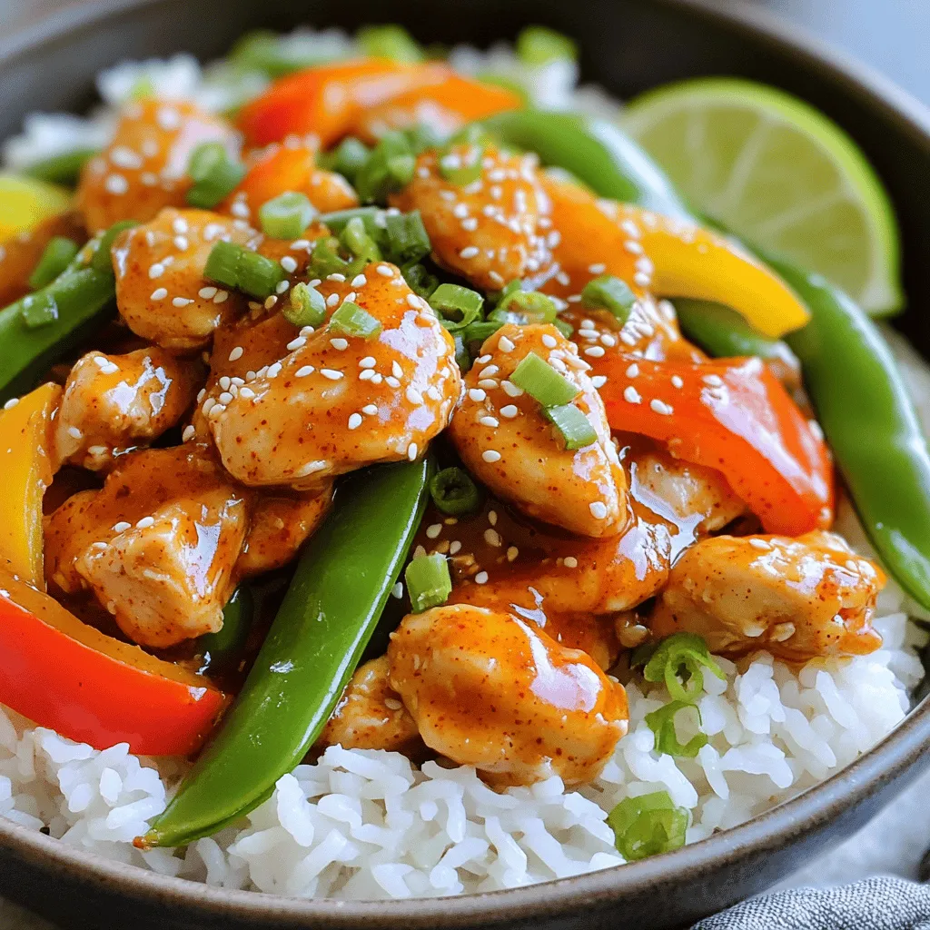 To make the sweet chili chicken bowl, gather these ingredients: - 2 boneless, skinless chicken breasts, diced into bite-sized pieces - 1 cup jasmine rice - 1 cup low-sodium chicken broth - 1 red or yellow bell pepper, sliced into thin strips - 1 cup snap peas, ends trimmed and halved if large - 2 tablespoons sweet chili sauce - 1 tablespoon soy sauce (preferably low-sodium) - 1 tablespoon sesame oil - 2 green onions, thinly sliced - 1 tablespoon sesame seeds (for garnish) - Salt and freshly ground black pepper to taste When choosing fresh ingredients, look for bright colors and firm textures. For chicken, check that it has no smell and is pink in color. Select bell peppers that feel heavy and have shiny skin. Snap peas should be crisp, with a vibrant green hue. For rice, make sure the package is sealed and has no holes. Fresh green onions should be bright green with no wilting. Always buy sauces that are within their expiration date for the best flavor. Each serving of the sweet chili chicken bowl has about: - Calories: 450 - Protein: 34g - Carbohydrates: 55g - Fat: 12g - Fiber: 4g - Sodium: 600mg This dish is a great source of protein and carbs, perfect for a balanced meal. Enjoy the flavors while nourishing your body! For the full recipe, you can check the instructions above. To start, grab a medium saucepan. Combine 1 cup of jasmine rice with 1 cup of low-sodium chicken broth. This broth adds rich flavor. Bring the mixture to a strong boil over medium-high heat. Once it boils, lower the heat to low. Cover the pot with a lid and let it simmer for 15 minutes. This cooks the rice perfectly. After that time, remove it from heat but keep it covered for another 5 minutes. This step lets the rice steam and become fluffy. Fluff the rice with a fork before serving. Next, we move on to the chicken. Heat 1 tablespoon of sesame oil in a large skillet over medium-high heat. Add 2 diced chicken breasts, seasoned with salt and pepper. Cook the chicken for 6 to 8 minutes. Stir it occasionally. Look for it to turn golden brown and no longer pink in the center. This ensures it's fully cooked and safe to eat. Once the chicken cooks, it's time for the veggies. Add 1 sliced bell pepper and 1 cup of snap peas to the skillet. Sauté these for 3 to 4 minutes. You want them tender but still crunchy. Next, lower the heat to medium. Pour in 2 tablespoons of sweet chili sauce and 1 tablespoon of soy sauce. Stir well to coat the chicken and veggies. Let it cook for 2 more minutes. This thickens the sauce and combines all the flavors. Now, let’s put it all together. In a serving dish, divide the fluffy jasmine rice evenly. Spoon the sweet chili chicken and vegetable mix over the rice. Make sure to share the sauce evenly for the best taste. Each bite should be a mix of flavors. Finally, we add some flair. Sprinkle chopped green onions and sesame seeds on top. This adds color and crunch. If you like, drizzle extra sweet chili sauce over the bowl. A lime wedge on the side brings a refreshing touch. Enjoy your tasty and colorful creation! For the complete recipe, check out the Full Recipe. To get tender chicken, start with good-quality meat. Always use fresh, boneless, skinless chicken breasts. Cut the chicken into bite-sized pieces. This helps it cook evenly. Season the chicken with salt and pepper before cooking. Searing it in hot sesame oil locks in moisture. Cook until golden brown and no longer pink. A meat thermometer can help; aim for 165°F. You can make this dish your own! Swap chicken for tofu for a vegetarian option. Try using different veggies, like broccoli or carrots. For extra heat, add sliced jalapeños or red pepper flakes. You can also change the sauce; teriyaki or hoisin works well. Top with fresh herbs like cilantro or basil for added flavor. Don’t forget to adjust the rice portion too! Fluffy rice is key to this dish. Rinse the jasmine rice under cold water first. This removes excess starch and prevents stickiness. Use chicken broth instead of water for more flavor. Bring the broth to a boil before adding the rice. Cover the pot and simmer on low heat. Let it rest after cooking; this helps the rice grains separate. Fluff with a fork before serving for the best texture. For the complete recipe, check the [Full Recipe] section. {{image_4}} You can easily swap chicken for tofu in this recipe. Use firm or extra-firm tofu for the best texture. First, press the tofu to remove extra water. Cut it into bite-sized cubes. Then, sauté the tofu in sesame oil, just like you would with chicken. Cook until it's golden brown. This gives it a nice texture and flavor. Then, follow the rest of the recipe as you normally would. The sweet chili sauce will add great flavor to the tofu. If you need a gluten-free option, you can make simple changes. Choose gluten-free soy sauce or tamari instead of regular soy sauce. This keeps the dish tasty while being safe for those who can't eat gluten. Also, make sure your sweet chili sauce is gluten-free. Most brands are, but it’s good to check the label. Want to make your bowl even more nutritious? Adding extra veggies is a fantastic idea! You can include broccoli, carrots, or zucchini. Just chop them into small pieces. Sauté them with the chicken or tofu until they soften. This adds color, flavor, and more vitamins to your meal. You can mix and match your favorite veggies to customize your bowl. Don't be afraid to experiment! For the full recipe, check [Full Recipe]. To keep your sweet chili chicken bowl fresh, store leftovers in an airtight container. Let the dish cool down to room temperature before sealing it. This prevents moisture buildup, which can make the food soggy. You can keep it in the fridge for about 3 to 4 days. If you want to enjoy it later, consider freezing it. When you're ready to eat your leftovers, reheating is easy. You can use a microwave or a stovetop. If using a microwave, place the food in a bowl and cover it with a damp paper towel. This keeps it moist. Heat for 1 to 2 minutes, checking often. If using a stovetop, add a splash of water in a pan. Heat it on medium until warm, stirring occasionally. This method helps maintain the dish's texture. To freeze your sweet chili chicken bowl, first, let it cool completely. Portion it into freezer-safe bags or containers. Be sure to remove as much air as possible before sealing. You can freeze it for up to 2 to 3 months. When you want to eat it, thaw it overnight in the fridge. Reheat it using the tips above for the best results. Enjoy your meal anytime! Yes, you can use other rice types. Brown rice or basmati rice works well. Just adjust the cooking time. For brown rice, you may need 40-45 minutes to cook. Basmati rice cooks faster, about 12-15 minutes. Follow package instructions for best results. If you don’t have sweet chili sauce, try mixing honey and sriracha. Use one part honey and one part sriracha for a sweet and spicy mix. You can also use hoisin sauce for a different flavor. Adjust the amount based on your taste. To make the dish less spicy, reduce the amount of sweet chili sauce. You can also add more honey to balance the heat. For more spice, add a dash of red pepper flakes or extra sriracha. Taste as you go to find the right balance. Yes, this recipe is great for meal prep. Store the chicken and rice in separate containers to keep them fresh. When ready to eat, just reheat them together or separately. This dish stays tasty for up to four days in the fridge. This blog post breaks down how to make a delicious sweet chili chicken bowl. We covered the key ingredients and how to choose fresh ones. You learned step-by-step instructions for cooking fragrant jasmine rice and tender chicken while adding a variety of veggies. We discussed storage tips and answered common questions. In conclusion, this dish is easy to make and customize. Whether you go for chicken, tofu, or extra veggies, you can create a bowl that fits your taste. Enjoy making it your own!