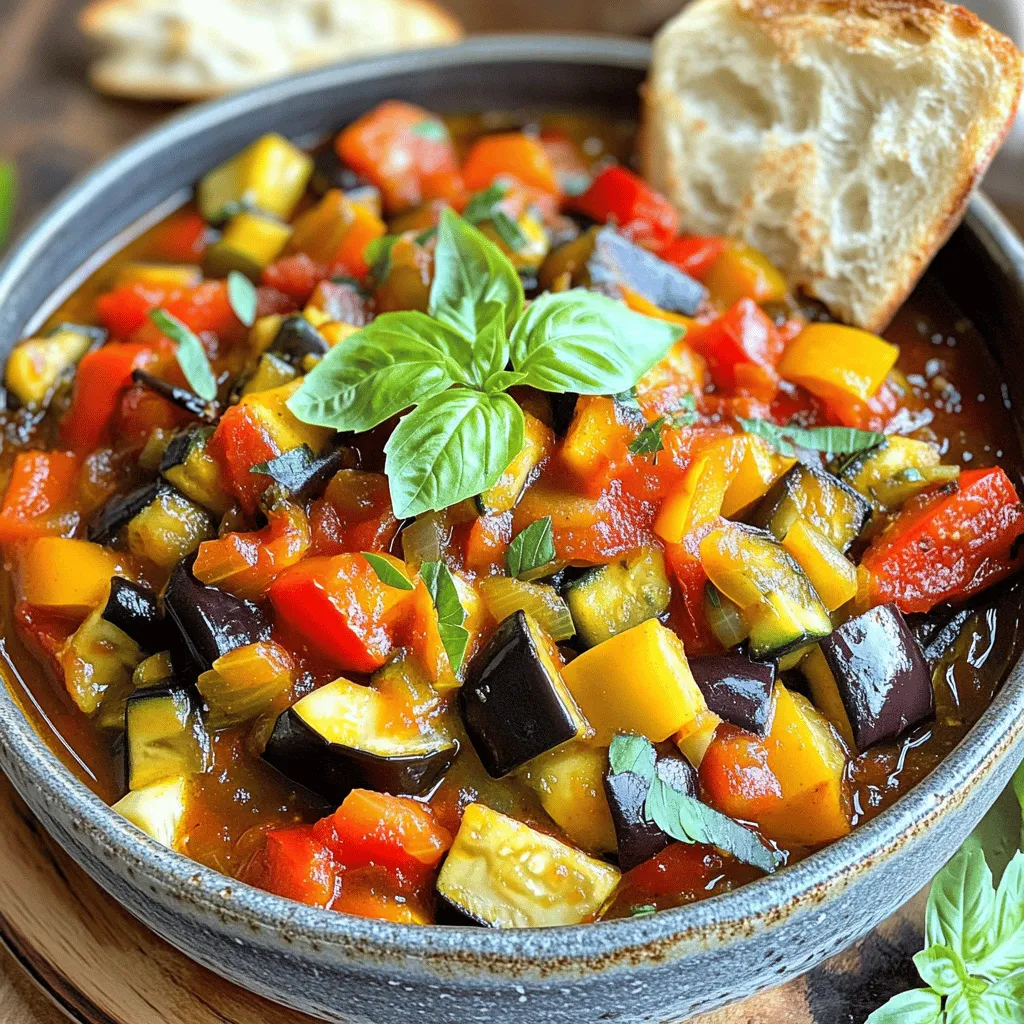 - 1 medium eggplant, diced - 2 medium zucchini, sliced - 1 bell pepper, chopped - 1 medium onion, finely chopped - 3 cloves garlic, minced - 4 ripe tomatoes, diced or 1 can of diced tomatoes - 1 cup vegetable broth - 2 tablespoons extra virgin olive oil - 1 teaspoon dried basil - 1 teaspoon dried oregano - Salt and pepper to taste - Fresh basil leaves for garnish Gather these ingredients before you start. Fresh veggies give the best taste and color. If you can, get organic produce. It makes a difference in flavor and health. The eggplant adds creaminess, while the zucchini brings a soft crunch. The bell pepper adds sweetness, and tomatoes give the dish its rich base. I love using vegetable broth for extra flavor. Olive oil helps with cooking and adds healthy fats. Dried herbs like basil and oregano give depth to the dish. Don’t forget salt and pepper; they enhance all the flavors. - Caloric content per serving: Approximately 150 calories - Macronutrient breakdown: - Carbohydrates: 20g - Protein: 3g - Fats: 7g - Dietary considerations: This dish is vegan and gluten-free. Ratatouille is light yet filling. It’s perfect for a healthy meal. The blend of veggies offers many vitamins and minerals. Each serving packs a good amount of fiber from all those vegetables. This dish fits into many diets, making it versatile for everyone. To start making ratatouille, gather your fresh veggies. You will need: - 1 medium eggplant, diced into 1-inch cubes - 2 medium zucchini, sliced into half-moons - 1 bell pepper (any color), chopped into bite-sized pieces - 1 medium onion, finely chopped - 3 cloves garlic, minced - 4 ripe tomatoes, diced (or use 1 can of diced tomatoes) First, wash and dry all the vegetables. Use a sharp knife to cut the eggplant into cubes. Make sure they are even for cooking. Next, slice the zucchini into half-moons. Chop the bell pepper into small pieces. Finely chop the onion and mince the garlic. To chop an onion without tears, keep it cold. You can place it in the fridge for a bit. Use a sharp knife, and cut off the ends first. Then slice it in half. Hold the half steady, and cut it into thin slices. This helps keep your eyes safe. Now, let’s cook! Heat 2 tablespoons of extra virgin olive oil in a large skillet over medium heat. When the oil is hot, add the chopped onion and minced garlic. Sauté for about 3-4 minutes. Stir often until the onion is soft and clear. Next, add the diced eggplant. Cook for another 5 minutes, stirring occasionally. The eggplant should start to soften. After that, mix in the sliced zucchini, chopped bell pepper, and diced tomatoes. Stir well to blend all the veggies. Pour in 1 cup of vegetable broth. Add 1 teaspoon each of dried basil and oregano. Season with salt and pepper to your taste. Give everything a good stir. Lower the heat and let the ratatouille simmer uncovered for 25-30 minutes. Stir it from time to time. The veggies should be tender and flavors should meld together. When ready to serve, use a deep bowl. Spoon the ratatouille in and drizzle a little more extra virgin olive oil on top. Add freshly chopped basil leaves for extra flavor and color. This dish goes great with crusty bread or fluffy couscous. It makes a complete and delightful meal. You can find the full recipe [here](#). To get the best flavor from your ratatouille, sautéing is key. Start by heating your olive oil over medium heat until it shimmers. This means it's ready for the onions and garlic. Cook them for about 3-4 minutes. You want them soft and fragrant but not browned. When adding the eggplant, let it cook for about 5 minutes. Stir it often to help it soften evenly. This step helps release its natural flavors. After that, you can add zucchini and bell peppers. They cook quickly, so keep an eye on them. To boost the flavor, think about adding fresh herbs like thyme or rosemary. You can also sprinkle in a bit of red pepper flakes for some heat. If you're feeling adventurous, try adding olives or capers for a briny twist. These ingredients can brighten your dish and add depth. One big mistake is overcooking the vegetables. You want them tender but not mushy. Keep an eye on the pot while it simmers. Another common pitfall is choosing the wrong veggies. Aim for fresh, seasonal produce. This gives your ratatouille the best taste and texture. For the full recipe, check out the Vibrant Garden Ratatouille section. It has all the details you need to create this dish. Enjoy cooking! {{image_4}} You can change up ratatouille based on what you have. Seasonal veggies work great. Try adding: - Bell peppers: Any color adds sweetness. - Squash: Yellow squash or pattypan can add color. - Carrots: They add a nice crunch and sweetness. - Mushrooms: They provide umami flavor. For protein, think about adding beans or lentils. They make this dish heartier. Chickpeas mix well too. They add texture and protein. Ratatouille can adapt to different cooking styles. You can bake it in the oven or use a slow cooker. Oven-baked ratatouille: - Preheat the oven to 375°F (190°C). - Layer the veggies in a baking dish. - Drizzle with olive oil and season. - Cover with foil and bake for about 45 minutes. Slow cooker variation: - Chop all your veggies. - Place them in the slow cooker. - Add broth, olive oil, and spices. - Cook on low for 6-8 hours or high for 3-4 hours. Both methods create lovely flavors and textures. Ratatouille has many regional takes. Each adds a unique flair. Mediterranean variations: - In Greece, they add potatoes and feta cheese. - In Italy, you might find olives or capers mixed in. Spicy ratatouille options: - Add red pepper flakes for heat. - Consider jalapeños for a kick. - A dash of smoked paprika offers a cozy warmth. These twists can make your ratatouille exciting and new. For the full recipe, check out the vibrant garden ratatouille. To keep your ratatouille fresh, use an airtight container. Glass or plastic containers work great. Make sure to let it cool before sealing. In the fridge, it will stay fresh for about three to four days. When reheating, use the stovetop or microwave. For stovetop, heat on low to avoid burning. Stir often to warm evenly. If using a microwave, cover the dish and heat in short bursts. Leftovers taste great on crusty bread or over rice. To freeze ratatouille, let it cool completely. Then, transfer it to freezer-safe bags or containers. Remove as much air as possible before sealing. It can last for up to three months in the freezer. For thawing, place it in the fridge overnight. Reheat on the stovetop or microwave until hot. Enjoy your flavorful vegetable delight anytime! Yes, you can make ratatouille ahead of time. This dish tastes even better the next day. The flavors meld together, making it more delicious. Cook it, then let it cool. Store it in a sealed container in the fridge. You can reheat it when you're ready to eat. Ratatouille pairs well with many sides. Crusty bread is a classic choice. You can also serve it over couscous or pasta. A simple green salad adds freshness. Grilled chicken or fish complements the dish nicely too. Homemade ratatouille stays fresh in the fridge for about 4 to 5 days. Make sure to store it in an airtight container. When reheating, the texture may change slightly. It can become softer, but the taste remains great. Yes, ratatouille is quite healthy. It includes many vegetables like eggplant and zucchini. These ingredients offer vitamins and fiber. It is low in calories and fat. Enjoying it in moderation fits well in most diets. Homemade ratatouille is a tasty dish packed with fresh veggies. We covered the main ingredients, cooking steps, and helpful tips. You learned to avoid common mistakes and explore variations. Remember, this dish not only tastes great but is also healthy. Whether you enjoy it hot or as a leftover, ratatouille is always a good choice. So gather your ingredients and enjoy making your own unique version. Keep experimenting with flavors until you find your favorite recipe!