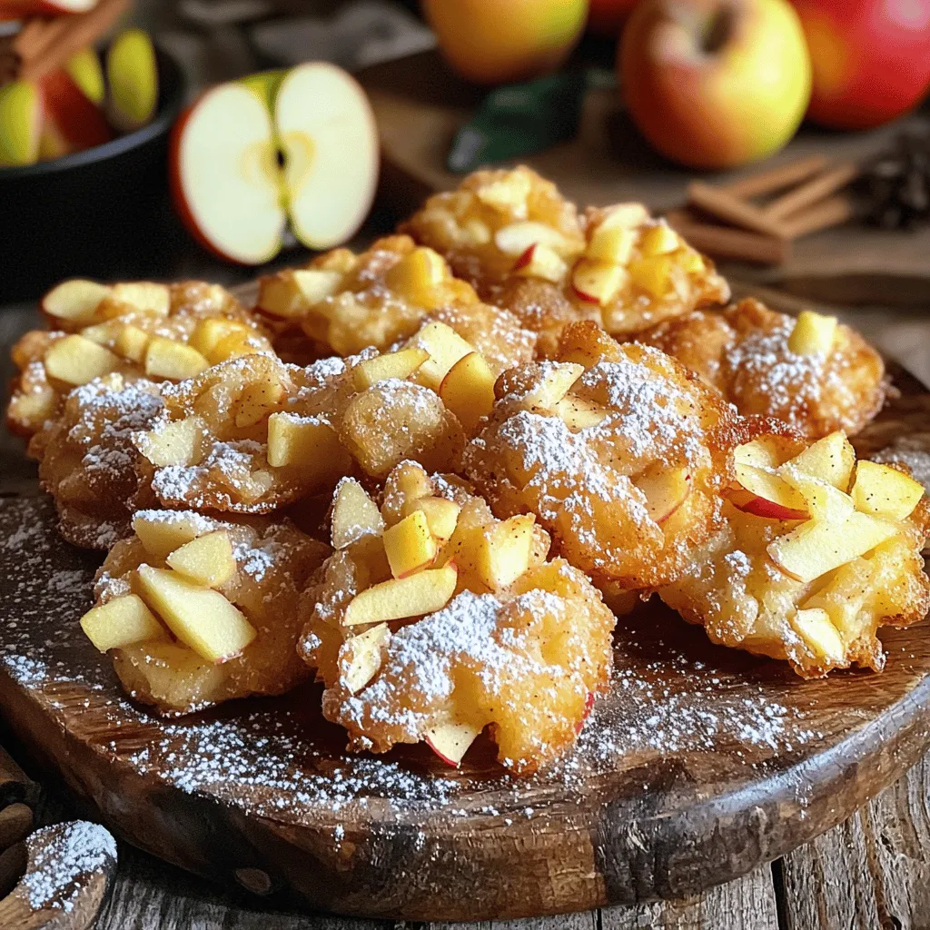 To make Amish apple fritters, you will need the following: - 2 medium tart apples, peeled, cored, and diced - 1 cup all-purpose flour - 1/4 cup granulated sugar - 1 teaspoon baking powder - 1/2 teaspoon ground cinnamon - 1/4 teaspoon ground nutmeg - 1/4 teaspoon salt - 1 large egg, lightly beaten - 1/2 cup milk - 1 teaspoon pure vanilla extract - Oil for frying (such as vegetable or canola) - Powdered sugar for dusting If you have dietary restrictions, you can swap out some ingredients. For a gluten-free version, use gluten-free flour. You can also use a sugar substitute if you need to cut back on sugar. For this recipe, you will need a few key kitchen tools: - Mixing bowls: One for dry ingredients and one for wet. - Whisk: To mix the ingredients well. - Slotted spoon: For flipping and removing fritters from the oil. - Deep skillet or pot: Make sure it’s deep enough for frying. - Kitchen thermometer: This helps you check the oil temperature. For frying the fritters, a deep skillet or a heavy pot works best. Use enough oil to submerge the fritters halfway. This helps them cook evenly and get that nice golden color. To make Amish apple fritters, start by gathering your ingredients. You will need tart apples, flour, sugar, baking powder, spices, and eggs. 1. Mix the Dry Ingredients: In a large bowl, combine the flour, sugar, baking powder, cinnamon, nutmeg, and salt. Whisk these until they are well mixed. 2. Prepare the Wet Ingredients: In another bowl, whisk the egg, milk, and vanilla extract together. Make sure it is smooth. 3. Combine the Mixtures: Slowly pour the wet mix into the dry mix. Stir gently to form a thick batter. 4. Add the Apples: Fold in the diced apples. Make sure each piece is coated in the batter. This adds a great fruit flavor. 5. Heat the Oil: In a deep skillet, heat about 2 inches of oil to 350°F (175°C). Use a kitchen thermometer to check the temperature. This step is crucial for crispy fritters. 6. Fry the Fritters: Using a spoon, drop about 2 tablespoons of batter into the hot oil. Don’t overcrowd the pan; fry in batches if needed. 7. Cooking Time: Let them fry for about 3-4 minutes on each side. They should be golden brown and float to the surface. Use a slotted spoon to flip them and remove them when done. 8. Dust with Powdered Sugar: While warm, dust the fritters with powdered sugar. Use a fine sieve for an even coat. Adding visual aids can make this process easier. Consider taking photos or videos at each step. Capture the mixing process, the frying stage, and the final dusting in sugar. Tips for Capturing the Frying Process: - Use good lighting to show the golden color of the fritters. - Film from different angles to highlight the frying action. - Show the texture of the fritters after frying for better engagement. Creating visual content can inspire others to try this recipe. It makes the cooking process more fun and helps others feel confident in their cooking skills. To make sure your fritters turn out crispy, start with hot oil. Heat the oil to 350°F (175°C). This high temperature helps fry the outside quickly. If the oil is too cool, the fritters will soak up oil and become greasy. Use a thermometer to check the oil's heat. After frying, let the fritters drain on paper towels. This step removes excess oil and keeps them crispy. To boost the flavor of your fritters, add more spices. Try increasing the cinnamon or adding a pinch of ginger for warmth. Nutmeg can also add a nice touch. Make sure to mix the spices into the dry ingredients well. When adding the apples, mix them in gently. This ensures that every bite has apple pieces. A well-distributed batter makes each fritter delightful. For extra flavor, consider a splash of lemon juice in the batter. It brightens the taste and complements the apples beautifully. {{image_4}} You can easily modify the recipe to add nuts or raisins. Chopped walnuts or pecans add a nice crunch. If you prefer a sweeter touch, try adding a handful of raisins. Just fold them into the batter with the apples. You can also change the spices. For a warm twist, add ground ginger or allspice. These spices enhance the flavor and make each bite unique. To make a gluten-free batter, swap out the all-purpose flour for a gluten-free blend. Look for blends that contain rice flour or almond flour. These options work well and keep the fritters light. When mixing your batter, ensure that it is thick and smooth. This helps the fritters hold together while frying. Remember to check the label on your flour blend for best results. Enjoy the same great taste without the gluten! To keep your fritters fresh, let them cool completely. Place the fritters in an airtight container. If you stack them, use parchment paper between layers. This method helps avoid sogginess. Store them in the fridge for up to three days. For longer storage, you can freeze them. Place fritters in a freezer-safe bag with as much air removed as possible. They can stay fresh for up to three months. Reheating fritters correctly keeps them crispy. You can use an oven or a skillet. For the oven, preheat it to 350°F (175°C). Place the fritters on a baking sheet and heat for about 10 minutes. For the skillet, heat a small amount of oil over medium heat. Place the fritters in the skillet and cook for about 2-3 minutes on each side. This method revives their crispiness. Serve leftover fritters warm, dusted with powdered sugar, or with a drizzle of caramel sauce for extra flavor. What type of apples work best? I love using tart apples like Granny Smith. They balance the sweet dough. Their firm texture holds up well during frying. You can also use Honeycrisp for a sweeter option. Just remember, choose apples that stay crisp when cooked. Can I make these fritters in advance? You can prepare the batter ahead of time. Store it in the fridge for up to 2 hours. Fry them fresh for the best taste and texture. If you want to store cooked fritters, keep them in an airtight container for 1 day. Reheat them in the oven for crispiness. Suggested nutritional facts for a serving of fritters One serving (1 fritter) has roughly: - Calories: 180 - Fat: 7g - Carbohydrates: 27g - Protein: 2g - Fiber: 1g Tips for making healthier versions of the recipe You can swap all-purpose flour for whole wheat flour. Use less sugar or try a natural sweetener. Consider baking instead of frying for fewer calories. You can also add oats for fiber and crunch. Amish Apple Fritters are both fun and tasty to make. You learned what ingredients you need and how to prepare them. We discussed kitchen tools for cooking and frying. I shared steps to fry them just right. Tips on flavor and texture help you create the best fritters. Lastly, I provided ways to store and reheat leftovers. Enjoy exploring these delicious variations and share them with friends and family!