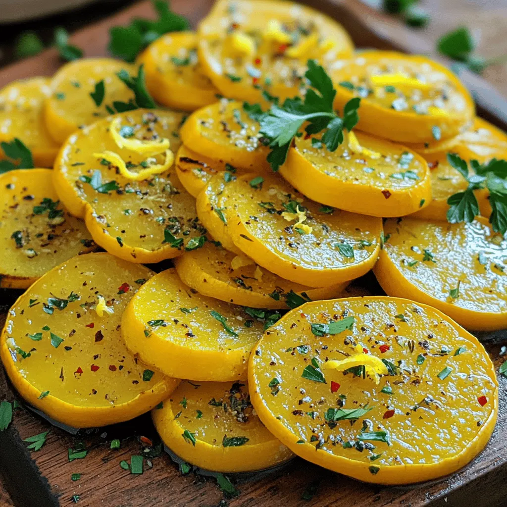 - 3 medium yellow squash - 2 tablespoons extra virgin olive oil - Seasonings: garlic powder, dried oregano, fresh rosemary The main ingredients make this dish simple yet tasty. For yellow squash, choose ones that are firm and smooth. Slice them into ½-inch rounds. This size allows them to roast evenly. The olive oil adds healthy fat and enhances flavor. - Red pepper flakes - Sea salt and black pepper - Zest of 1 lemon - Fresh parsley for garnish These enhancements bring bright and bold flavors to the squash. Red pepper flakes add a nice kick. Use sea salt and black pepper to taste. Lemon zest gives a fresh pop that balances the squash's sweetness. Finally, fresh parsley brightens the dish, making it look appealing. For the full recipe, check out the details on how to combine these ingredients for a delicious side dish. Start by preheating your oven to 400°F (200°C). This temperature is key for roasting. A hot oven helps the squash cook evenly and brown well. Line your baking sheet with parchment paper. This makes cleanup easy and prevents sticking. Take your three medium yellow squash and slice them into ½-inch rounds. This size helps the squash cook through without getting mushy. Add the sliced squash to a large bowl. Next, drizzle in 2 tablespoons of extra virgin olive oil. Toss gently to coat each piece with oil. A good coat of oil ensures crisp edges and adds flavor. Now, it’s time to season the squash. Sprinkle on 1 teaspoon of garlic powder, 1 teaspoon of dried oregano, and 1 teaspoon of finely chopped fresh rosemary. Add ½ teaspoon of red pepper flakes for heat. Season with sea salt and freshly ground black pepper to taste. Toss the squash again to make sure every piece is evenly coated with the seasonings. This step enhances the flavor of the squash. Arrange the seasoned squash rounds in a single layer on the baking sheet. Make sure there is space between the pieces. This helps them roast properly. Place the baking sheet in the oven and roast for 20-25 minutes. Halfway through, take the sheet out and flip the squash. This flipping is important for even browning. When done, the squash should be tender and lightly golden. Once the squash is roasted, remove it from the oven. Immediately sprinkle the zest of one lemon over the warm squash. This adds a bright flavor. Garnish your dish with fresh parsley for a pop of color. These final touches make your Sizzling Herb-Roasted Yellow Squash even more appealing. For the complete recipe, check out the Full Recipe section. When selecting fresh yellow squash, look for bright colors. The skin should be firm and unblemished. Choose squash that feels heavy for its size. Recommended squash varieties include straightneck and crookneck. Both types work well in this recipe. To achieve even cooking, cut the squash into uniform slices. This ensures that all pieces cook at the same rate. Preheat your oven to 400°F (200°C) for best results. A hot oven helps the squash become tender and golden without drying out. For serving, place the roasted squash in a large, shallow dish. This allows the vibrant colors to stand out. Drizzle a little extra olive oil on top for a glossy finish. You can also add lemon wedges on the side for a fresh touch. This elevates both the look and taste of your dish. {{image_4}} You can change the taste of roasted yellow squash in many ways. Try using fresh herbs like thyme or basil. Both add a nice twist. You could also use spices like cumin or smoked paprika for a deeper flavor. For extra texture, add cheese or nuts. Feta or parmesan works well. Chopped walnuts or almonds can give a nice crunch too. If you want a different cooking method, grilling the squash is a fun option. It adds a smoky flavor that’s hard to beat. Just slice the squash and brush it with olive oil. Place it on a hot grill, and cook until it's tender. You can also use an air fryer. This method cooks the squash faster while still making it crispy. Set your air fryer to 400°F and cook for about 10-15 minutes. Roasted yellow squash pairs well with many dishes. You can serve it with grilled chicken or fish for a healthy meal. It also complements pasta nicely. Try it with a light tomato sauce or pesto. For sides, consider a fresh salad or quinoa. These options create a balanced plate that pleases everyone. For more ideas, check out the Full Recipe. To store your roasted yellow squash, let it cool first. Place it in an airtight container. This helps keep it fresh. You can keep the squash in the fridge for about 3 to 5 days. Make sure the container is sealed tight to avoid moisture loss. When you want to enjoy your leftovers, reheating is key. Use the oven or the microwave. In the oven, set it to 350°F (175°C) and heat for about 10-15 minutes. This keeps the squash crispy. In the microwave, heat in short bursts of 30 seconds. Stir in between to heat evenly. This way, the squash stays tasty and does not get soggy. If you want to save your roasted squash for later, freezing works well. First, let the squash cool completely. Then, spread it out on a baking sheet and freeze until solid. After that, transfer the pieces to a freezer bag. This prevents them from sticking together. Roasted squash can stay fresh in the freezer for up to 3 months. When you are ready to eat it, thaw it in the fridge overnight. For quick meals, you can reheat it straight from the freezer. Just add a few extra minutes to your heating time. Enjoy your delicious roasted yellow squash anytime! For the full recipe, check out the Sizzling Herb-Roasted Yellow Squash 🥒. You will know yellow squash is done when it is tender and golden. The squash should easily pierce with a fork. Look for a slight browning on the edges. If it feels soft yet firm, it's ready to serve. Yes, you can use other squash types like zucchini or butternut squash. Just remember to adjust the cooking time. Thicker squash may need a bit more time, while thinner ones cook faster. Always check for tenderness. For extra flavor, try adding grated Parmesan cheese or crushed nuts. Fresh herbs like basil or thyme also work well. You can drizzle balsamic glaze or sprinkle lemon juice for a zesty kick. Experiment with your favorites! Yes, this recipe is great for meal prep! You can roast the squash ahead of time and store it in the fridge. It stays fresh for about 3-4 days. Just reheat in the oven or microwave when ready to eat. Roasting yellow squash is easy and tasty. We covered the main ingredients, like squash and olive oil. We explored how to prepare and season for great flavor. You learned tips to roast it just right and how to make it look nice. We discussed variations and storage info for future meals. Enjoy trying out these methods and make them your own! Roasted squash can add great flavor to any dish.