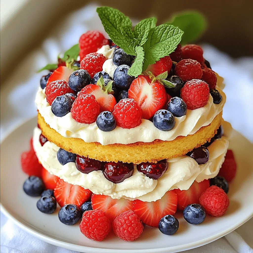 - 2 cups cake flour - 1 ½ cups granulated sugar - ½ cup unsalted butter, softened to room temperature - 1 cup whole milk, at room temperature - 3 large eggs, at room temperature The main ingredients set the base for your Berry Chantilly Cake. Cake flour gives it a light touch. Granulated sugar sweetens the cake perfectly. The unsalted butter ensures richness, while whole milk keeps it moist. The eggs bind all the elements together, adding flavor and structure. - 2 cups heavy whipping cream - ½ cup powdered sugar - 1 teaspoon vanilla extract (for the cream) Chantilly cream is the star of this cake. Heavy whipping cream is key for that fluffy texture. Adding powdered sugar sweetens the cream just right. The vanilla extract enhances the flavor, making every bite delightful. - 2 cups mixed berries (strawberries, blueberries, raspberries) - Fresh mint leaves for garnish Fresh berries add color and taste. Strawberries bring sweetness, blueberries add a burst of flavor, and raspberries give a slight tartness. Mint leaves not only look good but also add a refreshing touch. When you layer these on your cake, it becomes a feast for the eyes and the taste buds. You can find the full recipe for this delicious treat in the Berry Chantilly Cake Delightful Treat Recipe section. 1. Preheat the oven and prepare the cake pans: Start by preheating your oven to 350°F (175°C). Grease two 9-inch round cake pans and dust them with flour. This helps prevent sticking. 2. Mix dry ingredients: In a large bowl, whisk together 2 cups of cake flour, 1 tablespoon of baking powder, and ½ teaspoon of salt. This mix is key for a fluffy cake. 3. Cream butter and sugar: In another bowl, beat ½ cup of softened unsalted butter and 1 ½ cups of granulated sugar. Use an electric mixer on medium speed. Mix until the color lightens and the mix is fluffy. This should take about 4-5 minutes. 4. Incorporate eggs and vanilla: Add 3 large eggs to the butter and sugar mix, one at a time. Beat well after each addition. Next, add 1 teaspoon of vanilla extract. Mix until everything blends well. 5. Combine wet and dry ingredients: Slowly add the dry mix to the wet mix in three parts, alternating with 1 cup of whole milk. Start and end with the flour mix. Mix gently until just combined. Avoid overmixing to keep the cake light. 6. Bake and cool the cakes: Pour the batter into the prepared pans, dividing it evenly. Bake for 25-30 minutes. To check if they are done, insert a toothpick. If it comes out clean, they are ready. Allow the cakes to cool for about 10 minutes in the pans. Then, transfer them to wire racks to cool completely. 7. Whip heavy cream: In a large mixing bowl, whip 2 cups of heavy whipping cream using an electric mixer. Add ½ cup of powdered sugar as you whip. Keep whipping until medium peaks form. 8. Fold in powdered sugar and vanilla: Gently fold in another 1 teaspoon of vanilla extract into the whipped cream. This adds a sweet flavor that pairs perfectly with the cake. Now you have all the steps to create your Berry Chantilly Cake! For the complete recipe, check the Full Recipe. Using room temperature ingredients is key. When eggs, butter, and milk are at room temperature, they mix better. This creates a smooth batter that helps the cake rise evenly. Avoiding overmixing is also crucial. Mix just until the ingredients combine; this keeps the cake light and fluffy. To achieve the right texture for your Chantilly cream, whip the heavy cream until it forms medium peaks. Be careful not to over-whip, as this can turn it grainy. You can enhance the cream with flavors like almond extract or a splash of orange juice. These flavors add depth and complement the berries perfectly. For creative decorating ideas, use a spatula to create swirls with the Chantilly cream. This adds an artistic touch. You can also arrange fresh berries on top in a colorful pattern. Serving suggestions include placing individual slices on dessert plates with extra berries and mint. This makes each serving feel special and inviting. {{image_4}} You can change the flavor of your Berry Chantilly Cake easily. Adding citrus zest brings a bright taste. Try lemon or orange zest in the cake batter. This adds a fresh twist that pairs well with the berries. You can also explore chocolate variations. Use cocoa powder in the cake batter for a rich flavor. Or, fold in chocolate chips into the Chantilly cream. Both options create a delightful mix that chocolate lovers will enjoy. If you need gluten-free options, substitute regular flour with a gluten-free blend. Many blends work well in cakes. Just ensure the blend you choose has good rising agents. For dairy-free alternatives, use coconut cream instead of heavy cream. It whips well and gives a rich texture. Use almond milk or oat milk in place of regular milk. These swaps help make the cake enjoyable for everyone. Choosing the right berries can enhance your cake. In spring, use fresh strawberries and blueberries. Summer brings ripe raspberries and blackberries. Fall is great for cranberries and figs, while winter may call for frozen berries. Adapting to local fruit availability is key. If you can’t find certain berries, use what’s fresh. This keeps your cake tasty and supports local farmers. Each season offers unique flavors to explore in your Berry Chantilly Cake. To keep your Berry Chantilly Cake fresh, store it in the fridge. Place it in an airtight container. If you don't have one, cover the cake with plastic wrap. This helps keep the cake moist and flavors intact. For leftovers, cut the cake into slices. Place them in a single layer in the container. This way, the cream won't get squished. Enjoy the cake within three days for the best taste. You can freeze the cake layers if you need to save some for later. First, let the layers cool completely. Wrap each layer tightly in plastic wrap. Then, place them in a freezer bag. This helps prevent freezer burn. The cake layers can last up to three months. For the Chantilly cream, you should not freeze it. The cream can separate when thawed. Instead, make fresh cream when you are ready to serve. In the fridge, the Berry Chantilly Cake lasts about three days. After that, it may start to lose its taste and texture. You can check for spoilage by looking for any changes in smell or color. If the cake has an off smell or the cream looks curdled, it’s time to toss it. To make Berry Chantilly Cake, you start by baking two layers of cake. You mix cake flour, baking powder, and salt in one bowl. In another bowl, cream butter and sugar until fluffy. Then, add eggs and vanilla. Next, mix the wet and dry ingredients with whole milk. Bake the cakes for 25-30 minutes at 350°F. Once cooled, whip heavy cream with powdered sugar and vanilla for the Chantilly cream. Layer the cakes with cream and fresh berries. Finish by frosting the sides with Chantilly cream. You can find the full recipe for more details. Yes, you can use frozen berries, but fresh berries will taste better. Fresh berries have a bright flavor and a nice texture. They also add a lovely color to your cake. If you use frozen berries, make sure to thaw and drain them first. This helps avoid extra moisture in your cake. Berry Chantilly Cake comes from Louisiana. It became popular in the 1980s. The cake is known for its light texture and rich flavor. It often features fresh berries and sweet cream. Many people enjoy it at parties and special events. It’s a shining star in Southern desserts. Yes, you can make the cake ahead of time. Bake the cake layers and cool them completely. Wrap each layer in plastic wrap and store in the fridge for up to two days. You can also whip the Chantilly cream in advance. Just keep it in the fridge until you are ready to assemble. This way, you can enjoy fresh cake without all the last-minute work. Berry Chantilly Cake combines simple ingredients for a delightful treat. You learned how to prepare the cake and make Chantilly cream. We covered tips for a perfect bake and creative serving ideas. Don't forget variations for flavor and dietary needs. Store your cake properly to enjoy it longer. This cake is a showstopper for gatherings. Try it out and make it your own! You’ll impress everyone with your baking skills. Enjoy the sweet flavors and fresh berries in every bite.