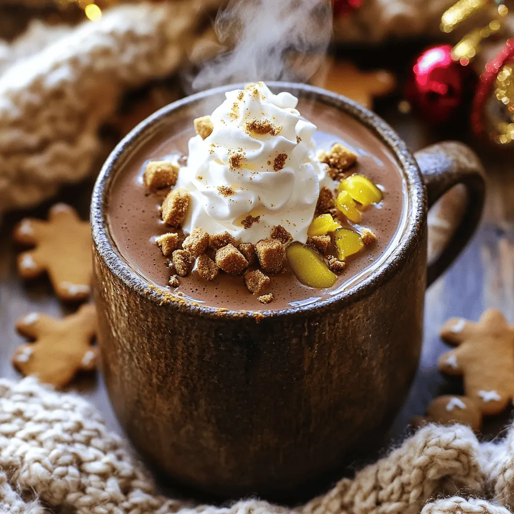 - 2 cups whole milk - 1 cup heavy cream - 4 oz semi-sweet chocolate, finely chopped - 2 tablespoons unsweetened cocoa powder - 3 tablespoons packed brown sugar - 1 teaspoon ground ginger - 1 teaspoon ground cinnamon - 1/2 teaspoon ground nutmeg - 1/2 teaspoon pure vanilla extract - Whipped cream, for topping - Crushed gingerbread cookies, for garnish - Candied ginger, for garnish When I make gingerbread hot chocolate, I start with whole milk and heavy cream. These give the drink a rich, creamy taste. Then, I add semi-sweet chocolate and cocoa powder for a deep chocolate flavor. Mixing in brown sugar and spices like ginger, cinnamon, and nutmeg adds warmth and holiday cheer. The vanilla extract gives it a nice finish. For the toppings, whipped cream is a must! It makes the drink feel special. I love adding crushed gingerbread cookies on top. They add crunch and extra ginger flavor. Candied ginger adds a sweet and spicy kick that stands out. You can find the full recipe above to make this cozy drink at home! In a medium saucepan, pour in 2 cups of whole milk and 1 cup of heavy cream. Heat the mixture over medium heat. Stir occasionally until the milk is steaming. It should not boil. This step is key to keeping your hot chocolate creamy and rich. Next, add 4 ounces of finely chopped semi-sweet chocolate and 2 tablespoons of unsweetened cocoa powder. Gradually mix these into the hot milk and cream. Use a whisk or a wooden spoon to stir. Keep stirring until the chocolate melts completely. You want a smooth and silky texture. Now it's time for the spices! Stir in 3 tablespoons of packed brown sugar, 1 teaspoon of ground ginger, 1 teaspoon of ground cinnamon, and 1/2 teaspoon of ground nutmeg. This will give your hot chocolate that warm gingerbread flavor. Keep heating for one more minute, stirring well to mix everything together. Finally, remove the saucepan from the heat and whisk in 1/2 teaspoon of pure vanilla extract. This adds a lovely depth to your drink. Pour this delightful gingerbread hot chocolate into your favorite mugs, and top each one with whipped cream. For a festive look, sprinkle crushed gingerbread cookies and pieces of candied ginger on top. Enjoy this cozy treat with a smile! For the full recipe, be sure to check out Cozy Up with Gingerbread Hot Chocolate. To get a creamy texture, avoid boiling your hot chocolate. Heat the milk and cream until they just steam. If it boils, the drink can turn grainy. Stir the mixture slowly while heating. This keeps the chocolate from clumping. A whisk works best for mixing in the chocolate and cocoa powder. This will help you achieve a silky smooth finish. You can adjust the sweetness and spice levels to fit your taste. If you like it sweeter, add more brown sugar. For a spicier kick, increase the ginger or cinnamon. If you need dairy alternatives, unsweetened almond milk or oat milk work well. Just be sure to choose a chocolate that fits your diet. There are many dairy-free options available. Choose your favorite mugs to serve this hot chocolate. A big, cozy mug adds to the experience. For a festive touch, use mugs with holiday designs. You can also create a fun presentation. Use a decorative tray to hold the mugs and add extra gingerbread cookies on the side. This makes it perfect for gatherings. The presentation helps make your gingerbread hot chocolate feel special. {{image_4}} You can give your gingerbread hot chocolate a fun twist. Try adding peppermint for a fresh taste. Just mix in a few drops of peppermint extract. This makes it bright and festive. Another option is a spicy gingerbread hot chocolate. Add a pinch of cayenne pepper for a warm kick. The heat blends nicely with the gingerbread flavors. It creates a cozy drink perfect for chilly nights. If you prefer a dairy-free version, use nut milk. Almond milk or oat milk works well in this recipe. They add a nice creaminess without dairy. Look for vegan chocolate too. This ensures your drink stays plant-based while still being rich and delightful. To make your drink more festive, consider adding a splash of spiced rum. It adds warmth and a hint of spice. Just a small amount will enhance the flavor without overpowering it. You can also make a fun cocktail version. Mix your gingerbread hot chocolate with a little whiskey or Irish cream. This creates a unique drink for holiday parties. For the full recipe, check out Cozy Up with Gingerbread Hot Chocolate. Enjoy experimenting with these variations! To keep your gingerbread hot chocolate fresh, store it in the fridge. Use an airtight container. It will stay good for up to three days. When you want to enjoy it again, heat it gently on the stove. Stir it well to mix the flavors back together. You can also use a microwave. Heat it in short bursts, stirring in between, until warm. If you want to store your gingerbread hot chocolate for longer, you can freeze it. Pour it into freezer-safe containers, leaving space at the top for expansion. It can last for up to three months in the freezer. When you're ready to enjoy, take it out and place it in the fridge overnight to thaw. Once thawed, heat it slowly on the stove or in the microwave. Stir well to regain its creamy texture. Your gingerbread hot chocolate will stay fresh for about three days in the fridge. Look for signs of spoilage before drinking. If you see any change in color or notice an off smell, it's best to toss it. Always trust your senses. Enjoy your cozy drink while it’s fresh for the best taste! To reduce the sweetness, cut down on brown sugar. Start with just one tablespoon and taste. You can also swap semi-sweet chocolate for dark chocolate. Dark chocolate has less sugar. Another option is to use unsweetened cocoa powder. This adds rich flavor without extra sweetness. Yes, you can use milk alternatives. Almond milk, oat milk, or soy milk work well. Choose unsweetened options for a better taste. Each type of milk brings a unique flavor. Almond milk adds nuttiness, while oat milk gives creaminess. Make sure to use a milk that you enjoy. Gingerbread hot chocolate pairs well with many snacks. Here are some tasty ideas: - Gingerbread cookies - Peppermint bark - Marshmallows - Biscotti - Shortbread cookies These snacks add fun flavors and textures. They also make your drink feel more festive. For a cozy gathering, serve the hot chocolate with a tray of these treats alongside the Full Recipe. This guide showed you how to make gingerbread hot chocolate. We covered the key ingredients, from whole milk to spices. You learned step-by-step how to create a creamy drink. We shared tips for perfecting texture and customizing flavors. Finally, we discussed storage and answered common questions. Enjoy this rich drink during cozy nights, and share it with friends. It's a fun treat that can fit any celebration.