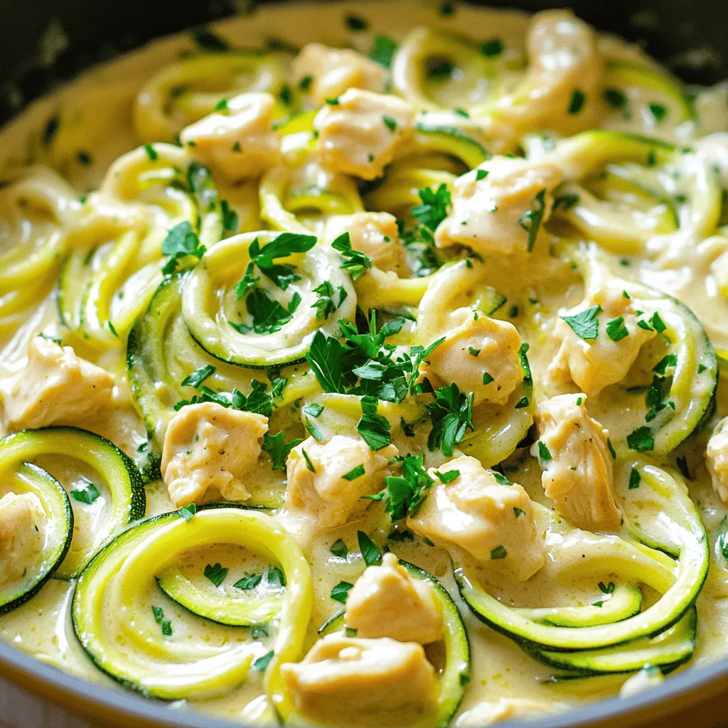 - 2 medium zucchinis, spiralized into noodles - 1 pound boneless, skinless chicken breasts, diced - 2 tablespoons olive oil - 3 cloves garlic, minced - 1 cup heavy cream (or coconut cream) - 1 cup grated Parmesan cheese - Salt and pepper, to taste - 1 teaspoon Italian seasoning - Fresh parsley, for garnish These ingredients create a simple yet tasty dish. Zucchini noodles add a fun twist to classic chicken Alfredo. They are low in calories and high in nutrients. Using fresh zucchini makes your meal light and healthy. The cream and cheese bring rich flavor and texture. - Calories per serving: About 450 calories - Key nutrients: - Protein: 35g - Fat: 30g - Carbs: 10g This dish offers a great balance of protein and healthy fats. It keeps you full without weighing you down. - Spiralizer - Large skillet - Mixing spoon Having the right tools makes cooking easier. A spiralizer turns zucchini into noodles quickly. A large skillet helps cook the chicken and sauce evenly. A mixing spoon helps combine the ingredients well. For the full recipe, check out the detailed instructions. Enjoy creating this delicious dish! To make zucchini noodles, you first need a spiralizer. Place a zucchini in the spiralizer. Turn the handle to create long, curly noodles. This process is fun and easy! Once you have your noodles, set them aside on a plate. This keeps them ready for cooking. Next, heat two tablespoons of olive oil in a large skillet over medium heat. Wait until the oil shimmers. This shows it is hot enough. Add one pound of diced chicken. Be sure to season it with salt, pepper, and Italian seasoning. This will give the chicken great flavor. Cook for about 6-8 minutes. You want the chicken to turn golden brown. Once done, remove it from the skillet and keep it warm on a plate. In the same skillet, add three cloves of minced garlic. Sauté for about one minute, just until it smells good. Then, pour in one cup of heavy cream. Stir continuously to prevent it from boiling. This gentle simmer helps the sauce develop its rich taste. Now it’s time to mix everything together. Gradually add one cup of grated Parmesan cheese into the sauce. Stir until it melts completely. Then, return the cooked chicken to the skillet. Add the zucchini noodles next. Toss everything gently for 2-3 minutes. This warms the noodles without making them mushy. It’s important not to overcook them, as you want them to stay slightly firm. Enjoy this vibrant dish! For the full recipe, check out the instructions in the main article. To make a creamy Alfredo sauce, start with the right ingredients. Heavy cream gives a rich texture. If you want a dairy-free option, use coconut cream instead. It adds creaminess while keeping the flavor smooth. To enhance the taste, mix in fresh garlic and a pinch of nutmeg. These are simple secrets to elevate the sauce. Cook zucchini noodles carefully. You want them tender but firm. Sauté them for only 2-3 minutes. This timing keeps them from becoming mushy. If you overcook them, they lose their shape and crunch. To help avoid this, you can also sprinkle a bit of salt on the noodles before cooking. Let them sit for a few minutes to draw out some moisture. Serving your dish well can make it more appealing. Use large bowls to show off the colorful ingredients. Drizzle extra sauce on top for a glossy finish. Sprinkle grated Parmesan cheese and fresh parsley for a pop of color. This not only looks good, but it also adds fresh flavor. A great presentation makes the meal feel special. For the full recipe, check the main part of this article. {{image_4}} You can swap chicken with shrimp or tofu. Shrimp cooks quickly and adds a nice flavor. Tofu is great for a plant-based option. Both proteins work well with the creamy sauce. Shrimp gives a light, ocean taste. Tofu absorbs flavors well and adds a chewy texture. Think about your taste and health goals when choosing a protein. You can enhance the sauce in many ways. Fresh herbs like basil or thyme add brightness. Try adding red pepper flakes for a kick. For a vegan version, use cashew cream or silken tofu. These options make a creamy sauce without dairy. Adjust the seasoning to match your preferred flavor profile. Experimenting with spices can lead to tasty discoveries. Adding more veggies boosts nutrition and flavor. Think about bell peppers, spinach, or mushrooms. These pair well with the zucchini and chicken. You can also serve your dish with a side salad. Cauliflower rice is another low-carb choice. It adds volume and keeps the meal light. Mixing these ideas gives you a fun twist on the classic recipe. Store your Zucchini Noodle Chicken Alfredo in an airtight container. This helps keep it fresh. Make sure it cools to room temperature before sealing. I like to use glass containers for easy reheating. If you use plastic, ensure it is BPA-free. Properly stored, it lasts up to three days in the fridge. To reheat, I recommend using a skillet over medium heat. This method keeps the texture nice. Add a splash of water or cream to help the sauce stay smooth. Stir often to avoid sticking. For zucchini noodles, heat for only a few minutes. This way, they stay firm and do not become mushy. Can you freeze Zucchini Noodle Chicken Alfredo? Yes, but it’s best to freeze the sauce and chicken separately from the zucchini noodles. For proper freezing, let everything cool completely. Use freezer-safe bags or containers. Label them with the date. When ready to eat, thaw in the fridge overnight and reheat on the stove. This keeps your meal tasty and fresh. Zucchini noodles, or "zoodles," are thin strips of zucchini. They look like pasta but are low in carbs. They are a great option for those who want a healthy meal. Zoodles add fiber and nutrients to your dish. They are light and can soak up flavors well, making them perfect for sauces. Plus, they cook quickly, which makes meal prep easy. You can make zucchini noodles even without a spiralizer! Use a vegetable peeler or a box grater. With a peeler, slice the zucchini into long ribbons. With a grater, rub the zucchini on the large holes to create thin strips. Both methods work well for making noodles. Just remember to keep them even for a nice cook! Yes, you can prepare this recipe in advance. Cook the chicken and make the sauce ahead of time. Store them in the fridge for up to three days. When you’re ready to eat, just warm them up. Then, add the zucchini noodles to the heated sauce. This way, they stay crisp and fresh. For a spicy kick, add red pepper flakes to the sauce. You can also use diced jalapeños or a dash of hot sauce. Mix these into the sauce while it simmers. Adjust the heat to your taste. These additions will give your Chicken Alfredo a nice zing! Absolutely! This recipe is great for meal prep. Cook everything in advance and store it in individual containers. Just be sure to keep the zucchini noodles separate until you’re ready to eat. This helps them stay firm. When it’s time to eat, combine and heat for a quick meal. Enjoy your delicious, homemade dish! For the complete steps, check the full recipe. This Zucchini Noodle Chicken Alfredo offers a tasty and healthy meal choice. We covered the key ingredients, nutritional info, and step-by-step cooking instructions. You learned helpful tips for perfecting the sauce and avoiding mushiness in zucchini noodles. Explore variations with different proteins and sauces to keep the dish fresh. Remember, proper storage will keep your leftovers delicious. This dish is great for meal prep, and you can even spice it up. Enjoy creating your flavorful and nutritious dinner tonight!