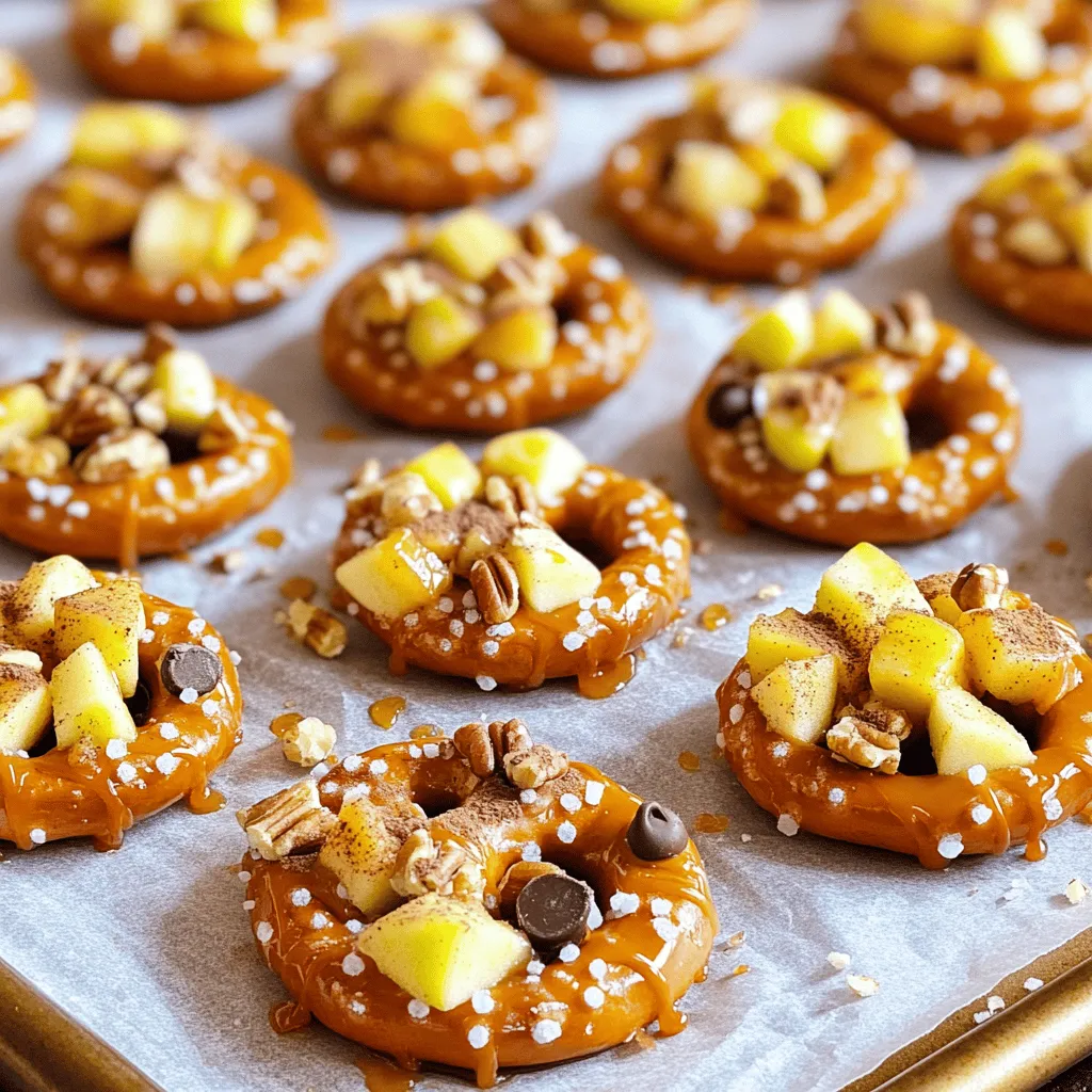 - 2 cups mini pretzels - 1 large tart apple, diced (such as Granny Smith) - 1 cup caramel sauce (store-bought or homemade) - 1/2 teaspoon ground cinnamon - 1/4 cup chopped nuts (pecans or walnuts preferred) - 1/4 cup chocolate chips (optional) - Sea salt for finishing When I make caramel apple pretzel bites, I focus on quality ingredients. The mini pretzels give a great crunch. You want a tart apple, like Granny Smith. It balances the sweet caramel well. Using homemade caramel sauce adds a personal touch. However, store-bought also works well if you are short on time. Ground cinnamon adds warmth and depth to the flavor. Chopped nuts bring a nice texture. Pecans or walnuts add a rich, nutty taste. If you want extra sweetness, chocolate chips are a fun option. Finally, a sprinkle of sea salt at the end enhances all the flavors. These ingredients come together for a delightful treat. They create a mix of sweet, salty, and crunchy. Just gather them, and you're ready to make a great snack! For the complete cooking instructions, check out the Full Recipe. 1. Preheat your oven to 350°F (175°C). Line a baking sheet with parchment paper. This helps the bites not stick. 2. In a bowl, toss the diced apple with ground cinnamon. Make sure each piece is covered well. Set this aside for a bit. 3. Arrange the mini pretzels in a single layer on your baking sheet. This helps them bake evenly. 1. Drizzle caramel sauce over each pretzel. Make sure to cover them well. Every bite deserves sweetness! 2. Add a spoonful of the cinnamon-coated apples on top of each pretzel. Let the apples sit nicely in the caramel. 3. If you want, sprinkle chopped nuts over the apples. This adds a nice crunch. You can also add chocolate chips for extra sweetness. 1. Place the baking sheet in the oven. Bake for 10-12 minutes. The pretzels should be warm, and the caramel bubbly. 2. Once out of the oven, sprinkle a pinch of sea salt on top. This brings out the sweet and salty flavors. Now, you have a delightful treat ready to enjoy! For the complete experience, check out the Full Recipe. To make your Caramel Apple Pretzel Bites shine, focus on even caramel distribution. Pour the caramel sauce slowly over each pretzel. This way, every bite will have that sweet taste. Use a spoon to help spread the caramel if needed. To avoid soggy pretzels, bake them right after topping. Don't let them sit too long. The longer they sit, the more moisture they soak up. Bake them until the caramel bubbles and the pretzels warm up. When serving these bites, use a fun platter. Arrange them in a circle or a line. For a nice touch, add apple slices around them. A light sprinkle of cinnamon on top can also make them look fancy. Pair these bites with warm cider or sweet tea. The flavors go well together and create a cozy vibe. For kids, consider serving with milk or hot chocolate. If you need nut-free options, skip the nuts. You can still enjoy the bites with just caramel and apples. For gluten-free pretzels, look for brands that use gluten-free ingredients. Many stores sell these now. This way, everyone can enjoy the treat without worry. You can find the full recipe to guide you through making these tasty bites! {{image_4}} You can switch up flavors to make these bites even more fun. Try adding other fruits like diced pears or bananas. These fruits add a sweet twist and boost the flavor. You can also use flavored caramel sauces. Look for options like sea salt caramel or chocolate caramel for a different taste. If you want to mix it up, try adding cheese toppings. A sprinkle of sharp cheddar can give a tasty twist. You can also incorporate spices other than cinnamon. Try nutmeg or even chili powder for a unique kick. This adds depth and makes your bites stand out. Making these bites smaller is fun for kids. Use cookie cutters to shape mini pretzels. They will love the little sizes and fun shapes. Involving kids in assembly makes it a family activity. Let them drizzle caramel or sprinkle nuts. This way, they learn and have fun! For the full recipe, check out the details above. To keep your caramel apple pretzel bites fresh, place them in an airtight container. You can use a glass or plastic container with a tight lid. Make sure they cool down before sealing. This will help prevent moisture build-up. Store them in the fridge for up to three days. To reheat, use an oven or air fryer. Preheat your oven to 350°F (175°C). Place the pretzel bites on a baking sheet. Heat for about 5-8 minutes until warm. This method keeps the pretzels crisp and the caramel gooey. Avoid using the microwave, as it can make them soggy. You can freeze these treats either before or after baking. If freezing before baking, arrange the pretzel bites on a tray. Freeze them for about an hour, then transfer to a freezer bag. To bake from frozen, add a few extra minutes to the cooking time. If freezing after baking, let them cool first. Use the same method as before for storing in a bag. When ready to eat, thaw them in the fridge overnight and reheat as mentioned. Caramel Apple Pretzel Bites can last about 2-3 days if stored right. Keep them in an airtight container at room temperature. Avoid putting them in the fridge, as the pretzels can get soggy. If you want to keep them longer, consider freezing them. Yes, you can prepare these bites ahead of time. Assemble the pretzel bites and cover them with plastic wrap. Store them in the fridge for up to a day. Just bake them right before serving for the best taste. For the best taste, use tart apples like Granny Smith. Their crispness and tanginess balance the sweetness of caramel. Other good options are Honeycrisp or Fuji apples if you prefer a bit more sweetness. Yes, you can make this recipe vegan. Use dairy-free caramel sauce and vegan chocolate chips. Many brands offer great plant-based options that work well in this recipe. Just check the labels for any animal products. Remember, making caramel apple pretzel bites is simple and fun. You blend sweet apples, salty pretzels, and smooth caramel. Follow the steps to bake them to perfection. Use tips to store your treats well. Don’t forget to try different flavors and make kid-friendly versions. Keep sharing your delicious creations with friends. With this recipe, you’ll enjoy a tasty snack perfect for gatherings! Enjoy every crunch and sweet bite you make. Your kitchen is now a treat-making zone!