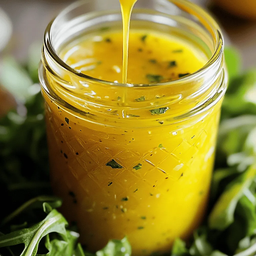 To make a delicious lemon vinaigrette, you need a few key items. Here’s what you’ll need: - 1/4 cup freshly squeezed lemon juice - 1/2 cup high-quality extra virgin olive oil - 1 tablespoon Dijon mustard - 1 tablespoon honey or pure maple syrup (to taste) - 1 small garlic clove, finely minced - Sea salt and freshly ground black pepper, to taste - 1 teaspoon finely chopped fresh herbs (such as parsley, basil, or chives) for garnish These ingredients work together to create a bright and zesty flavor. High-quality olive oil is very important. It adds richness and depth to your vinaigrette. Look for extra virgin olive oil. It has the best taste and is less processed. The oil should smell fresh and have a green color. This type of oil enhances the overall flavor of the dressing. Fresh herbs can take your vinaigrette to the next level. They add color and flavor. You can use herbs like parsley, basil, or chives. Just chop them finely before adding. This small step makes a big difference. It adds a fresh touch that brightens up any salad or dish. For the full recipe, check out the complete instructions. To start, gather your ingredients. You need lemon juice, Dijon mustard, honey, and garlic. I like to use fresh lemon juice for the best taste. In a small bowl, pour in 1/4 cup of lemon juice. Add 1 tablespoon of Dijon mustard, 1 tablespoon of honey, and 1 small minced garlic clove. Whisk these together until smooth. This mix forms the base of your vinaigrette. Next, it’s time to emulsify. While you whisk, slowly pour in 1/2 cup of extra virgin olive oil. Drizzle it in little by little. This step helps blend the oil with the other ingredients. Keep whisking until your dressing looks creamy and well-mixed. You want it to be smooth and uniform, not separated. Now, it’s time to add flavor. Sprinkle in a pinch of sea salt and some freshly ground black pepper. Taste your vinaigrette. If it needs more sweetness, add a bit more honey. For extra zing, squeeze in a little more lemon juice. Finally, fold in 1 teaspoon of chopped fresh herbs like parsley or basil. This adds a burst of flavor and a pop of color. You can find the Full Recipe to make this delicious dressing easily! To make a great lemon vinaigrette, focus on balance. The bright lemon juice needs to mix well with the oil. Use a 1:2 ratio of lemon juice to oil for best results. This blend keeps the dressing fresh without being too sour. Taste your dressing often as you mix. Adjust the flavors until they sing together. Sweetness helps balance the sourness of lemon. You can add honey or maple syrup to suit your taste. Start with the recommended tablespoon and add more if you like it sweeter. For more acidity, squeeze in extra lemon juice. This way, your vinaigrette can fit your dish perfectly. Remember, small changes can make a big difference. One common error is not whisking enough while adding oil. This can lead to a broken vinaigrette. Always whisk vigorously as you drizzle in the oil. Another mistake is using low-quality oil or lemon juice. High-quality ingredients make your dressing shine. Lastly, don’t skip seasoning. Salt and pepper bring all the flavors together. Keep these tips in mind, and your lemon vinaigrette will impress everyone. For the complete recipe, check out the Full Recipe section. {{image_4}} Lemon vinaigrette is a simple base that you can change to fit your taste. Here are some fun ways to switch it up. You can add fruits to your lemon vinaigrette for a sweet twist. Try mixing in fresh berries, like strawberries or blueberries. They add color and a slight sweetness. You can also chop apples or pears for a crunchy bite. Nuts like walnuts or almonds can give your dressing a nice texture. Toasted nuts add a warm flavor. Just chop them small before mixing them in. Fresh herbs can change the flavor of your lemon vinaigrette. You can use basil for a sweet note or cilantro for a fresh taste. Try mint for a refreshing kick. If you like a bolder flavor, add dill or tarragon. Mix and match herbs to find your favorite blend. The more herbs you use, the more flavor you get! While olive oil is tasty, you can try other oils too. Avocado oil gives a smooth texture and a light flavor. If you want a nutty taste, use sesame oil. For sweeteners, honey is great, but you can try agave or even fruit purees. Each option gives a different flavor that can change your dressing. Experimenting will help you discover new favorites. For the full recipe, check out the [Full Recipe]. To store your lemon vinaigrette, pour it into a clean jar with a tight lid. This keeps air out and helps the flavors stay fresh. You can also use a small bowl covered with plastic wrap. Refrigeration is best for keeping it tasty. Homemade lemon vinaigrette lasts about one week in the fridge. Always check the date when you make it. If you notice any changes in smell or color, it’s best to toss it. For longer storage, consider freezing it in small portions. Just thaw it in the fridge before use. Look for these signs to know if your dressing is bad: - Unpleasant or sour smell - Change in color or texture - Visible mold or separation If you see any of these signs, it's safer to throw it away. Enjoy your zesty lemon vinaigrette with peace of mind! For the full recipe, check the earlier section. Yes, you can make lemon vinaigrette ahead of time. It tastes even better after resting. I suggest making it a day in advance. This will let the flavors blend nicely. Store it in a jar with a lid. Keep it in the fridge until you’re ready to use it. Lemon vinaigrette is very versatile. It works great on salads, especially green salads. Drizzle it over roasted vegetables for a fresh kick. You can also use it on grilled chicken or fish. It adds a zesty touch that brightens the dish. Try it on grain bowls or pasta salads too! Adjusting lemon vinaigrette is simple. If you're vegan, use maple syrup instead of honey. For gluten-free diets, ensure your mustard is gluten-free. You can also change the type of oil. Use avocado oil for a different flavor. If you need it to be lower in calories, reduce the oil and add more lemon juice. This keeps the taste fresh and light. Lemon vinaigrette dressing enhances many dishes with fresh flavors. We discussed essential ingredients, like high-quality olive oil and fresh herbs. I provided step-by-step instructions to help you create the perfect blend. You learned to achieve the right flavor balance and customize it to your tastes. Remember to store your dressing correctly for the best taste. Now, you can enjoy delicious lemon vinaigrette in your meals. Happy cooking!