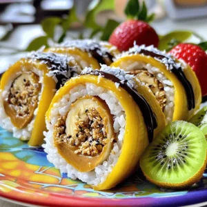 To make banana sushi, you'll need a few simple ingredients. Here’s the list: - Ripe bananas - Sushi rice (cooked and cooled) - Nut butter of choice - Sweetener (honey or maple syrup) - Shredded coconut - Granola or crushed nuts - Dark chocolate or chocolate drizzle - Sliced fruits for garnish These ingredients come together to create a fun and tasty treat. Each part adds flavor and texture. The ripe bananas provide a sweet base. The sushi rice adds a unique twist. Nut butter gives a creamy layer, while sweeteners boost the taste. Shredded coconut and granola add crunch. Finally, dark chocolate brings a rich finish. Feel free to mix and match with different ingredients. This way, you can customize your banana sushi to your liking. If you have a favorite nut butter or fruit, use it! Don't forget to check the Full Recipe for detailed instructions. First, cook the sushi rice. Follow the package instructions for the best results. Once the rice is ready, place it in a bowl. It needs to cool to room temperature. This step is key for the right texture. If it is too warm, it will not stick well. Next, take your ripe bananas. Gently peel each one. Cut each banana in half to create two equal pieces. This gives you four banana halves in total. Make sure to handle them carefully so they don’t break. Now, it’s time to assemble your banana sushi. Start by spreading almond butter on the flat side of each banana half. If you want extra sweetness, drizzle honey or maple syrup first. Then, take some cooled sushi rice and press it onto the nut butter. Make sure the rice sticks well. This will help keep everything together as you roll. Lay each banana half, rice side down, on a piece of plastic wrap. Roll it up tightly to form a sushi shape. Squeeze gently to secure the roll. Place it in the fridge for about 20 minutes to chill. This helps the sushi hold its shape. After chilling, unwrap the rolls and slice them into bite-sized pieces. Aim for about one inch thick. For a fun touch, sprinkle shredded coconut and granola on top. You can also drizzle dark chocolate for an extra treat. Enjoy your banana sushi! For a detailed list of ingredients, check the Full Recipe. To make banana sushi, the rice matters. Cook sushi rice until it’s soft but not mushy. Rinse it well before cooking to remove excess starch. This step helps keep the rice grains separate. Once cooked, let the rice cool to room temperature. This cooling gives the rice a nice, sticky texture, perfect for your banana sushi. If the rice feels too dry, mist it with a little water. This simple trick helps keep it moist. While almond butter works great, you can use other nut butters too. Peanut butter adds a rich taste that many love. Sunflower seed butter is perfect for nut-free diets. You can also try cashew or hazelnut butter. Want a fun twist? Use cookie butter for a sweet surprise! These alternatives let you mix flavors and make your banana sushi unique. Presentation makes food more exciting. Choose a colorful plate for your banana sushi. Add sliced fruits like kiwi and strawberries around the sushi for a lively look. A drizzle of chocolate sauce on top adds flair and sweetness. You can even sprinkle some extra coconut or nuts over the sushi for more crunch. Fun plates and bright colors make your dish pop, making it a hit at any gathering. For the full recipe, check out the details above! {{image_4}} You can make banana sushi even more fun by adding other fruits. Try using apples, pears, or mangoes. Slice these fruits thinly and add them to your sushi roll. You can also mix berries like blueberries or raspberries for a burst of flavor. These fruits add freshness and color to your banana sushi. Be creative and use what you love! Making banana sushi vegan is easy! Just swap out the nut butter for a plant-based spread. You can use sunflower seed butter or tahini. Sweeteners like maple syrup are already vegan, so feel free to add them. You can also skip the chocolate drizzle if you want a simpler treat. These options still taste amazing and keep the dish light. Spices can make your banana sushi pop with flavor! Try adding a dash of cinnamon or nutmeg to the nut butter. This adds warmth and a cozy feel. You can also sprinkle some chia seeds or flaxseeds for added nutrition. Experiment with flavors like cardamom or even a pinch of cayenne for a little kick. These small touches can make your banana sushi unique and exciting! For the full recipe, check out the Banana Sushi Delight section. To keep your banana sushi fresh, wrap each roll in plastic wrap. This helps prevent drying out. You can also place them in an airtight container for better storage. Make sure to lay them flat. This keeps them from losing shape. You can keep banana sushi in the fridge for up to two days. After that, it may lose its texture and flavor. Always check for any signs of spoilage before eating. Banana sushi is best enjoyed cold. If you want to warm it up, use a microwave. Heat for just a few seconds, so it doesn't get too soft. However, I recommend enjoying it fresh for the best taste. Banana sushi is a fun treat made with bananas and sushi rice. You spread nut butter on banana halves and add sushi rice on top. Then, you roll it up and slice it into pieces. It looks like sushi but tastes sweet and fruity. Kids love it! Yes, you can use different types of bananas. While ripe bananas work best for sweetness and texture, plantains are a good option too. Just remember to cook them to make them soft. This will help you roll them easily. Absolutely! This recipe is perfect for kids. They can help with spreading nut butter and rolling the sushi. It’s a fun way to get them involved in the kitchen. Plus, it’s a healthy snack that they will enjoy. Yes, you can make banana sushi ahead of time. After you slice it, store it in an airtight container. Keep it in the fridge. It tastes best when eaten within a day. This way, you can have a quick snack ready to go! Some great dipping sauces for banana sushi include honey or chocolate sauce. You can even try peanut butter or yogurt. These sauces add extra flavor and fun. Experiment to find your favorite! For the full recipe, check out the previous sections. Banana sushi is a fun and tasty treat you can make at home. We covered ingredients like ripe bananas, sushi rice, and nut butter. Then, I showed you how to cook, assemble, and chill your sushi rolls. You learned helpful tips for getting the texture just right and discovered fun variations with fruits and flavors. Lastly, we talked about how to store leftovers safely. Enjoy making this easy recipe anytime, and feel free to be creative with your fillings and toppings. Your new kitchen adventure awaits!