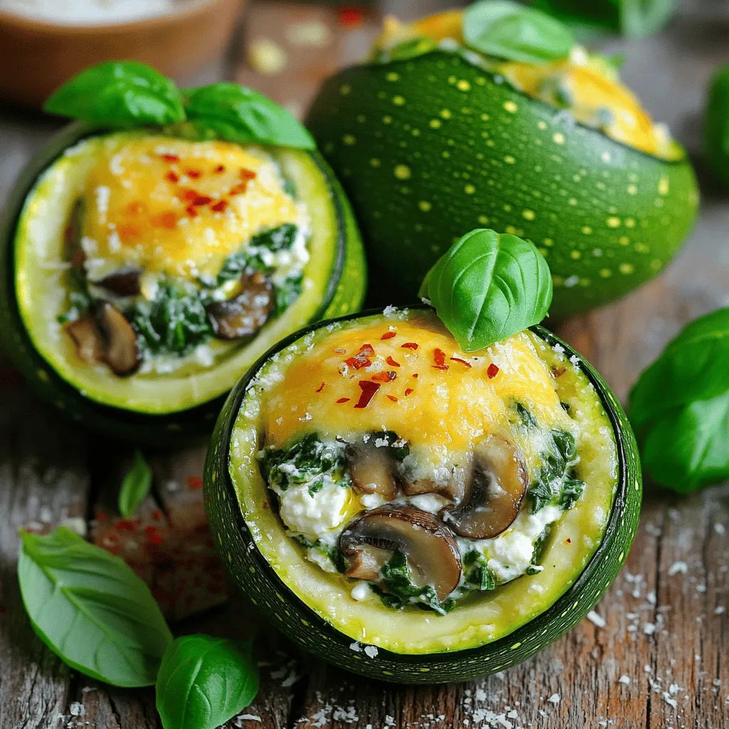 - Zucchini: 4 medium zucchinis - Spinach: 2 cups fresh, finely chopped - Mushrooms: 1 cup diced (button or cremini) - Ricotta Cheese: 1 cup creamy - Parmesan Cheese: 1/2 cup freshly grated - Garlic: 1 clove, minced - Seasonings: oregano, salt, black pepper, red pepper flakes - Olive Oil: 1 tablespoon extra virgin - Fresh Basil Leaves for garnishing When you make spinach, mushroom, and ricotta stuffed zucchini, you’ll want fresh, high-quality ingredients. Start with medium zucchinis, which are perfect for stuffing. Look for firm ones to hold their shape. Fresh spinach adds great color and flavor; it wilts down nicely in the pan. Choose button or cremini mushrooms for a rich taste. Creamy ricotta cheese binds the filling and gives it a lovely texture. For the extra kick, include grated Parmesan cheese. It adds depth and a savory touch. Don’t skip the garlic! Minced garlic gives a nice aroma and flavor. Seasonings like oregano, salt, black pepper, and red pepper flakes bring the dish to life. Finally, use high-quality extra virgin olive oil for cooking. It improves the taste and makes everything better. For a beautiful finish, add fresh basil leaves as a garnish. They not only look great but also add a fresh taste. You can find the full recipe in the article above. Enjoy your cooking adventure with these delicious ingredients! - Preheat the oven to 375°F (190°C). - Prepare the zucchinis by cutting and scooping. First, set your oven to 375°F (190°C). This helps cook the zucchini just right. Next, grab your zucchinis. Cut each one in half lengthwise. Using a small spoon, scoop out the inside. Be careful! You want to create boats. Save the scooped zucchini flesh; we will use it later. - Sauté garlic and cook the mushrooms. - Combine spinach and reserved zucchini flesh. In a large skillet, add olive oil and heat it on medium. Toss in the minced garlic. Sauté it for about 30 seconds until it smells great. Don't burn it! Now, add the diced mushrooms. Cook them for about 5 to 7 minutes until they turn golden brown. Next, stir in the reserved zucchini flesh and chopped spinach. Cook this mix for another 2 to 3 minutes. The spinach should wilt and turn bright green. - Mix cheese filling and fill zucchini boats. - Arrange in dish and bake for 25-30 minutes. Once your mix cools a bit, move it to a bowl. Add the ricotta cheese, grated Parmesan cheese, oregano, salt, black pepper, and red pepper flakes if you like some heat. Stir until it’s creamy and well-mixed. Now, fill each zucchini boat with this tasty mix. Pack it down a little to keep it together. Place the stuffed boats in a baking dish. Cover them loosely with foil to keep them moist while baking. Put the dish in the oven and bake for 25 to 30 minutes. In the last 10 minutes, remove the foil. This helps the tops get golden and crispy. Enjoy your Spinach, Mushroom, and Ricotta Stuffed Zucchini Delight! Check out the Full Recipe for more details. - How to ensure zucchini boats remain intact: When cutting the zucchinis, make clean, straight cuts. Scoop out the middle gently, leaving about a quarter-inch of flesh. This helps keep the shape strong. - Tips for achieving golden, crispy tops: For crispy tops, sprinkle some extra Parmesan cheese on top before baking. Remove the foil in the last 10 minutes of baking. This lets the heat brown the cheese nicely. - Suggested spices and herbs for added flavor: Fresh herbs like thyme or parsley can brighten the taste. Try adding a pinch of nutmeg for warmth. You can also use smoked paprika for a different twist. - Alternatives to ricotta cheese: If you want a lighter option, use cottage cheese instead. For a dairy-free choice, try silken tofu blended with a bit of lemon juice. - Presentation ideas for stuffed zucchini: Serve the stuffed zucchini on a bright platter. Add a drizzle of balsamic glaze on top for a nice look. Sprinkle with fresh herbs for added color. - Pairing options with side dishes or salads: This dish goes well with a crisp green salad or roasted vegetables. A light lemon vinaigrette can enhance the meal. For a heartier option, consider serving with quinoa or couscous. For the full recipe, please refer to the Spinach, Mushroom, and Ricotta Stuffed Zucchini Boats. {{image_4}} For those who need gluten-free options, you can simply ensure your cheese and spices are certified gluten-free. You can also use cornmeal as a binding agent if desired. This recipe is naturally gluten-free, as it focuses on fresh veggies and cheese. If you want to make it vegan, a great substitution for ricotta is blended tofu mixed with nutritional yeast. This gives you a creamy texture and cheesy flavor without dairy. You can also add a splash of lemon juice for brightness. You can switch out the zucchini for other veggies like eggplant or bell peppers. Eggplant offers a rich flavor, while bell peppers add a sweet crunch. Just make sure to adjust cooking times, as different vegetables will cook at different rates. If you're feeling adventurous, you can include additional fillings like roasted peppers or quinoa. Roasted peppers add a smoky taste, and quinoa boosts protein. Combine them into your filling for a fun twist. Adding spices can really change the dish's vibe. Italian herbs like basil and oregano bring warmth, while Mediterranean spices like cumin and paprika add a different flair. Consider what flavors you enjoy most. Incorporating nuts or seeds can give your dish a nice crunch. Pine nuts or sunflower seeds can add texture and depth. Just toast them lightly before adding for the best flavor. For the full recipe, check out the [Full Recipe] provided. You can store leftover stuffed zucchini in an airtight container. This keeps them fresh. Place them in the fridge right after they cool. They stay good for about three days. If you want to enjoy them later, make sure they are sealed tight. To freeze stuffed zucchini, start by wrapping each boat in plastic wrap. Place them in a freezer-safe bag or container. This method helps prevent freezer burn. When you want to eat them, take them out and let them thaw in the fridge overnight. For reheating, bake them in a preheated oven at 375°F (190°C) for 20-25 minutes. This way, you keep the flavor and texture. For busy weeknights, you can prepare the filling in advance. Store it in the fridge for up to two days. When you are ready, just fill the zucchini and bake. You can also batch cook stuffed zucchini. Make a large batch and freeze extras. This way, you have a quick meal ready whenever you need it. For the full recipe, check the section above. How long to bake stuffed zucchini for optimal texture? Bake the stuffed zucchini for 25 to 30 minutes. This time allows the flavors to meld and the zucchini to soften. For a perfect finish, uncover the dish in the last 10 minutes. This step helps the tops become golden and slightly crisp. Can I prepare the filling ahead of time? Yes, you can prepare the filling in advance. Store it in the fridge for up to 24 hours. Just make sure to fill the zucchini boats right before baking. This keeps them fresh and tasty. What can I use instead of ricotta? You can use cottage cheese or cream cheese as a substitute. Both will offer a creamy texture. If you want a vegan option, try silken tofu blended with a little lemon juice. It works well and tastes great. Alternatives for fresh spinach? If you don’t have fresh spinach, you can use frozen spinach. Just thaw and drain it well. Chopped kale is another good option. It adds a different flavor and holds up well in cooking. How many calories per serving? Each serving of stuffed zucchini has about 200 calories. This is a rough estimate and can vary based on the exact ingredients you use. Adjustments in cheese or oil will change the count. Is this dish healthy or low-carb? This dish is quite healthy! It has plenty of veggies and protein from the cheese. It is low in carbs, making it a good choice for many diets. The zucchini serves as a great low-carb base for the filling. Enjoy this dish as part of a balanced meal. For the full recipe, visit the section above. Stuffed zucchini is a simple, healthy dish with fresh ingredients. We explored the main ingredients like zucchini, spinach, and ricotta cheese. Then, I gave step-by-step cooking instructions and shared tips to boost flavor. You learned variations for dietary needs and creative serving ideas. This dish is not only tasty but also adaptable. Enjoy your cooking and share your creations. Remember, you can make it your own!
