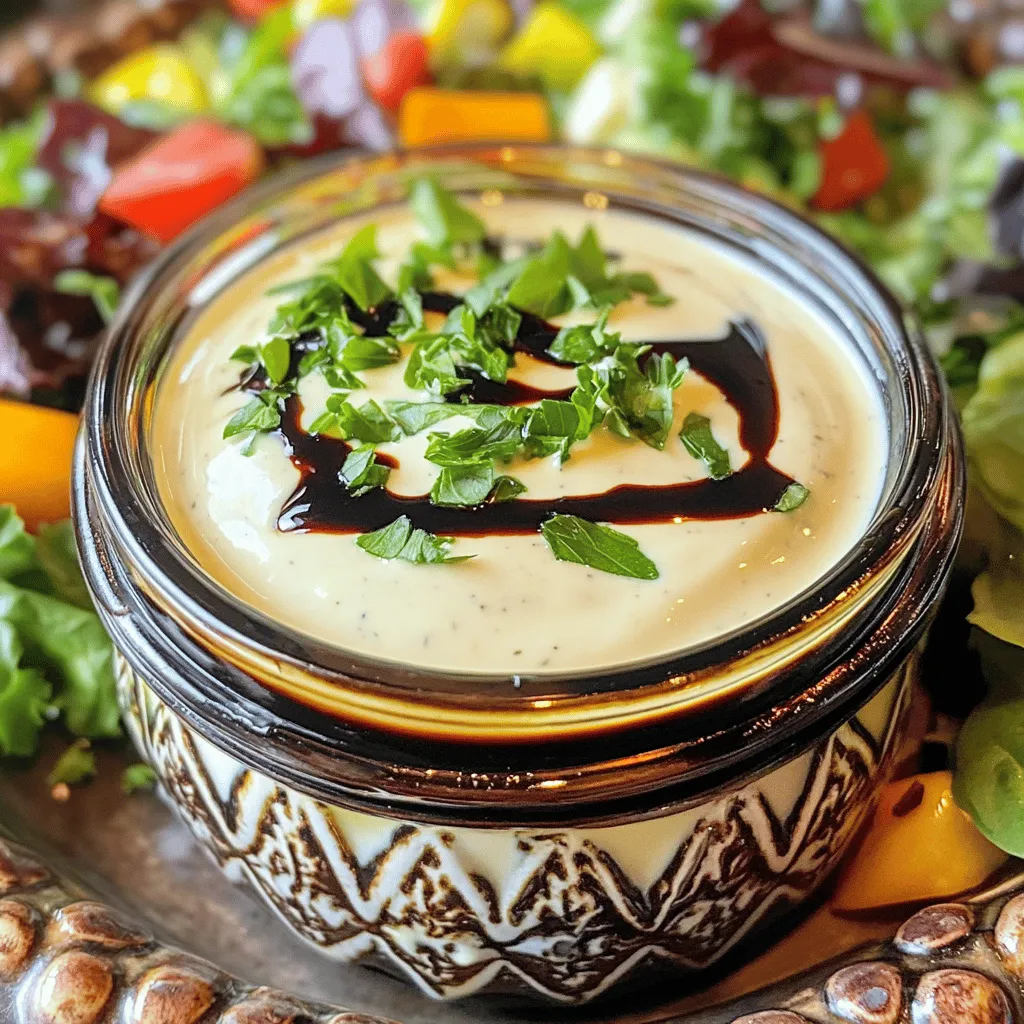 - 1/2 cup creamy Greek yogurt - 1/4 cup rich balsamic vinegar - 2 tablespoons smooth Dijon mustard - 1 tablespoon natural honey - 1 garlic clove, finely minced - 1/4 cup premium extra-virgin olive oil - Salt and freshly cracked black pepper to taste - Fresh herbs (such as vibrant basil or fragrant parsley), finely chopped (optional) In this recipe, creamy Greek yogurt is the star. It adds a rich texture and tangy flavor. The balsamic vinegar brings a sweet and tart taste that balances well with the yogurt. Dijon mustard adds a touch of spice, while honey rounds it off with sweetness. Minced garlic gives the vinaigrette a nice kick. Extra-virgin olive oil helps blend everything smoothly. Salt and black pepper season the dressing, making it even tastier. You can add fresh herbs like basil or parsley for an extra burst of flavor. Each ingredient plays a key role in creating a delicious, creamy balsamic vinaigrette. This dressing is not only easy to make, but it also elevates any salad. For the full recipe, check out the steps provided. 1. Start by placing 1/2 cup creamy Greek yogurt in a mixing bowl. This yogurt gives a rich texture. 2. Add 1/4 cup rich balsamic vinegar, 2 tablespoons smooth Dijon mustard, 1 tablespoon natural honey, and 1 finely minced garlic clove. 3. Use a whisk to mix until smooth and creamy. Enjoy the fresh aroma! 4. While you whisk, slowly drizzle in 1/4 cup premium extra-virgin olive oil. This helps create a thick, creamy emulsion. Keep whisking until it’s fully combined. 5. Season with salt and freshly cracked black pepper to taste. 6. If you want, gently fold in finely chopped fresh herbs like basil or parsley. This adds freshness. 7. Taste your vinaigrette. If you want it sweeter, add more honey. For tang, add more balsamic vinegar. - Balancing sweetness and acidity: Adjust the honey and vinegar levels to find your perfect taste. - Recommended whisking techniques: Whisk vigorously to blend well and achieve a smooth texture. A steady hand helps! For the complete recipe and additional tips, check out the Full Recipe. To keep your creamy balsamic vinaigrette fresh, store it in an airtight container. A jar works great for this. It helps keep air out, which can spoil the flavor. Always make sure the lid is tight. In the fridge, this vinaigrette lasts about one week. If you notice any changes in smell or color, it’s best to toss it out. Always give it a good shake before using. This ensures the flavors mix well again. When serving your creamy balsamic vinaigrette, think about how it looks. Use a decorative bottle or a small jar for an appealing touch. This makes it feel special, even at home. Drizzle the vinaigrette over fresh salads. It pairs well with mixed greens, tomatoes, and cucumbers. For a pop of color, add some sliced red onions or bell peppers. Just before serving, add a little extra vinaigrette on top for flair. This makes the dish look even more inviting. For more details, check the Full Recipe. {{image_4}} You can make your creamy balsamic vinaigrette unique. Try adding different herbs or spices. Fresh thyme or dill can bring a new flavor. You can also add a pinch of red pepper flakes for some heat. Experimenting with sweeteners can change the taste too. If you want less sugar, try maple syrup or agave nectar. You can even use stevia for a sugar-free option. Each choice can change the flavor profile of your dressing. Creamy balsamic vinaigrette works well with many dishes. It’s perfect for salads with mixed greens, cherry tomatoes, and cucumbers. You can also drizzle it over roasted veggies for extra flavor. If you want a quick lunch, use it in wraps or sandwiches instead of mayonnaise. It adds creaminess and a tangy taste. Pair it with turkey, chicken, or fresh vegetables for a tasty meal. You can find the full recipe above to make this delicious dressing. In each serving of creamy balsamic vinaigrette, you get about 100 calories. Here’s the macro breakdown: - Fat: 9 grams - Carbohydrates: 5 grams - Protein: 3 grams This vinaigrette packs a healthy punch. The creamy Greek yogurt gives you protein and calcium. Balsamic vinegar adds flavor with very few calories. It also has antioxidants that help your body fight free radicals. Honey provides natural sweetness and energy. Garlic adds taste and has health benefits too, like boosting your immune system. This creamy balsamic vinaigrette is gluten-free and vegetarian. You can enjoy it without worry, whether you follow these diets. If you want to make it dairy-free, try using a plant-based yogurt. It will still taste great! To lower sugar, you can skip the honey or use a sugar substitute. Customizing this recipe makes it fit your needs while keeping it delicious. For more ideas, check out the Full Recipe and enjoy your tasty creation! How to make creamy balsamic vinaigrette thicker? To thicken your vinaigrette, add more Greek yogurt. Start with a tablespoon at a time. Whisk it in well and check the texture after each addition. Another option is to reduce the balsamic vinegar in a small pot until it thickens slightly. This adds flavor and richness. Can I substitute Greek yogurt with another ingredient? Yes, you can use sour cream or buttermilk. Both will give a creamy texture. For a dairy-free option, try silken tofu blended until smooth. This will keep the creaminess without dairy. How long can I keep creamy balsamic vinaigrette in the fridge? You can store this vinaigrette in the fridge for up to one week. Keep it in an airtight container or jar. Always shake or stir it before using, as ingredients may separate over time. What is the best way to use balsamic vinaigrette? Balsamic vinaigrette works well on salads, grilled vegetables, and roasted meats. Drizzle it over your favorite greens or use it as a dip for fresh bread. You can also add it to pasta dishes for a burst of flavor. Can I use this vinaigrette for marinating? Absolutely! This vinaigrette makes a great marinade for chicken, beef, or veggies. The yogurt helps to tenderize meat while adding flavor. Just coat your protein or veggies and let them marinate for at least 30 minutes before cooking. For the full recipe, check out the detailed instructions above. In this blog post, we explored how to make a creamy balsamic vinaigrette from scratch. We covered key ingredients, preparation steps, and tips for perfecting the flavor. You learned about storage, presentation ideas, and variations to suit your taste. Remember, this vinaigrette is not just for salads; it can enhance wraps and sandwiches too. With its simple ingredients and health benefits, you can enjoy a tasty and nutritious dressing. Try it out and make it your own!