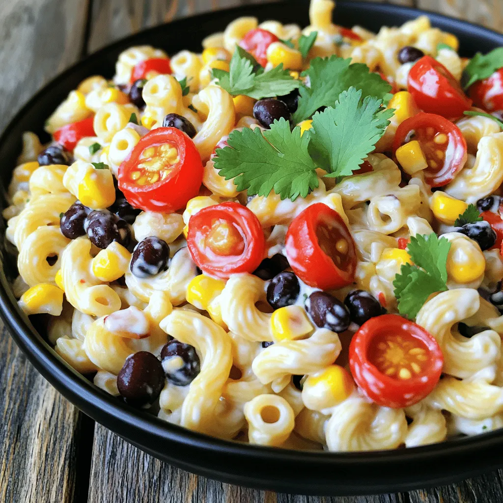 To make Southwest Chipotle Pasta Salad, you need these key ingredients: - 8 oz elbow macaroni - 1 can (15 oz) black beans, rinsed and drained - 1 cup corn kernels (fresh, frozen, or canned) - 1 red bell pepper, finely diced - 2 green onions, finely chopped - 1/2 cup cherry tomatoes, halved - 1/4 cup fresh cilantro, chopped - 1/2 cup mayonnaise - 2 tablespoons sour cream - 1 tablespoon chipotle in adobo sauce (adjust based on desired spice level) - 1 tablespoon fresh lime juice - 1 teaspoon garlic powder - 1 teaspoon ground cumin - Salt and freshly ground black pepper to taste For freshness, you can swap ingredients. Use whole wheat pasta for a healthier option. If you don't have black beans, try kidney beans or chickpeas. Fresh lime juice brightens the salad. If you lack fresh cilantro, use parsley as a substitute. Always rinse canned beans to remove excess sodium. To enhance your salad's look and taste, consider these garnishes: - Extra chopped cilantro for a fresh touch - Lime wedges for added zest - Crumbled tortilla chips for crunch - Sliced avocado for creaminess These toppings add flavor and texture. They make your salad pop with color, too. You can mix and match based on what you have. Each garnish will give your Southwest Chipotle Pasta Salad a unique twist. To start, boil a large pot of salted water. This helps add flavor to the pasta. Once the water is boiling, add 8 oz of elbow macaroni. Cook it until it is al dente, which means it should still have a slight bite. This usually takes about 7 to 9 minutes. After cooking, drain the macaroni in a colander. Rinsing it under cold water stops the cooking and cools it down. This step is key to avoid mushy pasta in your salad. In a big mixing bowl, combine the cooled macaroni with the other salad ingredients. Add 1 can of black beans, 1 cup of corn, and 1 finely diced red bell pepper. Toss in 2 chopped green onions, 1/2 cup of halved cherry tomatoes, and 1/4 cup of chopped cilantro. Mix everything well to ensure even distribution of flavors. This will create a colorful and tasty salad base. Now, let’s make the creamy dressing. In a separate bowl, whisk together 1/2 cup of mayonnaise and 2 tablespoons of sour cream. Add 1 tablespoon of chipotle in adobo sauce for that smoky kick. If you like it spicy, feel free to add more. Next, mix in 1 tablespoon of fresh lime juice, 1 teaspoon of garlic powder, and 1 teaspoon of ground cumin. Season with salt and pepper to taste. Whisk until it is smooth and well combined. Drizzle the dressing over the pasta salad mix. Gently fold the ingredients together. Make sure the pasta and veggies are coated with the creamy dressing. Taste the salad and adjust the seasoning if needed. Cover the bowl with plastic wrap or a lid. Refrigerate the salad for at least 30 minutes. Chilling is crucial because it allows the flavors to meld together. When you serve it, it will taste even better. For a special touch, garnish with extra cilantro before enjoying this flavorful dish. Serve the Southwest Chipotle Pasta Salad chilled or at room temp. This salad shines when it’s fresh. Use a bright, colorful platter for a fun look. Add lime wedges and more cilantro on top for flair. Pair this salad with grilled chicken or fish for a complete meal. A side of tortilla chips adds crunch and fun. You can boost the flavor with extra spices or herbs. Try adding cumin or chili powder for more warmth. If you want more heat, add some diced jalapeños. For a milder version, reduce the chipotle sauce. Fresh herbs like parsley or dill can also brighten the dish. Making this salad a day ahead can save time. Just prepare it and let it chill overnight. This helps the flavors mix well. To keep the pasta from getting mushy, avoid overcooking it. Rinse it well after cooking to cool it down. Store it in an airtight container to keep it fresh. For the best taste, enjoy it within three days. For the full recipe, check out the complete instructions above. {{image_4}} You can easily change some ingredients in this dish. For beans, use pinto or kidney beans if you like. They add a nice texture and flavor. For veggies, try adding diced cucumber or shredded carrots. These will give a refreshing crunch. If you want a different taste, swap the elbow macaroni for penne or fusilli. These shapes hold the dressing well and make the salad fun. Want to make it vegan? You can use vegan mayo and sour cream. This way, you keep the creaminess without dairy. For a gluten-free option, choose gluten-free pasta. There are many great brands now. If you want a low-calorie version, use less mayonnaise and more lime juice. This adds flavor without the calories. No matter your diet, you can make this salad work for you! To keep your Southwest Chipotle Pasta Salad fresh, follow these steps. First, place the salad in an airtight container. This will help retain moisture and flavor. I recommend using glass or BPA-free plastic containers. They are safe and easy to clean. Avoid leaving the salad out at room temperature for more than two hours. This keeps harmful bacteria away. When stored properly, your salad can last up to five days in the fridge. Keep an eye on its appearance and smell. Signs that the salad has gone bad include a sour odor or a change in color. If the pasta feels slimy, it’s time to toss it. Always trust your senses when deciding if food is safe to eat. Enjoy your salad while it’s fresh for the best taste! Yes, you can make this salad up to a day in advance. This helps the flavors mix well. Just store it in the fridge in an airtight container. Before you serve it, give it a good stir. If needed, add a bit more lime juice or seasoning. To add more heat, try these tips: - Use more chipotle in adobo sauce. Start with one more tablespoon. - Add fresh jalapeños or diced serrano peppers. Adjust to your taste. - Sprinkle in some cayenne pepper or red pepper flakes. Just a pinch can do wonders. This pasta salad pairs well with many dishes: - Grilled chicken or shrimp adds protein. - Serve it with tortilla chips for crunch. - A side of fresh guacamole or salsa is a great choice. - For drinks, try a cold limeade or iced tea. Yes, this recipe can be healthy! Here are some details: - Each serving has protein from black beans. - It includes fresh veggies like bell peppers and tomatoes. - You can reduce calories by using light mayonnaise. - The fiber from beans and corn supports digestion. Enjoy it as part of a balanced meal! In this blog post, we explored how to make a delicious Southwest Chipotle Pasta Salad. We covered required ingredients, optional garnishes, and step-by-step cooking instructions. I shared tips for serving and storing leftovers to keep your salad fresh. Remember, you can adjust flavors and customize for any dietary needs. This dish is not just tasty; it also allows for creativity in the kitchen. Enjoy making this easy, flavorful salad, and don’t hesitate to experiment with your own twists. Happy cooking!