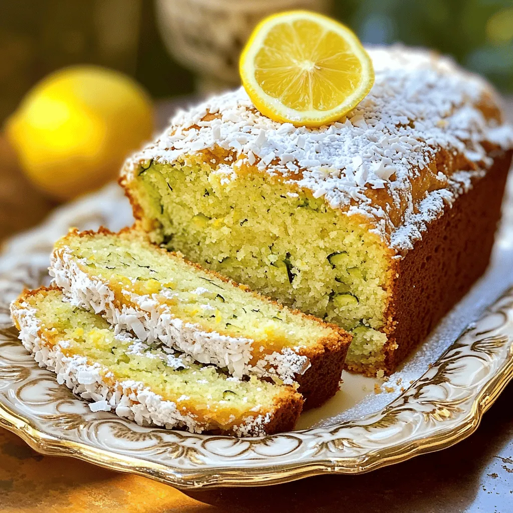 To make this tasty lemon coconut zucchini cake, gather the following ingredients: - 1 medium zucchini, grated (approximately 1 cup) - 1 cup all-purpose flour - 1/2 cup shredded unsweetened coconut - 1/2 cup granulated sugar - 1/4 cup brown sugar, packed - 1/2 cup unsalted butter, softened to room temperature - 2 large eggs - 1/4 cup freshly squeezed lemon juice - Zest of 1 lemon - 1 teaspoon baking powder - 1/2 teaspoon baking soda - 1/4 teaspoon salt - 1 teaspoon vanilla extract - Optional: 1/2 cup chopped walnuts or pecans for added crunch and texture You can easily swap some ingredients if needed. Here are a few suggestions: - Use whole wheat flour instead of all-purpose flour for extra fiber. - Replace unsweetened coconut with sweetened coconut for a richer flavor. - Substitute olive oil for unsalted butter to make it dairy-free. - Use flax eggs (1 tablespoon flaxseed meal + 2.5 tablespoons water) instead of regular eggs for a vegan option. - You can also try lime juice and lime zest for a fun twist on flavor. Using fresh ingredients makes a big difference. Here’s how to ensure quality: - Choose firm zucchini without soft spots. It should feel heavy for its size. - Pick lemons that are bright and smooth. They should feel heavy, too. - Use fresh eggs, as they help the cake rise and taste better. - Check the dates on your baking powder and baking soda. Fresh leavening agents make a lighter cake. With these tips and substitutions, you can create a delightful and tasty lemon coconut zucchini cake that suits your needs. For the full recipe, check the details above! Start by preheating your oven to 350°F (175°C). Grease a 9x5 inch loaf pan or line it with parchment paper. This helps the cake come out easily later. In a large bowl, use an electric mixer to cream the softened butter, granulated sugar, and brown sugar. Mix on medium speed for 2-3 minutes until it looks light and fluffy. Next, add the eggs one at a time. Mix well after each egg. Then, stir in the freshly squeezed lemon juice, lemon zest, and vanilla extract. Make sure everything is combined. In another bowl, mix the flour, shredded coconut, baking powder, baking soda, and salt. Whisk these dry ingredients together thoroughly to avoid clumps. Gradually add the dry mix to the wet mix. Stir gently until just combined. Be careful not to over-mix, or your cake may turn out dense. Now, fold in the grated zucchini and chopped nuts if you want some crunch. Use a rubber spatula for this to keep the batter light. Pour the batter into your prepared loaf pan. Smooth out the top with a spatula to ensure it bakes evenly. Place it in the oven and bake for 45-55 minutes. To check if it's done, insert a toothpick into the center. If it comes out clean, your cake is ready. Watch the cake closely as it bakes. Oven temperatures can vary, so keep an eye on it. This will help you avoid over-baking or under-baking. Once the cake is baked, take it out of the oven. Let it cool in the pan for about 10 minutes. This helps it set up a bit. After that, gently transfer it to a wire rack to cool completely. For serving, slice the cake into thick pieces. Arrange them on a decorative plate for a lovely display. You can garnish each slice with a sprinkle of shredded coconut and a thin slice of lemon. A light dusting of powdered sugar adds a nice finish too. Enjoy your tasty lemon coconut zucchini cake! For the full recipe, check here: [Full Recipe]. When baking your lemon coconut zucchini cake, watch out for a few common mistakes: - Overmixing: This can make the cake tough. Mix just until combined. - Incorrect oven temperature: Always preheat your oven. An oven thermometer helps. - Not measuring ingredients: Use precise measurements for best results. To get the right texture in your cake, consider these steps: - Grate zucchini finely: This helps it blend well into the batter. - Cream butter and sugars well: Aim for a light, fluffy mixture before adding eggs. - Let the batter rest: Give it a few minutes before baking. It helps flavors meld. You can boost the flavor of your cake with these tips: - Add more lemon zest: It gives a brighter, fresher taste. - Use fresh lemon juice: Fresh juice has more flavor than bottled. - Include nuts: Walnuts or pecans add crunch and depth to the cake. For the full recipe, check the main article. {{image_4}} You can make this cake gluten-free. Use a gluten-free flour mix instead of all-purpose flour. Many brands work well in baking. Check the mix for a good texture. This makes the cake just as moist and delicious. To make this cake dairy-free, swap the butter for a dairy-free spread. You can use coconut oil or vegan butter. Both options add a nice flavor. Replace the eggs with flax eggs or applesauce. This keeps the cake moist and fluffy. You can play with flavors in this cake. Try adding spices like cinnamon or nutmeg for warmth. Chopped pineapple or mango can bring a tropical twist. You could also mix in chocolate chips for a rich treat. Each variation adds a new taste to enjoy. To keep your lemon coconut zucchini cake fresh, wrap it tightly in plastic wrap. Place it in an airtight container to protect it from air and moisture. Store it in the fridge if you want it to last longer. The cool temperature helps maintain its flavor and texture. You can freeze your cake for later enjoyment. First, let it cool completely. Then, wrap it in plastic wrap. Place it in a freezer-safe container or bag. It can stay in the freezer for up to three months. When you want to eat it, thaw it in the fridge overnight. When stored correctly, the cake lasts about a week in the fridge. Check for any signs of mold or off smells before eating. If you see any, it’s best to toss it. For optimal taste, enjoy it fresh within the first few days. This way, you get the best lemon and coconut flavors. No, you cannot taste the zucchini. Zucchini adds moisture and texture. It blends well with lemon and coconut flavors. The cake stays light and fluffy, making it a treat for everyone. You can check if the cake is done by using a toothpick. Insert it into the center of the cake. If it comes out clean, the cake is ready. You can also press gently on the top. If it springs back, it is done. Yes, you can use lemon extract instead of lemon juice. Use less extract, about half of what the recipe calls for. Extract is stronger than juice. Adjust the taste by adding a bit more if needed. For the full recipe, check out the delightful Lemon Coconut Zucchini Cake section. It has all the ingredients and steps you need to make this yummy cake! You learned about key ingredients for a tasty lemon coconut zucchini cake. We covered ingredient swaps and tips for fresh items. I shared step-by-step instructions for prep, baking, and serving. Mistakes to avoid and how to get the best texture were discussed. You also explored gluten-free and dairy-free options, plus storage tips. Remember, good baking is all about fun and flavor. Use these tips to create a delightful cake that everyone will enjoy!