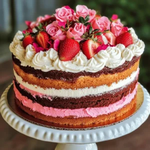 You need some key ingredients to make a great Neapolitan Rose Cake. Here’s what you will need: - 2 cups all-purpose flour - 1 ½ cups granulated sugar - ½ cup unsalted butter, softened - 1 cup whole milk - 3 large eggs, at room temperature - 2 teaspoons baking powder - 1 teaspoon pure vanilla extract - 1 cup strawberry puree - 1 cup chocolate syrup - 1 cup whipped cream Each ingredient plays a big role in flavor and texture. The all-purpose flour gives structure. Sugar adds sweetness. Butter keeps the cake moist. Milk makes it tender. Eggs help with rising. Baking powder helps the cake rise well. Vanilla adds warmth. Strawberry puree brings a fruity taste, and chocolate syrup gives richness. For decoration, you can use edible rose petals. They add beauty and a hint of flavor. Fresh strawberries also look nice on top. For a twist, try using whipped cream alternatives like mascarpone or Greek yogurt. You can swap chocolate syrup for caramel sauce for a different taste. Both options add a special touch to your cake. Remember, the right ingredients make all the difference. Use fresh, high-quality items for the best flavor. For the full recipe, check the section above. 1. Start by preheating your oven to 350°F (175°C). 2. Grease the insides of two 9-inch round cake pans with softened butter. 3. Dust the pans with flour to stop the cake from sticking. 4. In a large bowl, cream together the softened butter and granulated sugar. 5. Mix for about 3-4 minutes until it is light and fluffy. 6. Crack the eggs into a separate bowl. Add them one at a time to the mixture. 7. Mix in the pure vanilla extract until everything is well combined. 8. In another bowl, whisk the all-purpose flour and baking powder together. 9. Gradually add this dry mix to the wet ingredients, alternating with the milk. 10. Begin and end with the flour mixture. Mix gently until just combined. 11. Once the batter is ready, divide it into three equal parts. 12. Fold in the strawberry puree to one part for a fruity layer. 13. Mix the chocolate syrup into another part for a chocolate layer. 14. Leave the third part plain for the vanilla layer. 15. Carefully pour each batter into the prepared pans. 16. Layer them as vanilla, chocolate, and then strawberry. 1. Place the cake pans in the preheated oven. 2. Bake for 25-30 minutes. 3. Check for doneness by inserting a toothpick into the center; it should come out clean. 4. Once baked, let the cakes cool in the pans for 10 minutes. 5. Carefully transfer them to wire racks to cool completely. 6. Use a spatula to help lift the cakes if needed, to avoid breaking. 1. Once the cakes have cooled, start layering them. 2. Place a layer of whipped cream between each cake layer. 3. Stack the vanilla layer on top of the chocolate, then add the strawberry layer. 4. Frost the top and sides of the cake with whipped cream. 5. For a beautiful finish, spread the cream evenly. 6. For decoration, top the cake with halved fresh strawberries. 7. Scatter edible rose petals around for an elegant touch. For the full recipe, check out the complete details above. Enjoy your delightful Neapolitan Rose Cake! - How to ensure a moist cake Use room-temperature ingredients. This helps the cake mix well and stay moist. Add extra liquid, like milk or yogurt, to the batter. This keeps it tender. - Avoiding common baking mistakes Always preheat your oven. This ensures your cake bakes evenly. Don’t overmix the batter. Stir just until combined to keep it light. - Best practices for even baking Use light-colored pans. Dark pans absorb more heat and can burn the cake. Rotate your cakes halfway through baking for even cooking. - Techniques for smooth frosting Start with a crumb coat. This is a thin layer that traps crumbs. Chill the cake for 30 minutes, then add a thicker layer of frosting. This gives a clean finish. - How to make your rose design stand out Use a piping bag with a rose tip. Start from the center and swirl outward. Practice on parchment paper first to build your skill. - Timing for decorating to ensure freshness Decorate your cake on the day you serve it. If you need to prep ahead, keep the cake covered in the fridge. Add fresh fruit and petals just before serving for a vibrant look. {{image_4}} You can change the flavor of your Neapolitan Rose Cake easily. Here are some fun ideas: - Adjusting flavors using different fruit purees: Try using mango or raspberry puree instead of strawberry. Each fruit gives a unique taste and color. - Using flavored syrups for additional taste: Choose flavored syrups like almond or coconut. Adding these syrups can enhance the flavor of your cake layers. - Creating a gluten-free version: Substitute all-purpose flour with gluten-free flour blends. This way, everyone can enjoy the cake! How you present this cake can be just as fun as making it. Here are some creative ways: - Creative ways to layer and display the cake: Stack the cake layers in a different order. For example, try strawberry on top, then chocolate, and lastly vanilla. - Alternatives for serving sizes and shapes: Instead of round layers, bake the cake in a square or heart-shaped pan. You can also make mini-cakes for individual servings. - Seasonal decoration ideas: Use seasonal fruits or flowers for decoration. In spring, try fresh berries and edible flowers. In fall, use pumpkin or spice themes. For more details on making this cake, check the Full Recipe. To keep your Neapolitan Rose Cake fresh, store it in the fridge. Use an airtight container to seal in moisture. This cake stays good for about 3 to 5 days in the fridge. If left at room temperature, it can last only about 1 day. Keep it covered to avoid drying out. If you want to save the cake for later, freezing works great. Wrap each layer tightly in plastic wrap. Then, place them in a freezer-safe bag. This method keeps the cake fresh for up to 3 months. When you are ready to eat, thaw the layers in the fridge overnight. This helps to preserve the taste and texture. Enjoy your cake just like fresh! To make a Neapolitan Rose Cake, first gather your ingredients. You need flour, sugar, butter, milk, eggs, baking powder, vanilla, strawberry puree, chocolate syrup, and whipped cream. Start by preheating your oven to 350°F (175°C). Grease and flour your cake pans. Cream the butter and sugar until fluffy. Add eggs one by one, mixing well. Then, add vanilla. In another bowl, mix flour and baking powder. Alternate adding this dry mix with milk to the wet mix. Now, divide the batter into three parts. Mix in the strawberry puree for one part, chocolate syrup for another, and leave the last part plain. Pour each batter into the pans. Bake for 25-30 minutes until done. After cooling, layer the cakes with whipped cream in between. Frost the whole cake with more whipped cream. Decorate with strawberries and rose petals for a beautiful finish. Yes, you can substitute some ingredients. For instance, you can use almond flour instead of regular flour. You could also swap the whole milk for almond milk or oat milk. If you want less sugar, consider using a sugar substitute. For the whipped cream, you could use coconut cream. Each substitution might change the flavor or texture slightly. Always test to see what works best for you. You can find Neapolitan Rose Cakes in many bakeries. Look for local shops that specialize in cakes or desserts. If you prefer online options, check out popular food delivery sites. Some bakeries offer shipping for their cakes. You might also find recipes to try making your own. To decorate your Neapolitan Rose Cake, start with a smooth layer of whipped cream on the sides and top. Use a spatula to create swirls or peaks for texture. For an elegant look, place halved strawberries on top. Scatter edible rose petals around the cake for a pop of color. Drizzle some chocolate syrup around the plate for a fancy touch. This will make your cake look stunning and inviting! In this blog post, we explored the art of making a Neapolitan Rose Cake. We covered key ingredients, preparation steps, baking tips, and decoration methods. Each element plays a vital role, from the cake's flavor to its stunning look. Remember to store your cake properly to maintain its appeal. With a bit of practice, you will create a cake that impresses everyone. Enjoy the process, and let your creativity shine through every step!