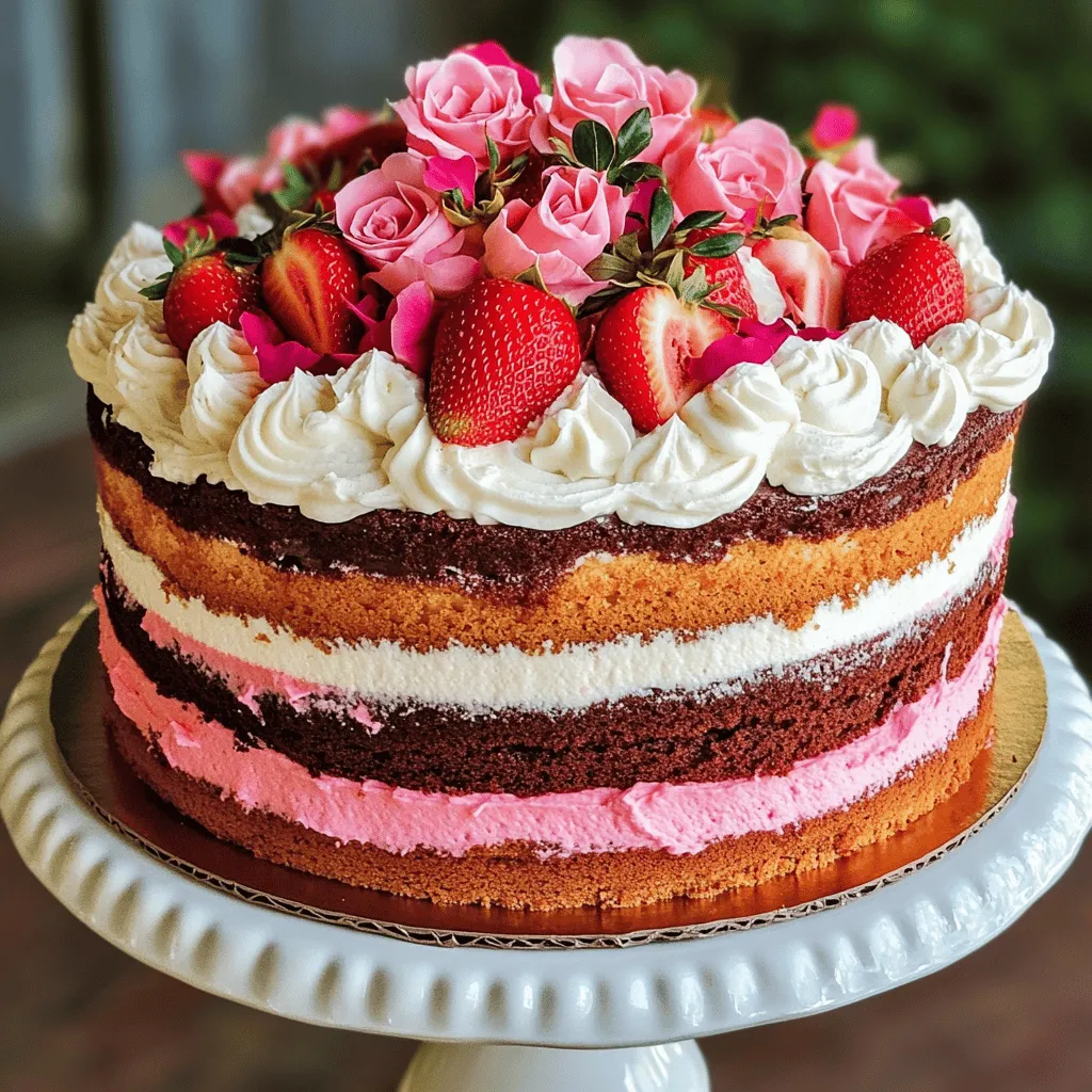You need some key ingredients to make a great Neapolitan Rose Cake. Here’s what you will need: - 2 cups all-purpose flour - 1 ½ cups granulated sugar - ½ cup unsalted butter, softened - 1 cup whole milk - 3 large eggs, at room temperature - 2 teaspoons baking powder - 1 teaspoon pure vanilla extract - 1 cup strawberry puree - 1 cup chocolate syrup - 1 cup whipped cream Each ingredient plays a big role in flavor and texture. The all-purpose flour gives structure. Sugar adds sweetness. Butter keeps the cake moist. Milk makes it tender. Eggs help with rising. Baking powder helps the cake rise well. Vanilla adds warmth. Strawberry puree brings a fruity taste, and chocolate syrup gives richness. For decoration, you can use edible rose petals. They add beauty and a hint of flavor. Fresh strawberries also look nice on top. For a twist, try using whipped cream alternatives like mascarpone or Greek yogurt. You can swap chocolate syrup for caramel sauce for a different taste. Both options add a special touch to your cake. Remember, the right ingredients make all the difference. Use fresh, high-quality items for the best flavor. For the full recipe, check the section above. 1. Start by preheating your oven to 350°F (175°C). 2. Grease the insides of two 9-inch round cake pans with softened butter. 3. Dust the pans with flour to stop the cake from sticking. 4. In a large bowl, cream together the softened butter and granulated sugar. 5. Mix for about 3-4 minutes until it is light and fluffy. 6. Crack the eggs into a separate bowl. Add them one at a time to the mixture. 7. Mix in the pure vanilla extract until everything is well combined. 8. In another bowl, whisk the all-purpose flour and baking powder together. 9. Gradually add this dry mix to the wet ingredients, alternating with the milk. 10. Begin and end with the flour mixture. Mix gently until just combined. 11. Once the batter is ready, divide it into three equal parts. 12. Fold in the strawberry puree to one part for a fruity layer. 13. Mix the chocolate syrup into another part for a chocolate layer. 14. Leave the third part plain for the vanilla layer. 15. Carefully pour each batter into the prepared pans. 16. Layer them as vanilla, chocolate, and then strawberry. 1. Place the cake pans in the preheated oven. 2. Bake for 25-30 minutes. 3. Check for doneness by inserting a toothpick into the center; it should come out clean. 4. Once baked, let the cakes cool in the pans for 10 minutes. 5. Carefully transfer them to wire racks to cool completely. 6. Use a spatula to help lift the cakes if needed, to avoid breaking. 1. Once the cakes have cooled, start layering them. 2. Place a layer of whipped cream between each cake layer. 3. Stack the vanilla layer on top of the chocolate, then add the strawberry layer. 4. Frost the top and sides of the cake with whipped cream. 5. For a beautiful finish, spread the cream evenly. 6. For decoration, top the cake with halved fresh strawberries. 7. Scatter edible rose petals around for an elegant touch. For the full recipe, check out the complete details above. Enjoy your delightful Neapolitan Rose Cake! - How to ensure a moist cake Use room-temperature ingredients. This helps the cake mix well and stay moist. Add extra liquid, like milk or yogurt, to the batter. This keeps it tender. - Avoiding common baking mistakes Always preheat your oven. This ensures your cake bakes evenly. Don’t overmix the batter. Stir just until combined to keep it light. - Best practices for even baking Use light-colored pans. Dark pans absorb more heat and can burn the cake. Rotate your cakes halfway through baking for even cooking. - Techniques for smooth frosting Start with a crumb coat. This is a thin layer that traps crumbs. Chill the cake for 30 minutes, then add a thicker layer of frosting. This gives a clean finish. - How to make your rose design stand out Use a piping bag with a rose tip. Start from the center and swirl outward. Practice on parchment paper first to build your skill. - Timing for decorating to ensure freshness Decorate your cake on the day you serve it. If you need to prep ahead, keep the cake covered in the fridge. Add fresh fruit and petals just before serving for a vibrant look. {{image_4}} You can change the flavor of your Neapolitan Rose Cake easily. Here are some fun ideas: - Adjusting flavors using different fruit purees: Try using mango or raspberry puree instead of strawberry. Each fruit gives a unique taste and color. - Using flavored syrups for additional taste: Choose flavored syrups like almond or coconut. Adding these syrups can enhance the flavor of your cake layers. - Creating a gluten-free version: Substitute all-purpose flour with gluten-free flour blends. This way, everyone can enjoy the cake! How you present this cake can be just as fun as making it. Here are some creative ways: - Creative ways to layer and display the cake: Stack the cake layers in a different order. For example, try strawberry on top, then chocolate, and lastly vanilla. - Alternatives for serving sizes and shapes: Instead of round layers, bake the cake in a square or heart-shaped pan. You can also make mini-cakes for individual servings. - Seasonal decoration ideas: Use seasonal fruits or flowers for decoration. In spring, try fresh berries and edible flowers. In fall, use pumpkin or spice themes. For more details on making this cake, check the Full Recipe. To keep your Neapolitan Rose Cake fresh, store it in the fridge. Use an airtight container to seal in moisture. This cake stays good for about 3 to 5 days in the fridge. If left at room temperature, it can last only about 1 day. Keep it covered to avoid drying out. If you want to save the cake for later, freezing works great. Wrap each layer tightly in plastic wrap. Then, place them in a freezer-safe bag. This method keeps the cake fresh for up to 3 months. When you are ready to eat, thaw the layers in the fridge overnight. This helps to preserve the taste and texture. Enjoy your cake just like fresh! To make a Neapolitan Rose Cake, first gather your ingredients. You need flour, sugar, butter, milk, eggs, baking powder, vanilla, strawberry puree, chocolate syrup, and whipped cream. Start by preheating your oven to 350°F (175°C). Grease and flour your cake pans. Cream the butter and sugar until fluffy. Add eggs one by one, mixing well. Then, add vanilla. In another bowl, mix flour and baking powder. Alternate adding this dry mix with milk to the wet mix. Now, divide the batter into three parts. Mix in the strawberry puree for one part, chocolate syrup for another, and leave the last part plain. Pour each batter into the pans. Bake for 25-30 minutes until done. After cooling, layer the cakes with whipped cream in between. Frost the whole cake with more whipped cream. Decorate with strawberries and rose petals for a beautiful finish. Yes, you can substitute some ingredients. For instance, you can use almond flour instead of regular flour. You could also swap the whole milk for almond milk or oat milk. If you want less sugar, consider using a sugar substitute. For the whipped cream, you could use coconut cream. Each substitution might change the flavor or texture slightly. Always test to see what works best for you. You can find Neapolitan Rose Cakes in many bakeries. Look for local shops that specialize in cakes or desserts. If you prefer online options, check out popular food delivery sites. Some bakeries offer shipping for their cakes. You might also find recipes to try making your own. To decorate your Neapolitan Rose Cake, start with a smooth layer of whipped cream on the sides and top. Use a spatula to create swirls or peaks for texture. For an elegant look, place halved strawberries on top. Scatter edible rose petals around the cake for a pop of color. Drizzle some chocolate syrup around the plate for a fancy touch. This will make your cake look stunning and inviting! In this blog post, we explored the art of making a Neapolitan Rose Cake. We covered key ingredients, preparation steps, baking tips, and decoration methods. Each element plays a vital role, from the cake's flavor to its stunning look. Remember to store your cake properly to maintain its appeal. With a bit of practice, you will create a cake that impresses everyone. Enjoy the process, and let your creativity shine through every step!
