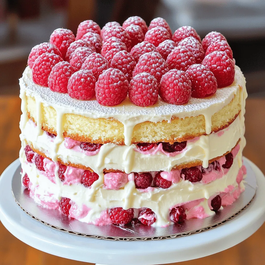 To create the perfect White Chocolate Raspberry Cake, gather these simple yet essential ingredients: - 1 ½ cups all-purpose flour - 1 ½ teaspoons baking powder - ½ teaspoon baking soda - ¼ teaspoon salt - ½ cup unsalted butter, softened to room temperature - 1 cup granulated sugar - 3 large eggs - 1 teaspoon vanilla extract - ½ cup sour cream - ½ cup milk (whole or 2%) - 1 cup white chocolate chips - 1 cup fresh raspberries (plus extra for garnish) - Powdered sugar (for a finishing touch) Each ingredient plays a vital role in building flavors and textures. The unsalted butter gives the cake a rich base, while granulated sugar adds sweetness. Eggs provide structure and moisture. The white chocolate chips melt beautifully, creating creamy pockets of sweetness. Fresh raspberries add a tart contrast, brightening each bite. Using quality ingredients truly elevates this cake. For the best results, use fresh raspberries. Frozen ones may release too much liquid, affecting the cake's texture. You can find all these ingredients easily at your local grocery store. If you want a deeper flavor, consider using high-quality white chocolate. It can make a noticeable difference. For the full recipe, you can check the detailed steps to make this delicious cake. 1. Preheat your oven to 350°F (175°C). This helps the cake bake evenly. 2. Prepare two 9-inch round cake pans. Grease them with butter and dust with flour. This prevents sticking. 3. In a medium bowl, mix together the dry ingredients. Combine 1 ½ cups flour, 1 ½ teaspoons baking powder, ½ teaspoon baking soda, and ¼ teaspoon salt. Whisk until mixed. 1. In a large bowl, cream together ½ cup softened butter and 1 cup sugar. Use an electric mixer on medium speed. Beat until light and fluffy, about 3-5 minutes. 2. Add 3 large eggs one at a time. Mix well after each egg. Then stir in 1 teaspoon vanilla extract. This adds great flavor! 1. Gradually add the dry ingredients to the wet mixture. Alternate with ½ cup sour cream and ½ cup milk. Start and end with the dry mix. Mix until just combined. Don't worry about lumps; they’re fine! 2. Gently fold in 1 cup white chocolate chips and 1 cup fresh raspberries. Be careful not to break the berries. 3. Divide the batter evenly between the prepared pans and smooth the tops. 4. Place the pans in the oven. Bake for 25-30 minutes. Check for doneness by inserting a toothpick in the center. It should come out clean. 5. Let the cakes cool for 10 minutes in the pans. Use a knife to run around the edges. Transfer the cakes to a wire rack to cool completely. For the full recipe, check out the details above! To make the best White Chocolate Raspberry Cake, you need to follow a few simple tips. First, avoid overmixing your batter. Overmixing can make the cake dense and tough. Mix just until you can’t see dry flour anymore. A few lumps are okay! Next, ensure even baking. Use an oven thermometer to check your oven's temperature. If your oven runs hot or cold, it can affect how the cake bakes. Rotate the pans halfway through baking. This helps each side bake evenly. Now, let’s talk about decorating. Frosting adds a lovely finish. You can use whipped cream for a light touch. A rich white chocolate ganache makes it even more special. For garnishing, fresh raspberries make a beautiful touch. Scatter them on top and around the cake. A light dusting of powdered sugar adds elegance. This quick step makes your cake look professional. If you want more inspiration, check the Full Recipe for additional ideas! {{image_4}} You can enjoy white chocolate raspberry cake in different forms. One fun option is to make white chocolate raspberry cupcakes. These bite-sized treats pack all the flavor of the cake but are easier to share. Just use the same batter. Fill cupcake liners and watch them bake for about 20 minutes. Another idea is to create layered cake variations with different fillings. You can add lemon curd or cream cheese between the layers for a new twist. These flavors pair well with white chocolate and raspberry. Experimenting with fillings can give your cake a fresh taste. You can easily change the flavor of your cake. For a richer taste, try using dark chocolate instead of white chocolate. Dark chocolate adds depth and balances the sweetness. You might also switch out the raspberries for other berries. Strawberries or blueberries work well and offer a different flavor experience. If you want to adjust the sweetness, simply use less sugar. You can also add a pinch of salt to enhance the flavors. This way, you can make the cake fit your personal taste. Each variation can lead to a new favorite dessert! For the full recipe, follow the steps outlined above, and enjoy the delightful journey of baking! To keep your White Chocolate Raspberry Cake fresh, store it properly. Place the cake in an airtight container. If you can’t find one, wrap it tightly in plastic wrap. This keeps moisture in and prevents it from drying out. Refrigerate the cake if you plan to keep it for more than a day. If you want to freeze the cake, slice it first. Wrap each slice in plastic wrap and then in aluminum foil. This method helps protect the cake from freezer burn. You can freeze the cake for up to three months and still enjoy its rich flavors. At room temperature, your cake lasts about two days. If the weather is warm and humid, it may spoil faster. Always check for signs of spoilage. Look for mold or an off smell. If the cake feels too dry or hard, it’s best to toss it out. When stored in the fridge, the cake can last about five days. After this time, it may lose its taste and texture. Always use your senses to check if it’s still good before enjoying another slice. Can I substitute sour cream in the recipe? Yes, you can use Greek yogurt or buttermilk instead of sour cream. Both give great moisture and flavor. Greek yogurt has a similar tang and thickness. Buttermilk adds a nice lightness to the cake. Use the same amount as the recipe states. What can be used instead of fresh raspberries? If you can’t find fresh raspberries, frozen ones work too. Just thaw them and drain excess liquid. You can also try other berries like strawberries or blueberries. Each option brings its own unique taste to the cake. Where to find ready-made white chocolate raspberry cakes You can find ready-made white chocolate raspberry cakes at local bakeries or cake shops. Many grocery stores also carry them in their bakery section. Check online delivery services for more options. Websites like Goldbelly or local delivery apps often feature gourmet cakes from popular bakeries. Recommendations for trusted bakeries or online options For trusted bakeries, look for ones with good reviews in your area. Some well-known online options include Flour Bakery and Magnolia Bakery. They offer high-quality cakes and delivery options. Gluten-free modifications To make a gluten-free version, swap the all-purpose flour with a gluten-free blend. Be sure to choose a blend that includes xanthan gum for better texture. You can also use almond flour or coconut flour, but adjust the liquid in the recipe as needed. Vegan alternatives for the recipe For a vegan cake, replace eggs with flaxseed meal or applesauce. Use plant-based butter instead of regular butter. Make sure to use almond milk or soy milk in place of regular milk. These swaps keep the cake delicious while meeting dietary needs. This blog post covered how to make a delicious white chocolate raspberry cake. We detailed ingredients, step-by-step instructions, and useful tips to ensure success. I shared ideas for variations and storage to keep your cake fresh. Remember, the key is to enjoy the baking process. Feel free to experiment with flavors and modifications. Baking should be fun and satisfying, so don’t hesitate to try new things. Happy baking!