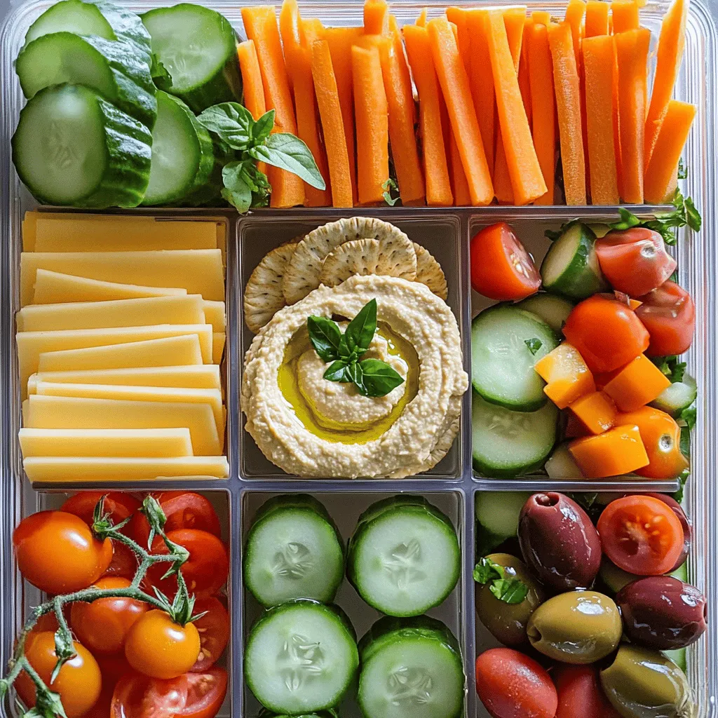 When making a Homemade Lunchable, I focus on fresh and fun ingredients. Here’s what you need: - Whole grain crackers - Cheddar cheese - Turkey or chicken breast - Hummus - Carrot sticks - Cucumber sticks - Grape tomatoes - Olives - Sweet dip options These ingredients make a tasty and balanced meal. Whole grain crackers provide crunch and fiber. Cheddar cheese gives a rich flavor. Turkey or chicken breast adds protein, while hummus offers a creamy dip. Carrot sticks and cucumber sticks bring crunch and vitamins. Grape tomatoes add sweetness and color. Olives give a briny taste that complements the other flavors. Sweet dip options, like honey, make it a fun treat. You can mix and match these ingredients. It allows for creativity. This way, you can cater to different tastes and preferences. Plus, the colors and textures make it appealing. Using fresh ingredients makes this lunchable healthy and delightful. You can find the full recipe to guide you through the process. Enjoy making your own delicious lunchable! Start by getting all your ingredients ready. Slice the cheddar cheese into small, bite-sized pieces. This makes it easy to eat with the crackers. Next, slice the turkey or chicken breast in the same way. Keep the meat and cheese separate to avoid mixing flavors. Now, wash the carrot and cucumber sticks thoroughly. Cut them into manageable sizes. You want them easy to grab and dip. Finally, rinse the grape tomatoes and set them aside. Grab a lunchbox or a container with sections. Begin by placing the whole grain crackers in one area. Leave enough space so you can pair them easily with cheese and meat. In another section, add the sliced cheddar cheese. Next, place the turkey or chicken slices in a different compartment to keep the flavors distinct. This makes it fun to mix and match. Scoop a generous amount of hummus into a compartment. This will be a tasty dip for your crackers, veggies, and meats. In another small cup, add the olives to keep them separate. This helps maintain their flavor and texture. If you want to add a little sweetness, drizzle a tablespoon of honey in a small container. This is optional but makes a fun treat! Finally, garnish your Lunchable with fresh herbs. They add a nice burst of color and flavor. Now, secure the lunchbox with its lid. You can refrigerate it until you're ready to eat. Enjoy your homemade Lunchable! For more ideas, check out the Full Recipe. When making your Homemade Lunchable, pick the best meats and cheeses. Choose lean turkey or chicken breast for protein. Cheddar cheese adds a rich taste. Look for fresh, high-quality options. For veggies, select fresh carrots, cucumbers, and grape tomatoes. Crunchy veggies make your lunch fun. They also add color and nutrients. Visit local markets for the best produce. Serving sizes matter for kids and adults. Aim for about 4 ounces of protein. This amount works well for a balanced snack. Use about 1 cup of veggies. This keeps the meal healthy and fresh. Balance is key. Include protein, carbs, and veggies in each Lunchable. Whole grain crackers give energy. They pair well with meats and dips. Make your Lunchable look appealing. Arrange ingredients in fun shapes or colors. Use small cups for dips and olives. This keeps flavors separate and neat. Try stacking cheese and meat for a fun look. Kids love colors, so mix red, green, and orange. Use fresh herbs for garnish. They add a pop of color and flavor. With these tips, you can make a Homemade Lunchable that is not only tasty but also visually exciting. For the complete guide, see the Full Recipe. {{image_4}} You can easily swap ingredients in your Homemade Lunchable. For protein, try using ham or tofu. Both options add great flavor. For dips, think about using guacamole or tzatziki. These dips bring new tastes and textures to your meal. If you need gluten-free options, choose gluten-free crackers. Many brands offer tasty choices that fit your needs. For a vegan Lunchable, skip the meat and cheese. Instead, use hummus and add more veggies. This way, you still enjoy a filling meal without animal products. Get creative with themed Lunchables! For Halloween, use spooky cookie cutters for cheese shapes. You can add orange and black foods like carrots and olives for fun. During Christmas, make it festive with red and green veggies. Swap in seasonal ingredients to keep it fresh and exciting all year long. To keep your homemade Lunchables fresh, refrigeration is key. First, place your packed lunchbox in the fridge right after you prepare it. This helps keep all the ingredients crisp and safe to eat. Aim to eat your lunchable within three days for the best taste. The veggies and dips stay fresh, while the meats and cheese hold up well for this time. If you have a busy week ahead, meal prep is a great idea. You can make several Lunchables at once. Store each in its own lunchbox to grab and go. For longer storage, you can freeze certain ingredients. For instance, freeze hummus in small containers. You can add it to your lunchable when ready to eat. Just remember to thaw it in the fridge overnight. Choosing the right container matters. Use containers that seal tightly to keep everything fresh. Compartmentalized lunchboxes work best. They allow you to keep meats, veggies, and dips separate. This way, you maintain the flavors and textures. Look for boxes that are easy to clean and safe for the dishwasher. You can use several tasty options instead of crackers. Here are some great choices: - Rice cakes for a light crunch - Pita chips for a thicker bite - Popcorn for a fun snack - Tortilla chips for a classic crunch - Sliced veggies like bell peppers or celery These alternatives can add fun textures and flavors to your meal. Homemade Lunchables can stay fresh in the fridge for about three days. Keep them in an airtight container. This helps maintain the taste and texture of the ingredients. Use your senses to check for freshness. If anything looks or smells off, it's best to toss it. Definitely! Fruits are a great addition to your Lunchable. Here are some ideas: - Apple slices for sweetness - Grapes for a juicy burst - Strawberries for a fresh taste - Orange segments for a zesty flavor - Dried fruits like apricots or raisins for a chewy treat Adding fruits not only boosts nutrition but also makes your Lunchable more colorful and fun. For more details, refer to the Full Recipe. Homemade Lunchables give you a fun and healthy option for meals. We discussed great ingredients like whole grain crackers, cheese, and fresh veggies. I shared tips for prep and assembly. You can even swap ingredients based on your tastes and dietary needs. Storing them right helps keep everything fresh longer. Don’t forget to get creative with theme ideas! With these steps, you can make tasty Lunchables that kids will love. Enjoy turning lunch into a fun experience!