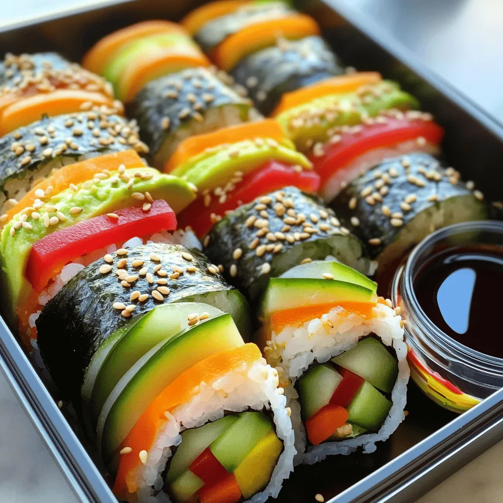 Creating a fun and colorful bento box starts with fresh and vibrant ingredients. Here’s what you need for the Colorful Rainbow Sushi Rolls: - 1 cup sushi rice - 1 1/4 cups water - 1 tablespoon rice vinegar - 1 tablespoon sugar - 1/2 teaspoon salt - 4 sheets of nori (seaweed) - 1/2 cucumber, cut into thin strips - 1 small carrot, julienned - 1/2 avocado, sliced - 1/4 cup red bell pepper, thinly sliced - Soy sauce (for dipping) - Sesame seeds (optional for garnish) Sushi rice is the base of your rolls. It provides energy and keeps you full. Cucumber adds crunch and hydration. Carrots offer vitamins for healthy eyes. Avocado brings healthy fats that are good for the heart. Red bell pepper gives a sweet taste and many antioxidants. Using soy sauce adds flavor but can be high in salt. You need a few tools to make this bento box easy. First, a pot for cooking rice is a must. A bamboo sushi mat helps roll your sushi neatly. You should also have a sharp knife for slicing the rolls. Lastly, a cutting board will keep your workspace tidy. If you have allergies, there are great swaps. Use quinoa or brown rice instead of sushi rice. For those allergic to nori, try using lettuce leaves. Instead of soy sauce, coconut aminos make a tasty alternative. Always check labels to ensure safety for your kids. These ingredients and tools make your bento box fun and healthy. Feel free to add other colorful fruits or veggies for variety. Check out the Full Recipe for detailed instructions. To make sushi rice, you first need to rinse it. Use cold water to wash the rice until it runs clear. This step removes excess starch. Next, in a medium pot, combine 1 cup of sushi rice and 1 1/4 cups of water. Bring it to a gentle boil over medium heat. Cover the pot and reduce the heat to low. Allow the rice to simmer for 18-20 minutes. After cooking, remove the pot from heat and let it sit for 10 more minutes. This resting time helps the rice finish steaming. While the rice rests, prepare sushi seasoning. In a small pot, mix 1 tablespoon of rice vinegar, 1 tablespoon of sugar, and 1/2 teaspoon of salt. Heat gently until the sugar dissolves. Once done, remove it from heat and let it cool. After resting, stir this mixture into the rice. Let the seasoned rice cool to room temperature. Now, it’s time to roll! Set a bamboo sushi mat on a clean surface. Place one sheet of nori, shiny side down, on the mat. With damp hands, take a portion of the sushi rice and spread it over the nori. Leave about 1 inch of the top edge bare for sealing. Aim for a thin layer for a good roll. Next, add your colorful fillings. Lay cucumber strips, julienned carrot, avocado slices, and red bell pepper in the center of the rice. You can layer them or group them for extra color. Start rolling from the bottom of the mat, applying even pressure. Use the mat to guide the roll, keeping it tight. When you reach the bare edge, wet it slightly to seal the roll. To slice your rolls, use a sharp knife. Wipe the knife with a damp cloth between cuts. This keeps your edges neat. Aim for bite-sized pieces. Once sliced, arrange the sushi rolls in a bento box. You can sprinkle sesame seeds on top for flair. Serve with a small dish of soy sauce for dipping. Enjoy your colorful rainbow sushi rolls! For the full recipe, refer back to the earlier section. Creating rainbow sushi rolls is a fun way to bring color to lunch. You start by making sushi rice. Rinse 1 cup of sushi rice under cold water until clear. Cook it with 1 1/4 cups of water for about 20 minutes. After cooking, mix in rice vinegar, sugar, and salt for flavor. Let it cool. Next, gather your colorful fillings. Use cucumber, carrots, avocado, and red bell pepper. These bright colors make the rolls look cheerful. To roll, place a sheet of nori on a sushi mat. Spread the rice evenly, leaving an inch at the top. Arrange your fillings in a line on the rice. Roll it tightly from the bottom. Seal the edge with a bit of water. Slice into bite-sized pieces. These sushi rolls are not only tasty but also fun to eat. They fit perfectly in a bento box. You can serve them with soy sauce for dipping. For a special touch, sprinkle sesame seeds on top. To keep things interesting, switch up your ingredients. Try adding cooked shrimp or crab for a seafood twist. You can also use sliced mango or bell peppers for a sweet crunch. Other great options include cream cheese or spicy mayo for added creaminess. Try different vegetables like spinach or radishes for more color. You can even create a sushi roll with breakfast items. Use scrambled eggs, spinach, and cheese for a morning treat. This keeps lunchtime exciting and fresh. Themed bento boxes make lunch even more fun. Create a pirate-themed box with fish-shaped sandwiches and fruit cut into treasure shapes. Use cookie cutters for fun shapes. For a garden theme, fill the box with flower-shaped veggie slices and hummus. You can also create a rainbow theme with various fruit and veggie colors. Use colorful containers to make lunch visually appealing. These ideas make preparing lunch a joyful experience. Your kids will love the surprise of a themed bento box! For a full recipe on making colorful rainbow sushi rolls, check the complete instructions above. {{image_4}} To keep your bento box lunch fresh, choose airtight containers. Use small ice packs to keep food cool. Wrap fruits in a paper towel to absorb moisture. This helps prevent sogginess. Pack items that don't spoil quickly, like carrots and bell peppers. Avoid packing foods that wilt, like lettuce. Use lemon juice on fruits to stop browning. Pair your rainbow sushi rolls with colorful sides. Try sliced fruits like strawberries and grapes. Add crunchy veggies like snap peas or radishes. You can also include cheese cubes for protein. Hummus or yogurt dips make fun additions too. Use small containers to keep dips separate. This keeps everything fresh and appealing. Prep your sushi rice in advance. It stores well in the fridge for a few days. Cut vegetables ahead of time and keep them in the fridge. Use a vegetable peeler for quick slicing. Make extra sushi rolls for future lunches. Store them in the freezer for quick meals. This cuts down on daily prep time. For a quick assembly, use pre-made sushi kits available at stores. Try the colorful rainbow sushi rolls in your next bento box! For the full recipe, check out the instructions above. To keep your colorful rainbow sushi rolls fresh, store them in an airtight container. Wrap each roll tightly in plastic wrap. This keeps moisture in and prevents drying. Place a damp paper towel in the container for added moisture. Avoid stacking the rolls to prevent squishing. Sushi is best enjoyed fresh. If you need to reheat, use a microwave at low power. Heat for 10-15 seconds to avoid cooking the fish or veggies. Check if it's warm enough before serving. Reheating can change the texture, so serve cold when possible. For the best taste, eat sushi within 24 hours. Store it in the fridge if not eaten right away. Keep an eye on the ingredients. If the fish or veggies smell off, it's time to toss them. Always prioritize freshness for a safe and tasty meal. For a delightful recipe, try my colorful rainbow sushi rolls. You can find the full recipe above. Yes, you can use brown rice. It has a nuttier flavor. Brown rice requires more water and a longer cooking time. Use about 1 ½ cups of water for 1 cup of brown rice. Cook it for 45 minutes to 1 hour. The texture will be chewier than sushi rice. Sushi rolls may fall apart more easily, so be gentle when rolling. If you don’t have nori, try using lettuce leaves or rice paper. These options add a fresh crunch. You can also use thin slices of cucumber. They provide a refreshing taste. Another fun idea is to use seaweed snacks. They are already seasoned and add flavor. To keep sushi rolls crisp, use fresh ingredients. Don’t overfill the rolls, as this can make them soggy. Keep the sushi rice at room temperature before rolling. After rolling, wrap the sushi tightly in plastic wrap. This helps maintain freshness until lunchtime. You can also pack them with a cold pack to keep them cool. You’ve learned about the key ingredients for sushi and how to prepare them. I shared easy step-by-step instructions to make sushi rolls. We explored fun bento box ideas that kids will love. Plus, I gave tips for keeping your food fresh and tasty. Remember to store your sushi properly for the best results. Keeping sushi fun and easy can make mealtime exciting. Enjoy making these dishes, and share your creations with those around you!
