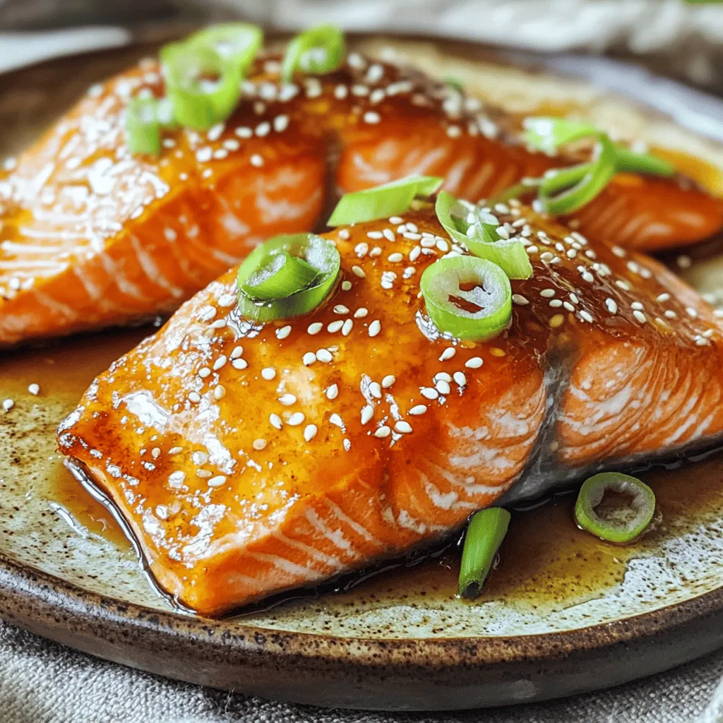 To make honey glazed salmon, you need a few key ingredients. They are: - 4 salmon fillets (approximately 6 oz each) - 1/4 cup pure honey - 2 tablespoons low sodium soy sauce - 1 tablespoon Dijon mustard - 2 cloves garlic, finely minced - 1 tablespoon fresh ginger, finely grated - 1 tablespoon sesame oil - Salt and freshly ground black pepper to taste - 2 green onions, thinly sliced (for garnish) - Toasted sesame seeds (for garnish) These ingredients create a sweet and savory glaze that makes the salmon delicious. Choosing the right products can elevate your dish. I recommend using: - Wild-caught salmon for better flavor and texture. - Organic honey for a pure taste. - Low sodium soy sauce to control the salt level. - Fresh garlic and ginger for a stronger flavor. - High-quality sesame oil to enhance the dish. These products give you the best taste and health benefits. You can add optional ingredients to boost flavor. Consider: - A splash of rice vinegar for a tangy kick. - Red pepper flakes for some heat. - Fresh herbs like cilantro or parsley for a fresh touch. These additions can make your honey glazed salmon unique. Start by gathering your ingredients. You will need honey, soy sauce, Dijon mustard, garlic, ginger, and sesame oil. In a medium bowl, mix the honey, soy sauce, Dijon mustard, minced garlic, grated ginger, and sesame oil. Whisk it all together until smooth. This marinade gives the salmon its sweet and savory flavor. Make sure all the ingredients blend well. Now, take your salmon fillets. Place them skin-side down in a shallow dish or a resealable bag. Pour the marinade over the salmon. Make sure each fillet gets a good coating. Cover the dish or seal the bag. Let it sit in the fridge for at least 30 minutes. For a stronger flavor, you can let it marinate for up to 2 hours. This step is key to infusing the salmon with rich flavors. You can cook the salmon either by grilling or broiling. First, preheat your grill or oven broiler to medium-high heat. - For Grilling: Place the salmon fillets on the grill, skin-side down. Grill for 6-8 minutes based on how you like your salmon. Baste with the reserved marinade to keep it moist. - For Broiling: Line a baking sheet with aluminum foil. Place the fillets skin-side down on the sheet. Broil for 6-8 minutes, basting halfway through. The salmon is done when it flakes easily with a fork. Remove it from heat and let it rest for a few minutes. This helps the juices mix back in for a juicy bite. You can find the full recipe details above. Enjoy your cooking! To get that shiny and tasty glaze on your salmon, marination is key. The honey, soy sauce, and mustard mix creates a sweet and savory base. Make sure to whisk the marinade well to blend all flavors. When you coat the salmon, let it sit in the fridge for at least 30 minutes. This helps the fish absorb the flavors. If you can, marinate for up to two hours. You will notice a richer taste. When cooking, keep the heat at medium-high. This allows the honey to caramelize without burning. If grilling, baste the salmon with leftover marinade while it cooks. This adds moisture and boosts flavor. If broiling, keep an eye on the salmon. You want it lightly charred but not burnt. One mistake is not marinating long enough. A short time won't let the flavors develop. Another mistake is using too much heat. High heat can burn the honey quickly, ruining the glaze. Always check the salmon for doneness. It should flake easily and look opaque. Avoid overcrowding the grill or pan. This can cause uneven cooking. Lastly, don't skip the seasoning. A pinch of salt and pepper elevates the dish. Cooking time varies based on your taste. For salmon that is medium-rare, grill or broil for about 6 minutes. If you prefer it medium, aim for around 8 minutes. For well-done salmon, cook it for about 10 minutes. Always check the fillets with a fork. They should flake easily. Remember, salmon keeps cooking after you remove it from heat. Let it rest for a few minutes. This helps keep the juices inside. Enjoy your honey glazed salmon warm and fresh! For more details on making this dish, check out the Full Recipe. {{image_4}} You can easily cook honey glazed salmon in different ways. If you want a crispy finish, the air fryer is a great choice. Set your air fryer to 400°F and cook the salmon for 8 to 10 minutes. This method gives a nice crunch without drying it out. For the oven, preheat it to 400°F. Place the salmon on a lined baking sheet. Bake it for 12 to 15 minutes. Check for doneness when it flakes easily. Both methods keep the fish moist and full of flavor. Don't be afraid to change things up! Try using maple syrup instead of honey for a deeper flavor. You can also add a splash of orange juice for a zesty kick. If you like heat, mix in some red pepper flakes. Fresh herbs like dill or cilantro also add a fresh touch to the dish. Honey glazed salmon pairs well with many sides. Serve it with steamed broccoli or roasted asparagus for a healthy meal. Rice or quinoa also works great to soak up the delicious glaze. For a refreshing twist, try a side salad with citrus dressing. For a special touch, drizzle extra glaze on top before serving. This adds a glossy finish and makes the dish look stunning. To find the complete recipe, check out the Full Recipe. After enjoying your honey glazed salmon, you may have some leftovers. To keep it fresh, let the salmon cool to room temperature. Then, place it in an airtight container. Make sure to seal it tightly. Store it in the fridge for up to three days. You can also wrap the salmon in plastic wrap, but I prefer the container method for better protection. When you’re ready to eat the leftover salmon, I recommend reheating it gently. The microwave can dry it out, so use it only if needed. Instead, preheat your oven to 275°F (135°C). Place the salmon on a baking sheet. Cover it with foil to keep it moist. Heat for about 10-15 minutes, or until warm. You can also reheat it in a skillet over low heat. Add a splash of water or extra marinade to keep it juicy. If you want to store salmon for a longer time, freezing is a great option. Wrap each fillet tightly in plastic wrap, then place it in a freezer bag. Remove as much air as possible. Frozen salmon can last for about three months. To thaw, move the salmon to the fridge overnight. This way, it retains its taste and texture well. You can add fresh herbs to your honey glaze. Try using dill, parsley, or cilantro. Chop the herbs finely and mix them into the marinade. This adds a fresh taste and bright color. You can also sprinkle fresh herbs on top after cooking. This gives a pop of flavor and looks beautiful. Yes, it is safe to eat salmon at medium doneness. The internal temperature should reach 125°F (52°C). At this point, the salmon remains moist and tender. If you prefer your salmon well done, cook it to 145°F (63°C). Just remember that the fish may become dry at higher temperatures. The best side dish for honey glazed salmon is rice or quinoa. They soak up the flavors well. You can also serve steamed vegetables, like broccoli or green beans. A fresh salad with a light vinaigrette pairs nicely too. These sides enhance the meal without overpowering the salmon. For more details, check the Full Recipe. Honey glazed salmon is a great dish that’s easy to make. We explored key ingredients, from the honey and soy sauce to optional spices for extra flavor. I shared step-by-step instructions on marinating and cooking methods. You learned tips to avoid common mistakes and how to get the perfect glaze. Variations let you try different cooking methods and flavors. Don’t forget how to store leftovers for later enjoyment. Perfecting honey glazed salmon is rewarding and fun. Enjoy your cooking journey and savor every bite!