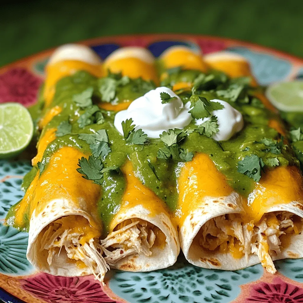 To make tasty Hatch green chile enchiladas, gather these key ingredients: - 12 corn tortillas - 2 cups shredded cooked chicken (or black beans for a vegetarian option) - 1 cup Hatch green chiles, roasted, peeled, and finely chopped - 1 cup sharp cheddar cheese, shredded - 1 cup Monterey Jack cheese, shredded - 2 cups green enchilada sauce (store-bought or homemade) - 1/2 cup sour cream - 1/4 cup fresh cilantro, chopped (plus extra for garnish) - 1 tablespoon olive oil - 1 teaspoon garlic powder - Salt and pepper to taste These ingredients create a rich flavor and creamy texture in your enchiladas. You might want to add some fun extras to your enchiladas. Here are a few ideas: - Diced onions for crunch - Sliced olives for a briny kick - Corn for sweetness - Avocado slices for creaminess - Jalapeños for extra heat Mix and match these optional ingredients to suit your taste. If you have special dietary needs, don't worry! You can make these enchiladas work for you. Here are some great substitutions: - Use gluten-free tortillas if you need a gluten-free option. - Swap chicken for shredded beef or pork for a different protein. - Replace sour cream with a dairy-free yogurt for lactose intolerance. - Use nutritional yeast instead of cheese for a vegan version. These substitutions keep the dish delicious while accommodating different diets. For the full recipe, check the details above and get ready to cook! Start by gathering all the ingredients. You need corn tortillas, cooked chicken, Hatch green chiles, and cheeses. Measure everything so you have it ready. Preheat your oven to 375°F (190°C). This helps the enchiladas cook evenly. Heat olive oil in a skillet on medium heat. Add the chopped Hatch green chiles and sauté for 2-3 minutes. They should smell great and soften up. Now, it’s time to fill the tortillas. Warm up each tortilla in a skillet or microwave for about 30 seconds. This makes them soft and easy to roll. In a bowl, combine shredded chicken, half of the sharp cheddar, half of the Monterey Jack, sautéed chiles, garlic powder, and season with salt and pepper. Mix well. Spoon 2-3 tablespoons of this mixture into each tortilla. Roll them tightly and place seam-side down in a greased baking dish. Repeat until all tortillas are filled. Pour green enchilada sauce over the rolled enchiladas, covering them fully. Sprinkle the remaining cheeses on top for a cheesy finish. Cover the dish with aluminum foil and bake for 20 minutes. After that, remove the foil and bake for another 10 minutes. This step makes the cheese bubbly and golden. Let the dish cool for about 5 minutes after baking. Drizzle sour cream on top and add fresh cilantro for garnish. Serve hot and enjoy your delicious Hatch Green Chile Enchiladas! For the full recipe, check the [Full Recipe]. To make your enchiladas truly shine, focus on the Hatch green chiles. These chiles have a unique flavor that adds depth. Roast them until charred, then peel and chop them finely. This brings out the best in their taste. Use fresh ingredients whenever possible. Fresh cilantro and lime will elevate your dish. When mixing your filling, be sure to season well. A pinch of salt and pepper can make a big difference. Don’t forget to taste the mixture before rolling. Adjust the seasoning to your liking for a perfectly balanced flavor. One common mistake is skipping the tortilla warming step. Cold tortillas can tear easily. Warm them first to make rolling easier. Another mistake is overfilling your tortillas. This can lead to messy enchiladas. Stick to 2-3 tablespoons per tortilla. Also, avoid using too much sauce. While sauce is important, too much can make your dish soggy. Spread just enough to coat the enchiladas, but not drown them. Toppings can transform your enchiladas. Try adding crumbled queso fresco or diced avocado on top. A sprinkle of fresh cilantro adds color and flavor. You can also serve with a side of Mexican rice or refried beans for a complete meal. For a refreshing contrast, offer a simple salad with lime dressing. This balances the richness of the enchiladas. For more details, check the Full Recipe for complete instructions and tips. {{image_4}} You can easily make Hatch green chile enchiladas vegetarian. Simply swap the shredded chicken for black beans. The black beans add protein and flavor, making the dish hearty and satisfying. You can also mix in some sautéed vegetables, like bell peppers or zucchini, for extra nutrition. These enchiladas remain rich and tasty, thanks to the creamy cheese and green chiles. Hatch green chile enchiladas are great with various proteins. Chicken is a classic choice, but you can use pork or beef for a different twist. Cooked ground beef gives a robust flavor, while shredded pork adds a juicy texture. Use your favorite protein to personalize the dish. Each option brings its unique taste, making each batch of enchiladas special. You can adjust the heat level of your enchiladas by using different chiles. For a mild flavor, use sweet green peppers or Anaheim chiles. If you love heat, add jalapeños or serrano chiles. Hatch green chiles can vary in spice, so taste them before using. Mix and match to find your perfect balance of flavor and spice. To store leftover enchiladas, first, let them cool completely. Then, place them in an airtight container. This will keep them fresh. You can store them in the fridge for up to three days. If you want to eat them later, freezing is a great option. For meal prep, freezing enchiladas is easy. Wrap them tightly in plastic wrap. Then, place them in a freezer-safe bag or container. Be sure to remove as much air as possible. This helps prevent freezer burn. When stored this way, they can last for up to three months. When you're ready to cook, just thaw them overnight in the fridge. To reheat enchiladas, preheat your oven to 350°F (175°C). Place the enchiladas in a baking dish. Cover them with foil to keep them moist. Heat for about 20 minutes. If you want the cheese to get bubbly, remove the foil for the last five minutes. You can also reheat them in the microwave. Just place a damp paper towel over them to keep them from drying out. Enjoy your delicious enchiladas again! For the full recipe, check out the section above. Hatch green chiles come from the Hatch Valley in New Mexico. They are known for their unique flavor and heat. You can find them fresh, canned, or frozen at many grocery stores, especially during the harvest season. Look for them in the produce section or the international aisle. If you can't find fresh ones, canned green chiles work well in this recipe. Yes, you can make these enchiladas gluten-free. Simply choose corn tortillas that are labeled gluten-free. Most corn tortillas are naturally gluten-free, but always check the label to be sure. Additionally, ensure your enchilada sauce does not contain gluten. Many brands offer gluten-free options, or you can make your own sauce at home. You can tell enchiladas are fully cooked when the cheese is bubbly and golden brown. The edges of the tortillas should look slightly crispy, and the filling should be hot throughout. If you have a food thermometer, the center should reach at least 165°F (74°C). Let them cool for a few minutes before serving to ensure they hold their shape. For the full recipe, check the detailed instructions above. Hatch green chile enchiladas are tasty and fun to make. We explored key and optional ingredients to customize your dish. You learned how to prep, assemble, and bake your enchiladas for the best taste. Remember to check for common mistakes and add your favorite toppings. Don't forget about variations for different diets, proteins, and spice levels. Lastly, I shared storage tips to keep leftovers fresh. Enjoy your cooking and get creative with flavors!