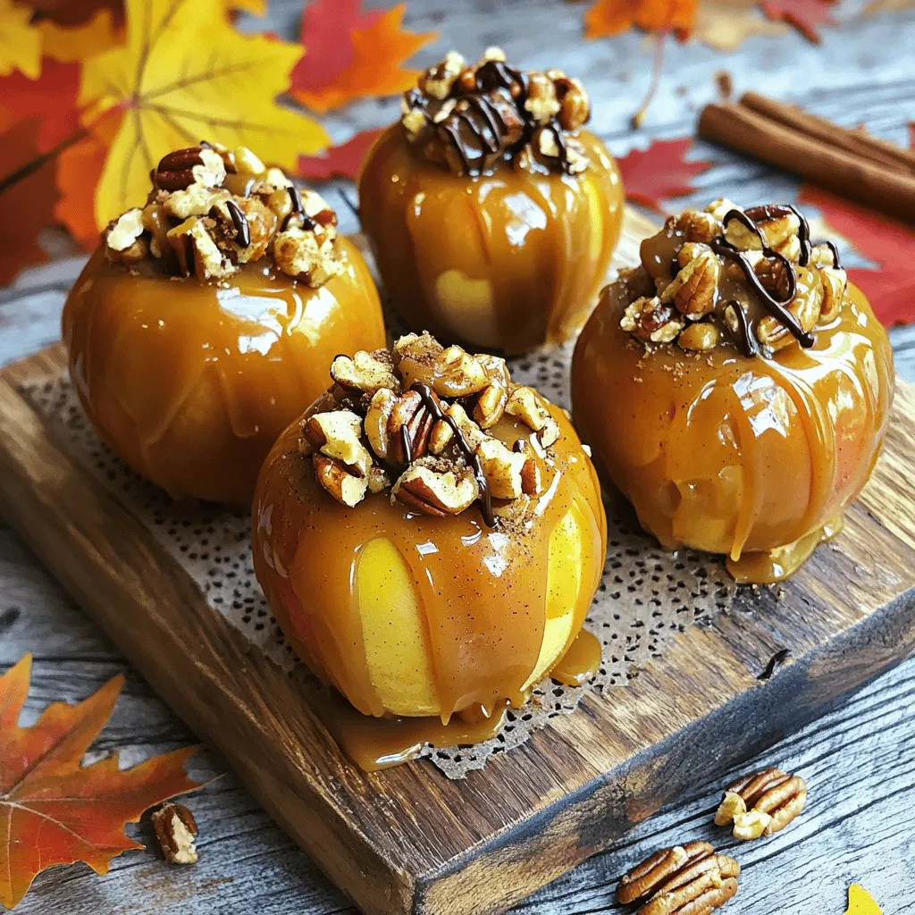 - 4 medium-sized apples (Honeycrisp or Granny Smith for a tart flavor) - 1 cup granulated sugar - 1/2 cup unsalted butter (cut into pieces for easier melting) - 1/2 cup heavy cream (at room temperature) - 1 teaspoon pure vanilla extract - 1 teaspoon ground cinnamon - 1/2 teaspoon ground nutmeg - 1/4 teaspoon fine sea salt - 1 cup chopped nuts (walnuts or pecans, toasted for extra flavor) - 1/2 cup mini chocolate chips (optional, for added sweetness) - 4 wooden craft sticks Caramel apples are a delightful fall treat. For the best flavor, choose fresh, crisp apples. Honeycrisp apples give a sweet and tart taste, while Granny Smith apples add a nice zing. To prepare the caramel, you'll need simple ingredients. Granulated sugar provides the base, and unsalted butter adds creaminess. Heavy cream makes the caramel smooth. Vanilla extract enhances the flavor. Spices like cinnamon and nutmeg bring warmth to the mix. A pinch of sea salt helps balance the sweetness. You can add chopped nuts for crunch and mini chocolate chips for extra fun. Use wooden craft sticks to hold the apples while you coat them in caramel. These ingredients together create a tasty treat full of flavor and texture. For the full recipe, see the detailed instructions above. Start by rinsing the apples under cold water. This removes any wax or dirt. After rinsing, pat them dry with a clean cloth. Dry apples help the caramel stick better. Next, take a wooden stick and insert it into the top of each apple. Push the stick halfway down for a secure hold. Set the apples aside once they are ready. In a medium saucepan, combine 1 cup of granulated sugar and 1/2 cup of unsalted butter. Place the pan over medium heat. Stir with a wooden spoon until the mixture melts completely. Keep stirring to prevent burning. When it starts to bubble, you know you are close. Gradually pour in 1/2 cup of heavy cream while still stirring. This part can cause bubbling, so be careful. Then, mix in 1 teaspoon of pure vanilla extract, 1 teaspoon of ground cinnamon, 1/2 teaspoon of ground nutmeg, and 1/4 teaspoon of fine sea salt. Stir well to blend everything. Cook for about 5 minutes until the caramel thickens slightly. It should coat the back of a spoon. Remove the caramel from heat. Dip each apple into the warm caramel. Swirl and roll the apple to coat it fully. Allow any extra caramel to drip back into the pot. While the caramel is still warm, roll the bottom half of each apple in 1 cup of chopped nuts. Press gently to make sure they stick. If you want extra sweetness, sprinkle 1/2 cup of mini chocolate chips on top. Now, place the coated apples upright on a baking sheet lined with parchment paper. This keeps them from sticking. Let them cool at room temperature for about 30 minutes. This allows the caramel to harden completely. You can find the Full Recipe for these autumn spice caramel apples at the beginning of this article. Enjoy the fun of making these delicious treats! How to avoid burning sugar: To prevent burning sugar, use a heavy saucepan. Keep the heat low to medium. Stir the sugar constantly while it melts. Watch closely as it changes color. Once it turns amber, remove it from heat quickly. Signs your caramel is ready: Your caramel is ready when it thickens and coats the back of a spoon. It should have a deep golden color. If it hardens too much, you can add a little cream to adjust it. Suggestions for adding spices: Try adding spices like ginger or allspice to your caramel. They bring warmth to the dish. A pinch of cayenne can also add a fun kick! Pairing apple varieties with toppings: Use Honeycrisp apples for a sweet-tart bite. Granny Smith adds a nice tang. Pair them with toppings like toasted walnuts or chocolate chips for a delightful mix. Creative serving suggestions: For a fun twist, place your caramel apples on a cake stand. Add fresh leaves or flowers around them for color. You can also slice them into wedges for easy sharing. Drizzling extra caramel: Drizzle extra caramel over your apples for a lovely finish. This makes them look fancy and inviting. Sprinkle some sea salt on top for a sweet-salty flavor contrast. {{image_4}} Fall is the best time to explore fun flavors in caramel apples. You can add seasonal spices like: - Ground ginger - Cloves - Pumpkin spice These spices give the apples a warm, cozy taste. You might also try mixing in a splash of apple cider for a fruity twist. For toppings, think outside the box! Instead of just nuts, consider: - Crushed cookies - Sprinkles - Shredded coconut These add texture and color, making your apples pop. If you want nut-free choices, consider using seeds like pumpkin or sunflower seeds. They provide crunch without the risk of allergies. For those who follow a vegan diet, you can make caramel using coconut milk or almond milk. Just replace the heavy cream in the recipe with one of these options. The result is just as creamy and delicious! For Halloween, you can make spooky caramel apples. Use black or orange sprinkles for a festive touch. You can also drizzle melted white chocolate on top to create ghostly faces. At fall festivals, present your apples on wooden platters. Add some leaves or mini pumpkins around them for charm. A simple touch like this makes your treats perfect for any gathering. For more ideas, check out the Full Recipe for Autumn Spice Caramel Apples. To keep your caramel apples fresh, place them in an airtight container. This helps prevent moisture and keeps them from getting sticky. You should store them at room temperature if you plan to eat them within a day. If you want to save them longer, put them in the fridge. Just ensure they are in a container to avoid absorbing odors. Caramel apples last about 1-2 days at room temperature. They may become soft after this, but they will still taste good. If you refrigerate them, they can last up to a week. Just remember, the caramel may get a bit hard, so let them sit at room temp for a few minutes before enjoying. When it comes to giving caramel apples as gifts, make them extra special. Wrap them in clear cellophane and tie with a ribbon. You can also place them in small cardboard boxes for a fun touch. Adding a personalized tag makes it even better. These thoughtful touches show you care and make your gifts memorable. For a delightful recipe, check out the [Full Recipe]. I love using Honeycrisp or Granny Smith apples. They have the right balance of sweet and tart. The crisp texture holds up well under the caramel. Other great choices include Fuji and Gala apples. They are sweet and very juicy too. Make sure to choose firm apples, as they will give you the best crunch. Yes, you can prep caramel apples ahead of time. You can make the caramel a day before. Just store it in a cool place. Coat the apples and let them set before wrapping. Keep them in an airtight container to stay fresh. Just remember, they are best eaten within a couple of days. If your caramel turns grainy, it might have crystallized. To fix this, you can add a little water and reheat it gently. Stir until smooth. Always use a clean pot and utensils to avoid extra sugar crystals. Be sure to watch the heat and stir constantly while cooking. Absolutely! Store-bought caramel can save you time. Look for caramel sauce in the baking aisle. Just warm it slightly to make it easier to dip the apples. You can still add your own toppings for a personal touch. This is a great option when you need a quick treat. To help the caramel stick, dry the apples well after washing. Insert the sticks firmly into the apples. Dip them into warm caramel and let the excess drip off. You can roll them in nuts or toppings while the caramel is still warm. This helps everything adhere nicely. Making caramel apples is fun and tasty. We covered the best ingredients, from apples to toppings. You learned how to prepare, dip, and cool your apples. The tips helped perfect your caramel and enhance flavors. Don’t forget the fun variations and storage ideas! Caramel apples are a great treat for all seasons. Enjoy creating your own unique versions and sharing them with friends. With the right methods, anyone can make these sweet delights. Happy cooking!